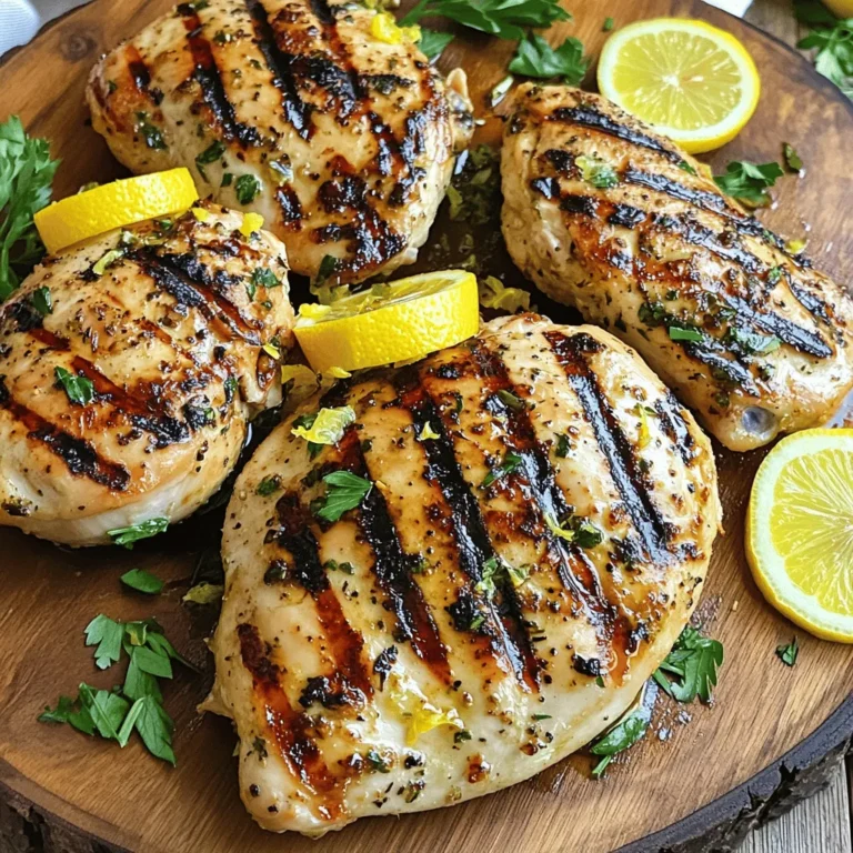 For a perfect Lemon Garlic Herb Grilled Chicken, gather these simple ingredients: - 4 boneless, skinless chicken breasts - 3 tablespoons extra-virgin olive oil - Juice and zest of 2 fresh lemons - 4 cloves of garlic, finely minced - 1 tablespoon fresh rosemary, finely chopped - 1 tablespoon fresh thyme, finely chopped - 1 tablespoon fresh parsley, finely chopped - Salt and freshly ground black pepper to taste These ingredients work together to bring out bright and fresh flavors. The chicken breasts serve as a blank canvas. The olive oil ensures moisture and helps the herbs stick. Lemon juice adds zing, while lemon zest enhances that citrus note. Garlic gives warmth and depth. Herbs like rosemary, thyme, and parsley add layers of flavor. Each herb brings its own unique touch, making the dish aromatic and inviting. Salt and pepper are essential for seasoning, elevating the overall taste. For the full recipe, check out the complete guide. With these ingredients, you are ready to create a delightful meal that impresses. Happy cooking! To start, gather your ingredients. You will need olive oil, lemon juice, lemon zest, garlic, and herbs. In a medium bowl, mix 3 tablespoons of olive oil with the juice and zest of 2 fresh lemons. Add 4 minced garlic cloves, 1 tablespoon each of chopped rosemary, thyme, and parsley. Season with salt and pepper. Use a whisk to blend until smooth. This marinade will give your chicken a great taste. Now, it's time to marinate the chicken. Take 4 boneless, skinless chicken breasts and place them in a large resealable bag or a shallow dish. Pour the marinade over the chicken. Make sure each piece gets a good coating. Seal the bag tightly or cover the dish with plastic wrap. Let the chicken sit in the fridge for at least 30 minutes. For best flavor, marinate for up to 2 hours. This process allows the chicken to soak in all those tasty flavors. Next, preheat your grill to medium-high heat. This step is vital for cooking the chicken evenly. After marinating, carefully remove the chicken from the bag, letting any extra marinade drip off. Discard the leftover marinade to keep things safe. Place the chicken on the grill and cook for about 6 to 7 minutes on each side. Look for nice grill marks and check that the internal temperature reaches 165°F (75°C). Once done, transfer the chicken to a plate. Let it rest for 5 minutes before slicing. This resting time helps keep the chicken juicy. For the full recipe, refer back to the ingredients and instructions above. To get the best flavor from your Lemon Garlic Herb Grilled Chicken, start with fresh ingredients. Use fresh lemons and herbs like rosemary, thyme, and parsley. Fresh garlic adds a strong punch, too. Marinate the chicken for at least 30 minutes. For even more flavor, let it sit for up to 2 hours. This time allows the chicken to absorb all those tasty herbs and lemon juice. For perfect grill marks, preheat your grill to medium-high heat. Make sure it’s hot before you add the chicken. Place the chicken breasts on the grill and don’t move them around too much. Let them cook for 6-7 minutes on one side before flipping. This will help create those beautiful grill lines. If you want deeper marks, turn the chicken 90 degrees halfway through cooking. After grilling, always let the chicken rest for about 5 minutes. This helps the juices stay inside the meat. If you cut it right away, the juices will run out. When serving, place the chicken on a nice platter. You can garnish it with lemon slices and extra herbs for a fresh look. This chicken goes well with grilled veggies or a crisp salad for a nice meal. For the complete recipe, check the Full Recipe section. {{image_4}} You can change the flavor of your Lemon Garlic Herb Grilled Chicken easily. Try adding different herbs like basil or cilantro. A splash of soy sauce can give it an Asian twist. For a spicy kick, add red pepper flakes or a dash of hot sauce. You can even use yogurt instead of oil for a tangy twist. Each change will bring out new tastes in your chicken. This grilled chicken tastes great with many sides. Fresh grilled veggies like zucchini and bell peppers fit perfectly. A light salad with lemon vinaigrette adds a nice crunch. You can also serve it with rice or quinoa for a filling meal. For a fun twist, make a chicken sandwich with the grilled meat and some fresh toppings. Don’t forget to drizzle some extra lemon juice before serving! If you don’t have a grill, don’t worry! You can cook this chicken in a grill pan on the stove. Just heat the pan over medium-high heat and follow the same cooking time. Another option is baking the chicken in the oven. Set it to 400°F (200°C) and bake for about 20-25 minutes. The chicken will still be juicy and full of flavor. For a smoky taste, you can also use a smoker. Each method gives you a unique result while keeping the chicken delicious. For the full recipe, check out the details above! After cooking, let your Lemon Garlic Herb Grilled Chicken cool down. Once cooled, store it in an airtight container. Make sure to refrigerate within two hours. Properly stored, it lasts up to four days in the fridge. This helps keep the chicken juicy and flavorful. If you want to keep it longer, freezing is a great option. Wrap the chicken tightly in plastic wrap, then place it in a freezer-safe bag. Remove as much air as possible to prevent freezer burn. This chicken can be frozen for up to three months. To use, thaw it overnight in the fridge. To reheat, preheat your oven to 350°F (175°C). Place the chicken in a baking dish and cover it with foil. Heat for about 15-20 minutes, or until warmed through. You can also reheat it in a skillet over medium heat. Add a splash of water or broth to keep it moist. Enjoy your flavorful delight, even on the second day! For the full recipe, check out the details above. For the best flavor, marinate chicken for at least 30 minutes. However, I recommend marinating it for up to 2 hours. This time allows the chicken to soak up the zesty flavors from the lemon and herbs. If you have more time, even longer can enhance the taste. Yes, you can use bone-in chicken for this recipe. Bone-in pieces add flavor and moisture. Just ensure you adjust the cooking time. Bone-in chicken may take longer to cook, about 10 minutes more per side. Always check for an internal temperature of 165°F (75°C) to ensure it's safe to eat. Great side dishes for Lemon Garlic Herb Grilled Chicken include: - Grilled vegetables like zucchini and bell peppers - A crisp garden salad with a light vinaigrette - Garlic mashed potatoes for a comforting touch - Quinoa or rice with herbs for a hearty option These sides complement the bright flavors of the chicken and elevate your meal. For the complete recipe, check out the Full Recipe section. We explored the easy process of making Lemon Garlic Herb Grilled Chicken. Start with fresh chicken breasts and a tasty marinade. Marinating the chicken helps enhance flavor. Grilling gives it great marks and a smoky taste. Remember, you can modify the marinade for variety. Store leftovers safely in the fridge or freezer for later. Stay confident in your grilling skills and impress anyone at your next meal. Enjoy your delicious chicken!