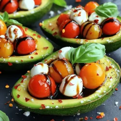 To make Caprese stuffed avocados, you need fresh, quality ingredients. Here’s a simple list: - Ripe avocados - Cherry tomatoes - Fresh mozzarella balls - Fresh basil leaves - Balsamic reduction - Extra virgin olive oil - Salt and black pepper - Optional ingredients for customization These ingredients create a fresh and vibrant dish. The ripe avocados serve as a creamy base. The cherry tomatoes add sweetness, while mozzarella offers a soft texture. Fresh basil gives a fragrant touch. Balsamic reduction adds a tangy finish that ties the flavors together. Extra virgin olive oil enhances everything with richness. You can customize the dish to your liking. For heat, consider adding red pepper flakes. This extra kick will surprise your taste buds. Use this full recipe to dive deeper into the cooking process. Enjoy creating this delightful meal! Start by cutting the ripe avocados in half. Use a sharp knife and be careful. Remove the pits using a spoon or knife. If you want to keep the avocado green, squeeze some lemon juice on the flesh. This step helps prevent browning. In a medium bowl, combine the halved cherry tomatoes, mozzarella balls, and chopped basil. This mix gives the dish its bright, fresh taste. Drizzle the extra virgin olive oil over the mixture. Add a pinch of salt and black pepper to enhance the flavors. Stir gently so you don’t mash the ingredients. Now it’s time to fill the avocado halves. Use a spoon to pack the filling generously into each half. Aim for a nice pile, as this looks great on the plate. Finally, drizzle balsamic reduction over the stuffed avocados. This adds a sweet and tangy finish. For some heat, sprinkle red pepper flakes on top. Enjoy your Caprese stuffed avocados as a fresh treat or a delightful appetizer. For the full recipe, check out the details above. For a stunning display, arrange your Caprese stuffed avocados on a large serving platter. Place them cut side up for a beautiful view. You can also add fresh basil leaves around the avocados for extra color. Consider using a drizzle of balsamic reduction around the plate, which adds flair and flavor. To boost the taste, try adding fresh herbs like oregano or thyme. A sprinkle of garlic powder can add depth. Adjust the salt and pepper to match your taste. If you want more heat, red pepper flakes are a great choice. Just a pinch can make a difference. To save time, chop the tomatoes and basil in advance. Store them in airtight containers in the fridge. This way, you can quickly mix everything when you are ready to serve. For the best taste, choose ripe avocados. They should feel slightly soft when you press them. {{image_4}} You can mix things up with cheese. Try goat cheese or feta for a unique twist. If you want a lighter taste, swap mozzarella for ricotta. You can also replace cherry tomatoes with diced bell peppers. For extra crunch, add cucumbers or radishes. Greens like spinach or arugula can replace basil for a different flavor. To make this dish vegan, use cashew cheese or tofu. Both options work well in place of mozzarella. For gluten-free eaters, this recipe is naturally safe. Just ensure all your ingredients are gluten-free, especially any dressings or sauces. You can turn this dish into a main meal. Serve it with grilled chicken or shrimp for more protein. You can also add a side of quinoa or a fresh salad. Pair it with crusty bread or crispy chips for a fun crunch. These stuffed avocados are great for lunch or dinner. You can find the full recipe for Caprese Stuffed Avocados in earlier sections. To keep your Caprese stuffed avocados fresh, store them in the fridge. Use an airtight container to prevent browning. If you have extra filling, store it separately. This helps maintain the taste and texture. When ready to eat, use a fork to mix the filling again. This brings back the great flavors. You cannot freeze stuffed avocados. The texture of the avocado changes when frozen. However, you can freeze the filling. Use a freezer-safe bag and remove as much air as possible. This helps keep the taste intact. The filling lasts up to three months in the freezer. When ready to use, let it thaw in the fridge overnight. Leftover ingredients have a limited shelf life. Ripe avocados last two to three days in the fridge. Cherry tomatoes stay fresh for about a week. Fresh mozzarella should be used within five days. Always check for signs of spoilage. Look for brown spots or sour odors in produce and dairy. If you see these signs, it’s best to discard them. Caprese stuffed avocados are a fresh and tasty dish. They combine creamy avocado with bright cherry tomatoes, soft mozzarella, and aromatic basil. The blend of flavors creates a delightful bite. The balsamic reduction adds a sweet and tangy finish. This dish is not only colorful but also healthy and filling. Making Caprese stuffed avocados is quick and easy. It only takes about 10 minutes to prepare. Here’s a simple breakdown: - Prep Time: 10 minutes - Total Time: 10 minutes You can have this dish ready in no time, making it perfect for a quick meal or snack. Yes, you can prepare Caprese stuffed avocados ahead of time. For best results, store the filling and avocado separately. Cut the avocados right before serving to keep them fresh. If you want to make the filling in advance, it can last in the fridge for a day. Just remember to cover it well to prevent browning. Caprese stuffed avocados are simple yet delicious. We explored the key ingredients, like ripe avocados, fresh tomatoes, and mozzarella. You learned how to prepare, mix, and assemble your dish. Tips and tricks helped you present this meal beautifully. Variations let you customize for any diet. Finally, we covered how to store leftovers properly. Now, you can impress others with your tasty creation!