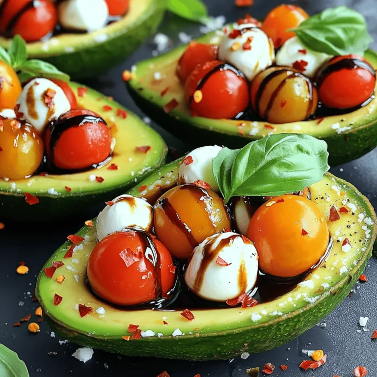 To make Caprese stuffed avocados, you need fresh, quality ingredients. Here’s a simple list: - Ripe avocados - Cherry tomatoes - Fresh mozzarella balls - Fresh basil leaves - Balsamic reduction - Extra virgin olive oil - Salt and black pepper - Optional ingredients for customization These ingredients create a fresh and vibrant dish. The ripe avocados serve as a creamy base. The cherry tomatoes add sweetness, while mozzarella offers a soft texture. Fresh basil gives a fragrant touch. Balsamic reduction adds a tangy finish that ties the flavors together. Extra virgin olive oil enhances everything with richness. You can customize the dish to your liking. For heat, consider adding red pepper flakes. This extra kick will surprise your taste buds. Use this full recipe to dive deeper into the cooking process. Enjoy creating this delightful meal! Start by cutting the ripe avocados in half. Use a sharp knife and be careful. Remove the pits using a spoon or knife. If you want to keep the avocado green, squeeze some lemon juice on the flesh. This step helps prevent browning. In a medium bowl, combine the halved cherry tomatoes, mozzarella balls, and chopped basil. This mix gives the dish its bright, fresh taste. Drizzle the extra virgin olive oil over the mixture. Add a pinch of salt and black pepper to enhance the flavors. Stir gently so you don’t mash the ingredients. Now it’s time to fill the avocado halves. Use a spoon to pack the filling generously into each half. Aim for a nice pile, as this looks great on the plate. Finally, drizzle balsamic reduction over the stuffed avocados. This adds a sweet and tangy finish. For some heat, sprinkle red pepper flakes on top. Enjoy your Caprese stuffed avocados as a fresh treat or a delightful appetizer. For the full recipe, check out the details above. For a stunning display, arrange your Caprese stuffed avocados on a large serving platter. Place them cut side up for a beautiful view. You can also add fresh basil leaves around the avocados for extra color. Consider using a drizzle of balsamic reduction around the plate, which adds flair and flavor. To boost the taste, try adding fresh herbs like oregano or thyme. A sprinkle of garlic powder can add depth. Adjust the salt and pepper to match your taste. If you want more heat, red pepper flakes are a great choice. Just a pinch can make a difference. To save time, chop the tomatoes and basil in advance. Store them in airtight containers in the fridge. This way, you can quickly mix everything when you are ready to serve. For the best taste, choose ripe avocados. They should feel slightly soft when you press them. {{image_4}} You can mix things up with cheese. Try goat cheese or feta for a unique twist. If you want a lighter taste, swap mozzarella for ricotta. You can also replace cherry tomatoes with diced bell peppers. For extra crunch, add cucumbers or radishes. Greens like spinach or arugula can replace basil for a different flavor. To make this dish vegan, use cashew cheese or tofu. Both options work well in place of mozzarella. For gluten-free eaters, this recipe is naturally safe. Just ensure all your ingredients are gluten-free, especially any dressings or sauces. You can turn this dish into a main meal. Serve it with grilled chicken or shrimp for more protein. You can also add a side of quinoa or a fresh salad. Pair it with crusty bread or crispy chips for a fun crunch. These stuffed avocados are great for lunch or dinner. You can find the full recipe for Caprese Stuffed Avocados in earlier sections. To keep your Caprese stuffed avocados fresh, store them in the fridge. Use an airtight container to prevent browning. If you have extra filling, store it separately. This helps maintain the taste and texture. When ready to eat, use a fork to mix the filling again. This brings back the great flavors. You cannot freeze stuffed avocados. The texture of the avocado changes when frozen. However, you can freeze the filling. Use a freezer-safe bag and remove as much air as possible. This helps keep the taste intact. The filling lasts up to three months in the freezer. When ready to use, let it thaw in the fridge overnight. Leftover ingredients have a limited shelf life. Ripe avocados last two to three days in the fridge. Cherry tomatoes stay fresh for about a week. Fresh mozzarella should be used within five days. Always check for signs of spoilage. Look for brown spots or sour odors in produce and dairy. If you see these signs, it’s best to discard them. Caprese stuffed avocados are a fresh and tasty dish. They combine creamy avocado with bright cherry tomatoes, soft mozzarella, and aromatic basil. The blend of flavors creates a delightful bite. The balsamic reduction adds a sweet and tangy finish. This dish is not only colorful but also healthy and filling. Making Caprese stuffed avocados is quick and easy. It only takes about 10 minutes to prepare. Here’s a simple breakdown: - Prep Time: 10 minutes - Total Time: 10 minutes You can have this dish ready in no time, making it perfect for a quick meal or snack. Yes, you can prepare Caprese stuffed avocados ahead of time. For best results, store the filling and avocado separately. Cut the avocados right before serving to keep them fresh. If you want to make the filling in advance, it can last in the fridge for a day. Just remember to cover it well to prevent browning. Caprese stuffed avocados are simple yet delicious. We explored the key ingredients, like ripe avocados, fresh tomatoes, and mozzarella. You learned how to prepare, mix, and assemble your dish. Tips and tricks helped you present this meal beautifully. Variations let you customize for any diet. Finally, we covered how to store leftovers properly. Now, you can impress others with your tasty creation!