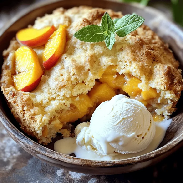 I love using fresh peaches when they are in season. They taste sweet and juicy, making the dessert shine. You can slice about four cups of fresh peaches easily. If fresh ones aren’t available, canned peaches work great too. Just make sure to drain them well. Both options give you that classic peach flavor. Here’s what you need to make this Peach Cobbler Dump Cake: - 2 cans (15 oz each) sliced peaches in syrup, drained (or 4 cups of fresh peaches, sliced) - 1 cup packed brown sugar - 1 teaspoon ground cinnamon - 1 box (15.25 oz) yellow cake mix - 1 cup unsalted butter, melted These ingredients make a simple base that is both easy and delicious. The brown sugar and cinnamon add warmth and sweetness to the peaches. You can elevate this dessert with a few optional ingredients: - 1 cup chopped pecans - 1 teaspoon pure vanilla extract - Whipped cream or vanilla ice cream for serving The pecans add a nice crunch, while vanilla extract deepens the flavor. Serving with whipped cream or ice cream makes it even more special. For the full recipe, check the section above. Enjoy your baking! First, gather all your ingredients. You will need sliced peaches, brown sugar, cinnamon, cake mix, melted butter, and optional pecans. 1. Preheat your oven: Set it to 350°F (175°C). This ensures even cooking. 2. Grease the baking dish: Use a 9x13-inch dish. Greasing helps the cake come out easily. 3. Mix the peaches: In a bowl, combine the drained peaches, brown sugar, cinnamon, and vanilla. Toss gently to coat the peaches. 4. Spread the peaches: Pour the peach mixture into the bottom of the greased dish. Make sure it is even. 5. Add the cake mix: Open the yellow cake mix box. Sprinkle it evenly over the peaches. Don’t stir; leave it as a dry layer. 6. Drizzle with butter: Pour the melted butter over the cake mix. Cover it well. If you like, add chopped pecans on top for crunch. 1. Bake the cobbler: Place the dish in your preheated oven. Bake for 45-50 minutes. Watch for a golden top and bubbling edges. 2. Check for doneness: The cobbler is ready when the top is golden brown. 1. Cool the cobbler: Once baked, take it out of the oven. Let it cool for a few minutes before serving. 2. Serve warm: Dish out the cobbler into bowls. Top with whipped cream or vanilla ice cream if you want. Enjoy this easy and delicious dessert! You can find the Full Recipe for more details. To make sure your Peach Cobbler Dump Cake bakes evenly, follow these tips: - Preheat your oven: Make sure your oven is at 350°F (175°C) before baking. This helps the cake cook properly. - Use a shallow dish: A 9x13-inch baking dish is perfect. It allows heat to circulate well. - Spread the peach mixture evenly: Before adding the cake mix, ensure the peach layer is smooth. This helps each bite have the same flavor. - Distribute cake mix evenly: When you sprinkle the cake mix, cover the peaches fully. This helps it bake evenly. Serving your Peach Cobbler Dump Cake can be fun and creative. Here are some ideas: - Top with ice cream: A scoop of vanilla ice cream makes it even better. - Add whipped cream: A dollop of whipped cream adds a nice touch. - Garnish with fresh fruit: Slices of fresh peach or berries add color and taste. - Serve in bowls: Use decorative bowls for a special touch. This makes your dessert look fancy. Spices can really boost the flavor of your dump cake. Here are some ideas: - Cinnamon: You already use ground cinnamon, but try adding more for warmth. - Nutmeg: A pinch of nutmeg gives a nice twist to the flavor. - Allspice or cardamom: These spices can add depth if you’re feeling adventurous. - Vanilla extract: You can add a little extra for a richer taste. With these tips, your Peach Cobbler Dump Cake will shine! For the complete recipe, check out the [Full Recipe]. {{image_4}} You can switch up the fruit in this recipe. Try using other fruits like cherries, blueberries, or apples. Each fruit brings its own taste and charm. If you want a twist, mix fruits together. For example, peach and raspberry create a sweet-tart delight. Just remember to keep the same amount of fruit so the bake stays perfect. For a gluten-free version, use a gluten-free cake mix instead of yellow cake mix. Many brands offer great options that taste fantastic. You can also check the labels on canned peaches to ensure they are gluten-free. This way, everyone can enjoy a slice of this delicious dessert without worry. To make this recipe vegan, replace the butter with a plant-based alternative. Coconut oil or vegan butter works well. You can also swap the whipped cream or ice cream with a non-dairy version. Almond, soy, or coconut ice cream tastes great on top! These changes keep the dessert tasty while making it suitable for vegan diets. For the full recipe, check out the Peachy Keen Cobbler Dump Cake. To store your peach cobbler dump cake, let it cool completely. Then, cover it tightly with plastic wrap or foil. You can also place it in an airtight container. This helps keep it fresh. Store it in the fridge for up to 4 days. When you're ready to enjoy leftovers, preheat your oven to 350°F (175°C). Place the cobbler in a baking dish. Cover it with foil to keep it moist. Heat for about 15-20 minutes. You can also microwave single servings. Heat for 30 seconds at a time until warm. To freeze peach cobbler dump cake, first let it cool completely. Cut it into pieces and wrap each piece in plastic wrap. Place wrapped pieces in a freezer bag. Make sure to remove excess air. You can store it in the freezer for up to 3 months. To serve, thaw it in the fridge overnight. Reheat as needed. For the full recipe, check out [Full Recipe]. Yes, you can use frozen peaches. Just thaw them and drain excess liquid. Frozen peaches work well and save time. They keep the same sweet flavor. You may want to add a little extra sugar if they taste tart. You can store peach cobbler dump cake for up to four days. Keep it covered at room temperature. If you want it to last longer, store it in the fridge. Just reheat it in the oven or microwave before serving for the best taste. The best way to serve peach cobbler is warm. Add a scoop of vanilla ice cream or whipped cream on top. The cold cream adds a nice contrast to the warm cake. You can also garnish with fresh peach slices. This makes the dish look extra special. For the full recipe, check out the details above! This blog post covered all the key parts of making a peach cobbler dump cake. We talked about fresh and canned peaches, essential and optional ingredients, and how to prepare, bake, cool, and serve your cake. You now have tips to ensure even baking and flavor boosts using spices. Plus, we explored variations for different diets and how to store your leftovers. In summary, this simple dessert can fit anyone's taste. Enjoy your baking journey and share your tasty results!