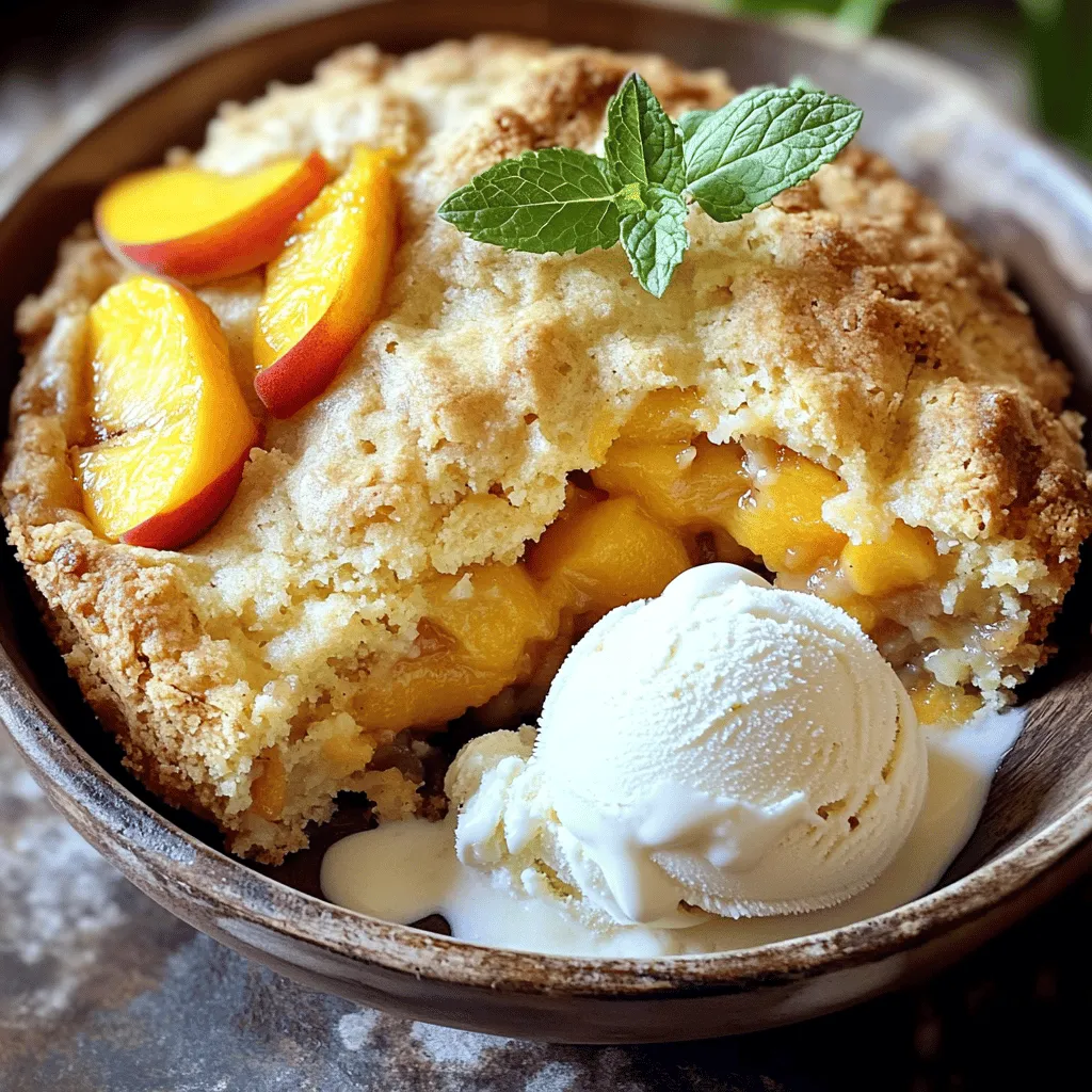 I love using fresh peaches when they are in season. They taste sweet and juicy, making the dessert shine. You can slice about four cups of fresh peaches easily. If fresh ones aren’t available, canned peaches work great too. Just make sure to drain them well. Both options give you that classic peach flavor. Here’s what you need to make this Peach Cobbler Dump Cake: - 2 cans (15 oz each) sliced peaches in syrup, drained (or 4 cups of fresh peaches, sliced) - 1 cup packed brown sugar - 1 teaspoon ground cinnamon - 1 box (15.25 oz) yellow cake mix - 1 cup unsalted butter, melted These ingredients make a simple base that is both easy and delicious. The brown sugar and cinnamon add warmth and sweetness to the peaches. You can elevate this dessert with a few optional ingredients: - 1 cup chopped pecans - 1 teaspoon pure vanilla extract - Whipped cream or vanilla ice cream for serving The pecans add a nice crunch, while vanilla extract deepens the flavor. Serving with whipped cream or ice cream makes it even more special. For the full recipe, check the section above. Enjoy your baking! First, gather all your ingredients. You will need sliced peaches, brown sugar, cinnamon, cake mix, melted butter, and optional pecans. 1. Preheat your oven: Set it to 350°F (175°C). This ensures even cooking. 2. Grease the baking dish: Use a 9x13-inch dish. Greasing helps the cake come out easily. 3. Mix the peaches: In a bowl, combine the drained peaches, brown sugar, cinnamon, and vanilla. Toss gently to coat the peaches. 4. Spread the peaches: Pour the peach mixture into the bottom of the greased dish. Make sure it is even. 5. Add the cake mix: Open the yellow cake mix box. Sprinkle it evenly over the peaches. Don’t stir; leave it as a dry layer. 6. Drizzle with butter: Pour the melted butter over the cake mix. Cover it well. If you like, add chopped pecans on top for crunch. 1. Bake the cobbler: Place the dish in your preheated oven. Bake for 45-50 minutes. Watch for a golden top and bubbling edges. 2. Check for doneness: The cobbler is ready when the top is golden brown. 1. Cool the cobbler: Once baked, take it out of the oven. Let it cool for a few minutes before serving. 2. Serve warm: Dish out the cobbler into bowls. Top with whipped cream or vanilla ice cream if you want. Enjoy this easy and delicious dessert! You can find the Full Recipe for more details. To make sure your Peach Cobbler Dump Cake bakes evenly, follow these tips: - Preheat your oven: Make sure your oven is at 350°F (175°C) before baking. This helps the cake cook properly. - Use a shallow dish: A 9x13-inch baking dish is perfect. It allows heat to circulate well. - Spread the peach mixture evenly: Before adding the cake mix, ensure the peach layer is smooth. This helps each bite have the same flavor. - Distribute cake mix evenly: When you sprinkle the cake mix, cover the peaches fully. This helps it bake evenly. Serving your Peach Cobbler Dump Cake can be fun and creative. Here are some ideas: - Top with ice cream: A scoop of vanilla ice cream makes it even better. - Add whipped cream: A dollop of whipped cream adds a nice touch. - Garnish with fresh fruit: Slices of fresh peach or berries add color and taste. - Serve in bowls: Use decorative bowls for a special touch. This makes your dessert look fancy. Spices can really boost the flavor of your dump cake. Here are some ideas: - Cinnamon: You already use ground cinnamon, but try adding more for warmth. - Nutmeg: A pinch of nutmeg gives a nice twist to the flavor. - Allspice or cardamom: These spices can add depth if you’re feeling adventurous. - Vanilla extract: You can add a little extra for a richer taste. With these tips, your Peach Cobbler Dump Cake will shine! For the complete recipe, check out the [Full Recipe]. {{image_4}} You can switch up the fruit in this recipe. Try using other fruits like cherries, blueberries, or apples. Each fruit brings its own taste and charm. If you want a twist, mix fruits together. For example, peach and raspberry create a sweet-tart delight. Just remember to keep the same amount of fruit so the bake stays perfect. For a gluten-free version, use a gluten-free cake mix instead of yellow cake mix. Many brands offer great options that taste fantastic. You can also check the labels on canned peaches to ensure they are gluten-free. This way, everyone can enjoy a slice of this delicious dessert without worry. To make this recipe vegan, replace the butter with a plant-based alternative. Coconut oil or vegan butter works well. You can also swap the whipped cream or ice cream with a non-dairy version. Almond, soy, or coconut ice cream tastes great on top! These changes keep the dessert tasty while making it suitable for vegan diets. For the full recipe, check out the Peachy Keen Cobbler Dump Cake. To store your peach cobbler dump cake, let it cool completely. Then, cover it tightly with plastic wrap or foil. You can also place it in an airtight container. This helps keep it fresh. Store it in the fridge for up to 4 days. When you're ready to enjoy leftovers, preheat your oven to 350°F (175°C). Place the cobbler in a baking dish. Cover it with foil to keep it moist. Heat for about 15-20 minutes. You can also microwave single servings. Heat for 30 seconds at a time until warm. To freeze peach cobbler dump cake, first let it cool completely. Cut it into pieces and wrap each piece in plastic wrap. Place wrapped pieces in a freezer bag. Make sure to remove excess air. You can store it in the freezer for up to 3 months. To serve, thaw it in the fridge overnight. Reheat as needed. For the full recipe, check out [Full Recipe]. Yes, you can use frozen peaches. Just thaw them and drain excess liquid. Frozen peaches work well and save time. They keep the same sweet flavor. You may want to add a little extra sugar if they taste tart. You can store peach cobbler dump cake for up to four days. Keep it covered at room temperature. If you want it to last longer, store it in the fridge. Just reheat it in the oven or microwave before serving for the best taste. The best way to serve peach cobbler is warm. Add a scoop of vanilla ice cream or whipped cream on top. The cold cream adds a nice contrast to the warm cake. You can also garnish with fresh peach slices. This makes the dish look extra special. For the full recipe, check out the details above! This blog post covered all the key parts of making a peach cobbler dump cake. We talked about fresh and canned peaches, essential and optional ingredients, and how to prepare, bake, cool, and serve your cake. You now have tips to ensure even baking and flavor boosts using spices. Plus, we explored variations for different diets and how to store your leftovers. In summary, this simple dessert can fit anyone's taste. Enjoy your baking journey and share your tasty results!