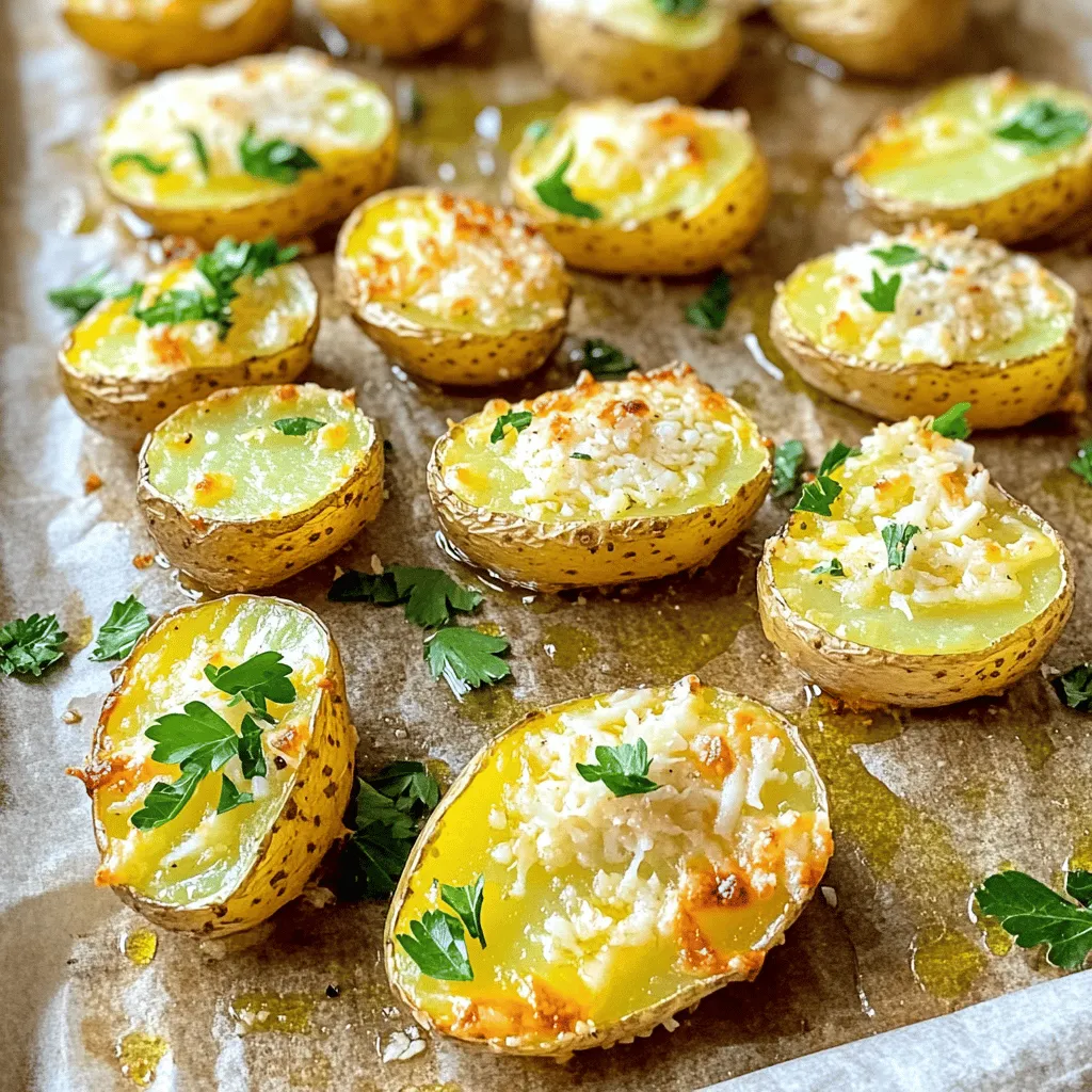 To make crispy garlic Parmesan potatoes, gather these ingredients: - 1.5 lbs baby potatoes, halved - 4 tablespoons extra virgin olive oil - 4 cloves garlic, finely minced - 1 teaspoon dried oregano - 1 teaspoon smoked paprika - ½ cup freshly grated Parmesan cheese - Salt and freshly ground black pepper, to taste - Chopped fresh parsley, for garnish You will need a few basic tools: - A large mixing bowl - A baking sheet - Parchment paper - A spatula - A knife and cutting board Feel free to play with the recipe! You can use different types of potatoes, like Russets or Yukon Golds. For a spicy kick, add red pepper flakes. If you prefer a cheese swap, try feta or cheddar. Fresh herbs like rosemary or thyme can add unique flavors. Enjoy making this dish your own! First, gather all your ingredients. You will need baby potatoes, olive oil, garlic, oregano, smoked paprika, Parmesan cheese, salt, and pepper. Wash the baby potatoes and slice each in half. This helps them cook evenly. Next, take a large bowl and mix the halved potatoes with olive oil, minced garlic, oregano, smoked paprika, salt, and pepper. You want every potato to be covered in flavor. Toss them gently but well. Preheat your oven to 425°F (220°C). This high heat helps achieve that crispy finish we all love. After mixing the potatoes, spread them on a baking sheet. Make sure they are cut-side down. This position helps them get crispy. Roast your potatoes for 25 to 30 minutes. Halfway through, use a spatula to flip them. This ensures they brown nicely on both sides. To get super crispy potatoes, do not crowd the baking sheet. Each piece needs space for air to flow. Also, use fresh, high-quality olive oil. It helps enhance the flavor and crispiness. When they are golden brown, take them out and sprinkle Parmesan cheese on top. Pop them back in the oven for another 5 minutes. This melts the cheese and adds a rich taste. Finish with chopped parsley for color and freshness. Enjoy your crispy garlic Parmesan potatoes! For the full recipe, refer to the earlier section. For great flavor, use fresh ingredients. Fresh garlic packs a punch. I love using high-quality olive oil. It adds depth and richness. Don't be shy with salt and pepper. They enhance the taste of the potatoes. A sprinkle of oregano and smoked paprika gives a nice touch. Mix everything well to coat all the potatoes evenly. This way, every bite is full of flavor. Roasting at the right temperature is key. I preheat my oven to 425°F (220°C). This helps the potatoes get crispy. Spread the potatoes out in a single layer on the baking sheet. Cut sides should face down. This maximizes browning. Halfway through, flip them to ensure even cooking. The outside should be golden, while the inside stays tender. If your potatoes aren't crispy, check a few things. They may be crowded on the baking sheet. Give them space to breathe. If they are cut too thick, they may need more time. Try roasting them longer, checking every few minutes. If needed, broil them for a minute or two at the end. This can add that extra crunch. For the best results, follow the Full Recipe for guidance. {{image_4}} You can swap out Parmesan for other cheeses. Try using cheddar for a sharper taste. Feta adds a nice tang, while mozzarella gives a gooey texture. You can even mix cheeses for a fun twist. Just remember to adjust the amount to keep the dish balanced. Feel free to change the herbs in this dish. If you want a fresh kick, use fresh rosemary or thyme instead of dried oregano. Basil works well too, especially if you love a bit of sweetness. You can also try adding a pinch of chili flakes for some heat. Want to make this dish a full meal? Add protein to the potatoes. Cooked chicken or shrimp pairs great with the garlic and cheese. You can toss in some cooked bacon bits for a savory crunch. Just remember to adjust the cooking time if you add meat. For more ideas and a complete recipe, check out the Full Recipe. To keep your crispy garlic Parmesan potatoes fresh, let them cool. Place them in an airtight container. You can store them in the fridge for up to three days. Avoid leaving them out too long, as they can get soggy. For the best taste, reheat these potatoes in the oven. Preheat your oven to 400°F (200°C). Spread the potatoes on a baking sheet. Heat them for about 10-15 minutes. This method helps restore their crispiness. You can also use an air fryer at 350°F (175°C) for about 5-7 minutes. If you want to freeze the potatoes, let them cool completely. Spread them out on a baking sheet in a single layer. Freeze them for about an hour until firm. Then, transfer them to a freezer bag. Seal tightly and label with the date. They can stay frozen for up to three months. When ready to eat, thaw in the fridge overnight before reheating. For the full recipe, check out the Crispy Garlic Parmesan Potatoes section. I recommend using baby potatoes for this dish. They are small and tender. They cook quickly and get crispy on the outside. If you can’t find baby potatoes, try Yukon Gold or red potatoes. These types also work well and give great flavor. Yes, you can make this recipe vegan! Simply replace the Parmesan cheese with a vegan cheese option. Nutritional yeast is a great choice, as it adds a cheesy flavor without dairy. You can also skip the cheese altogether for a lighter dish. To stop the potatoes from sticking, use parchment paper on your baking sheet. This helps them slide off easily. Make sure to coat the potatoes well with olive oil. The oil creates a barrier that keeps them from sticking while they roast. To add some heat, sprinkle crushed red pepper flakes over the potatoes. You can also mix in cayenne pepper with the seasonings. Adjust the amount to suit your taste. If you like a stronger kick, consider adding diced jalapeños to the mix. Enjoy experimenting with spice! You learned about key ingredients, necessary tools, and how to customize your dish. We covered step-by-step cooking tips for crispy perfection. The importance of seasoning and storage methods helps keep your meal fresh. Plus, you can explore variations like herbs and proteins. Enjoy experimenting with all these great options. With this guide, you can create a tasty dish every time. Happy cooking!