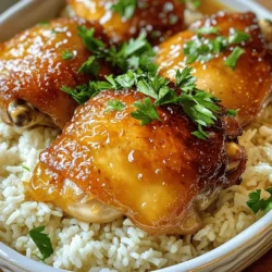 To make honey garlic chicken thighs, gather these key ingredients: - 4 bone-in, skin-on chicken thighs - 1/2 cup honey - 4 cloves garlic, minced - 2 tablespoons soy sauce - 1 tablespoon apple cider vinegar - 1 teaspoon fresh ginger, grated - 1/2 teaspoon freshly ground black pepper - 1/4 teaspoon red pepper flakes (optional) - Fresh parsley, finely chopped (for garnish) - Cooked jasmine rice (for serving) These ingredients combine to create a sweet and savory flavor that makes the chicken juicy and tender. You can add more depth to your dish with these optional ingredients: - Sesame oil for a nutty flavor - Green onions, sliced for garnish - Lime wedges for a fresh kick - Additional spices like garlic powder or onion powder These ingredients can elevate your meal and make it even more special. If you can't find any of the main ingredients, here are some substitutions: - Use chicken breasts instead of thighs for a leaner option. - Maple syrup can replace honey for a different sweetness. - Coconut aminos can stand in for soy sauce for a gluten-free option. - If you lack fresh ginger, ground ginger works well too; just use less. These tips help you stay flexible while cooking, ensuring you can still enjoy this tasty dish even with changes. To start, gather your ingredients. In a medium bowl, mix honey, minced garlic, soy sauce, apple cider vinegar, grated ginger, black pepper, and red pepper flakes. Whisk them well until combined. This mix creates a tasty marinade. Place the chicken thighs in a large zip-lock bag or a shallow bowl. Pour the marinade over the chicken. Make sure every piece is well coated. Seal the bag or cover the bowl. Let it sit in the fridge for at least 30 minutes. If you have time, let it marinate for up to 2 hours for the best flavor. While the chicken marinates, preheat your oven to 400°F (200°C). This hot oven helps the skin get crispy. After marinating, take the chicken out of the marinade. Keep that marinade for later. Lay the chicken thighs skin-side up on a baking sheet lined with parchment paper. Bake them for 25 to 30 minutes. Check that the skin turns golden brown and crispy. Use a meat thermometer to ensure the internal temperature reaches 165°F (74°C). This step guarantees juicy chicken every time. While the chicken bakes, take the reserved marinade and pour it into a small saucepan. Heat it over medium heat until it starts to boil gently. Then, lower the heat to a simmer. Let it cook for about 5 to 7 minutes. Stir occasionally as it thickens. Once ready, remove it from heat and set it aside. This sauce adds a rich layer of flavor to your dish. When the chicken is fully cooked, brush the thickened sauce over the thighs. Now, you're ready to enjoy a delicious meal, perfect for any occasion. For the full recipe, check the earlier section. To get juicy chicken thighs, marinate them well. The marinade adds flavor and moisture. Use the honey, garlic, and soy sauce mix for at least 30 minutes. Letting them sit in the fridge helps the flavors soak in. Choose bone-in, skin-on thighs for the best results. The bone keeps the meat moist as it cooks. For crispy skin, start by preheating your oven to 400°F (200°C). This hot oven helps the skin crisp up fast. Place the chicken thighs skin-side up on a baking sheet. Avoid overcrowding the pan, as this can trap steam. Bake for 25-30 minutes. When the skin turns golden brown, you've nailed it! Serve the honey garlic chicken thighs on a bed of fluffy jasmine rice. The rice soaks up the sauce and adds a nice touch. You can also add steamed veggies for color and nutrition. Fresh parsley on top makes the dish pop. For extra zest, offer lime wedges on the side. This makes for a meal that looks as good as it tastes! You can find the full recipe above to guide you through. {{image_4}} You can swap chicken thighs for chicken breasts. Chicken breasts cook faster but stay juicy with the right marination. If you want a plant-based option, use firm tofu. Press it to remove excess water, then cut it into cubes. Marinate the tofu just like the chicken. Bake it until golden for a tasty meal. Try adding citrus to the marinade. Juice from oranges or limes gives a fresh twist. You can also add herbs like thyme or rosemary for a fragrant touch. Want some heat? Mix in cayenne pepper or chili powder. These changes add depth and make the dish exciting. Honey garlic chicken pairs well with jasmine rice. The rice soaks up the sauce, making each bite a delight. You can also serve it with steamed veggies. Broccoli, green beans, or snap peas add color and crunch. For a heartier meal, consider a side of quinoa or mashed potatoes. For the full recipe, check out the details above! After enjoying your honey garlic chicken thighs, store any leftovers right away. Place the chicken in an airtight container. This keeps the chicken juicy and fresh. If you have sauce left, store it separately. Make sure to cool everything to room temperature before sealing. This prevents moisture build-up, which can make the chicken soggy. To reheat your chicken, use the oven for the best taste. Preheat the oven to 350°F (175°C). Place the chicken on a baking sheet. Cover it with foil to keep it moist. Heat for about 15-20 minutes or until warmed through. You can also use a microwave, but it may not keep the skin crisp. If you use the microwave, heat in short bursts. Check every minute to avoid overcooking. If you want to save some chicken for later, freezing is a great option. First, let the chicken cool completely. Wrap each piece tightly in plastic wrap, then place them in a freezer bag. Remove as much air as possible to prevent freezer burn. You can freeze the chicken for up to three months. When ready to eat, thaw it in the fridge overnight before reheating. This way, you still enjoy a juicy and flavorful dish. For the full recipe, visit the complete guide. The best way is to use a meat thermometer. Insert it into the thickest part of the thigh. The safe internal temperature for chicken is 165°F (74°C). You can also cut into the thigh. The juices should run clear, not pink. Checking this way ensures your chicken is safe to eat and tender. Yes, you can use boneless chicken thighs. They will cook faster than bone-in thighs. Check for doneness after about 20-25 minutes. You still want a nice glaze from the sauce. Keep in mind that boneless thighs may dry out more quickly, so watch them closely. To make it spicier, add more red pepper flakes to the marinade. You can also include a dash of hot sauce. For a milder flavor, reduce the red pepper flakes or leave them out. You can add honey for sweetness to balance the heat. Adjust the garlic if you want a stronger flavor without the spice. For the full recipe, check out the details provided earlier. Honey garlic chicken thighs are tasty and easy to make. We covered essential and optional ingredients and how to marinate, bake, and make the sauce. With tips for juicy meat and crispy skin, you can impress anyone. Explore tasty variations and learn smart storage methods. Always check if your chicken is cooked through. This dish is versatile, so feel free to adapt it. Try these steps and tips for a delicious meal that everyone will love. Enjoy your cooking adventures!