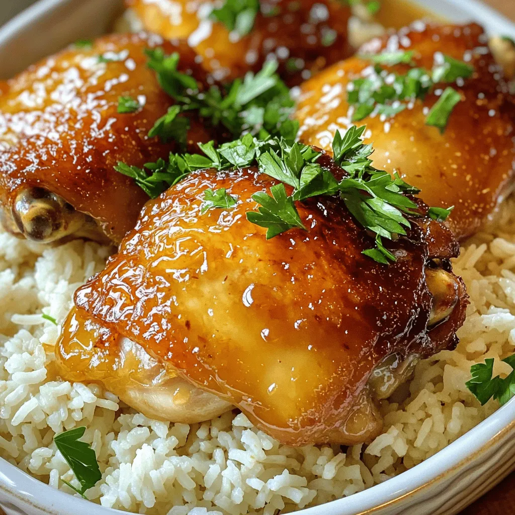 To make honey garlic chicken thighs, gather these key ingredients: - 4 bone-in, skin-on chicken thighs - 1/2 cup honey - 4 cloves garlic, minced - 2 tablespoons soy sauce - 1 tablespoon apple cider vinegar - 1 teaspoon fresh ginger, grated - 1/2 teaspoon freshly ground black pepper - 1/4 teaspoon red pepper flakes (optional) - Fresh parsley, finely chopped (for garnish) - Cooked jasmine rice (for serving) These ingredients combine to create a sweet and savory flavor that makes the chicken juicy and tender. You can add more depth to your dish with these optional ingredients: - Sesame oil for a nutty flavor - Green onions, sliced for garnish - Lime wedges for a fresh kick - Additional spices like garlic powder or onion powder These ingredients can elevate your meal and make it even more special. If you can't find any of the main ingredients, here are some substitutions: - Use chicken breasts instead of thighs for a leaner option. - Maple syrup can replace honey for a different sweetness. - Coconut aminos can stand in for soy sauce for a gluten-free option. - If you lack fresh ginger, ground ginger works well too; just use less. These tips help you stay flexible while cooking, ensuring you can still enjoy this tasty dish even with changes. To start, gather your ingredients. In a medium bowl, mix honey, minced garlic, soy sauce, apple cider vinegar, grated ginger, black pepper, and red pepper flakes. Whisk them well until combined. This mix creates a tasty marinade. Place the chicken thighs in a large zip-lock bag or a shallow bowl. Pour the marinade over the chicken. Make sure every piece is well coated. Seal the bag or cover the bowl. Let it sit in the fridge for at least 30 minutes. If you have time, let it marinate for up to 2 hours for the best flavor. While the chicken marinates, preheat your oven to 400°F (200°C). This hot oven helps the skin get crispy. After marinating, take the chicken out of the marinade. Keep that marinade for later. Lay the chicken thighs skin-side up on a baking sheet lined with parchment paper. Bake them for 25 to 30 minutes. Check that the skin turns golden brown and crispy. Use a meat thermometer to ensure the internal temperature reaches 165°F (74°C). This step guarantees juicy chicken every time. While the chicken bakes, take the reserved marinade and pour it into a small saucepan. Heat it over medium heat until it starts to boil gently. Then, lower the heat to a simmer. Let it cook for about 5 to 7 minutes. Stir occasionally as it thickens. Once ready, remove it from heat and set it aside. This sauce adds a rich layer of flavor to your dish. When the chicken is fully cooked, brush the thickened sauce over the thighs. Now, you're ready to enjoy a delicious meal, perfect for any occasion. For the full recipe, check the earlier section. To get juicy chicken thighs, marinate them well. The marinade adds flavor and moisture. Use the honey, garlic, and soy sauce mix for at least 30 minutes. Letting them sit in the fridge helps the flavors soak in. Choose bone-in, skin-on thighs for the best results. The bone keeps the meat moist as it cooks. For crispy skin, start by preheating your oven to 400°F (200°C). This hot oven helps the skin crisp up fast. Place the chicken thighs skin-side up on a baking sheet. Avoid overcrowding the pan, as this can trap steam. Bake for 25-30 minutes. When the skin turns golden brown, you've nailed it! Serve the honey garlic chicken thighs on a bed of fluffy jasmine rice. The rice soaks up the sauce and adds a nice touch. You can also add steamed veggies for color and nutrition. Fresh parsley on top makes the dish pop. For extra zest, offer lime wedges on the side. This makes for a meal that looks as good as it tastes! You can find the full recipe above to guide you through. {{image_4}} You can swap chicken thighs for chicken breasts. Chicken breasts cook faster but stay juicy with the right marination. If you want a plant-based option, use firm tofu. Press it to remove excess water, then cut it into cubes. Marinate the tofu just like the chicken. Bake it until golden for a tasty meal. Try adding citrus to the marinade. Juice from oranges or limes gives a fresh twist. You can also add herbs like thyme or rosemary for a fragrant touch. Want some heat? Mix in cayenne pepper or chili powder. These changes add depth and make the dish exciting. Honey garlic chicken pairs well with jasmine rice. The rice soaks up the sauce, making each bite a delight. You can also serve it with steamed veggies. Broccoli, green beans, or snap peas add color and crunch. For a heartier meal, consider a side of quinoa or mashed potatoes. For the full recipe, check out the details above! After enjoying your honey garlic chicken thighs, store any leftovers right away. Place the chicken in an airtight container. This keeps the chicken juicy and fresh. If you have sauce left, store it separately. Make sure to cool everything to room temperature before sealing. This prevents moisture build-up, which can make the chicken soggy. To reheat your chicken, use the oven for the best taste. Preheat the oven to 350°F (175°C). Place the chicken on a baking sheet. Cover it with foil to keep it moist. Heat for about 15-20 minutes or until warmed through. You can also use a microwave, but it may not keep the skin crisp. If you use the microwave, heat in short bursts. Check every minute to avoid overcooking. If you want to save some chicken for later, freezing is a great option. First, let the chicken cool completely. Wrap each piece tightly in plastic wrap, then place them in a freezer bag. Remove as much air as possible to prevent freezer burn. You can freeze the chicken for up to three months. When ready to eat, thaw it in the fridge overnight before reheating. This way, you still enjoy a juicy and flavorful dish. For the full recipe, visit the complete guide. The best way is to use a meat thermometer. Insert it into the thickest part of the thigh. The safe internal temperature for chicken is 165°F (74°C). You can also cut into the thigh. The juices should run clear, not pink. Checking this way ensures your chicken is safe to eat and tender. Yes, you can use boneless chicken thighs. They will cook faster than bone-in thighs. Check for doneness after about 20-25 minutes. You still want a nice glaze from the sauce. Keep in mind that boneless thighs may dry out more quickly, so watch them closely. To make it spicier, add more red pepper flakes to the marinade. You can also include a dash of hot sauce. For a milder flavor, reduce the red pepper flakes or leave them out. You can add honey for sweetness to balance the heat. Adjust the garlic if you want a stronger flavor without the spice. For the full recipe, check out the details provided earlier. Honey garlic chicken thighs are tasty and easy to make. We covered essential and optional ingredients and how to marinate, bake, and make the sauce. With tips for juicy meat and crispy skin, you can impress anyone. Explore tasty variations and learn smart storage methods. Always check if your chicken is cooked through. This dish is versatile, so feel free to adapt it. Try these steps and tips for a delicious meal that everyone will love. Enjoy your cooking adventures!