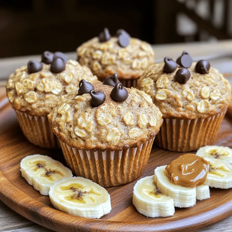 The ingredients for Banana Oatmeal Muffins are simple and wholesome. Gather these items for your baking adventure: - 2 ripe bananas, mashed until smooth - 1 cup rolled oats - 1 cup whole wheat flour - 1/2 cup packed brown sugar - 1/2 cup Greek yogurt (plain or vanilla) - 1/4 cup honey (or maple syrup for a vegan option) - 1/4 cup almond milk (or any milk of your choice) - 1 teaspoon baking powder - 1/2 teaspoon baking soda - 1/2 teaspoon ground cinnamon - 1/4 teaspoon salt - 1/2 cup walnuts or pecans, chopped (optional) - 1/3 cup dark chocolate chips (optional) These ingredients make a delicious and nutritious treat. The bananas add natural sweetness and moisture. The oats provide fiber and a satisfying texture. Whole wheat flour gives a hearty feel. Using Greek yogurt helps keep the muffins light and fluffy. You can choose to add nuts or chocolate chips for extra flavor. This recipe is a great way to use ripe bananas. It’s easy to make, and you can customize it to your taste. Check the [Full Recipe] for all the details and enjoy baking! First, set your oven to 350°F (175°C). This way, it warms up while you work. Next, grab a muffin tin. You can line it with paper liners or grease each cup lightly with cooking spray. This helps the muffins come out easily. In a big bowl, mash the ripe bananas until smooth. Add Greek yogurt, honey, and almond milk. Use a whisk or spatula to mix them well. You want everything to blend into a creamy mixture. This step adds flavor and moisture to your muffins. In another bowl, whisk together rolled oats, whole wheat flour, brown sugar, baking powder, baking soda, ground cinnamon, and salt. Make sure these dry ingredients are well combined. This helps the muffins rise and taste great. Now, slowly add the dry mixture to the wet mixture. Fold them together gently. It’s okay if the batter is a bit lumpy. Just don’t overmix! Overmixing can make the muffins tough. Using a spoon or cookie scoop, fill each muffin cup about three-quarters full. Then, place the tin in the oven. Bake for 18 to 20 minutes. To check if they’re done, stick a toothpick into the center of a muffin. If it comes out clean, they’re ready! When the muffins are baked, let them cool in the tin for about 5 minutes. After that, carefully move them to a wire rack. This helps them cool completely. Once they are cool, they are ready to enjoy. Serve them warm, maybe with a bit of butter or nut butter spread on top. They look lovely arranged with fresh banana slices and a sprinkle of cinnamon. To make the best banana oatmeal muffins, you need to focus on a few key points. First, use ripe bananas. Ripe bananas have more flavor and sweetness. Second, don’t overmix the batter. Mixing too much can make the muffins tough. Just mix until you see no dry flour. Third, fill the muffin cups about three-quarters full. This allows the muffins to rise nicely without spilling over. Lastly, keep an eye on the baking time. Ovens can vary, so check your muffins a minute or two early. If you have dietary needs, you can easily adapt this recipe. For a vegan option, replace Greek yogurt with unsweetened applesauce. You can also use maple syrup instead of honey. If you need gluten-free muffins, swap the whole wheat flour with a gluten-free blend. Just make sure it has a good binding agent. You can also skip the nuts if you have nut allergies or dislike them. Storing your muffins correctly keeps them fresh. Place the cooled muffins in an airtight container. They can last about 3 to 5 days at room temperature. For longer storage, place them in the fridge, where they can last up to a week. You can freeze muffins for up to three months. To reheat, pop them in the microwave for about 15-20 seconds. If you prefer, you can also warm them in the oven at 350°F for about 5-10 minutes. Enjoy your fresh muffins anytime! {{image_4}} You can make your banana oatmeal muffins even more nutritious. Here are some great add-ins to consider: - Chia seeds: These tiny seeds are packed with fiber and omega-3s. Add a couple of tablespoons for extra health benefits. - Flaxseed meal: This is another good source of omega-3s. It adds a nutty flavor and thickens the batter a bit. - Berries: Fresh or frozen blueberries, raspberries, or chopped strawberries can add a burst of flavor and color. - Pumpkin puree: This can replace some of the yogurt. It keeps muffins moist and adds a nice fall flavor. Spices and extracts can elevate your muffins to new heights. Try these: - Vanilla extract: Just a teaspoon can deepen the flavor profile. It adds warmth and sweetness without extra sugar. - Nutmeg: A pinch of nutmeg pairs well with cinnamon. It adds a warm, spicy note. - Ginger: Fresh or ground ginger gives a nice zing. This can brighten the flavor and make it more exciting. - Cocoa powder: For chocolate lovers, add a tablespoon of cocoa powder. It transforms these muffins into a rich treat. You can easily modify this recipe to fit your needs: - Vegan: Use flax eggs instead of regular eggs. Replace Greek yogurt with a plant-based yogurt. Use maple syrup instead of honey. - Gluten-Free: Swap in a gluten-free flour blend for whole wheat flour. Make sure your oats are certified gluten-free. These variations keep the muffins simple, tasty, and healthy. For the full recipe, check out the recipe section above. To keep your banana oatmeal muffins fresh, store them in an airtight container. You can place them on the counter for short-term storage. If you want them to last longer, refrigerate them. This helps prevent mold and keeps them moist. You can freeze these muffins for up to three months. Wrap each muffin in plastic wrap or foil. Then, place them in a freezer-safe bag. To thaw, move them to the fridge overnight or leave them at room temperature for a few hours. You can also warm them in the microwave for about 15 seconds. Banana oatmeal muffins can last up to five days at room temperature. If you see any mold or smell something off, do not eat them. A change in texture or an overly dry muffin also means it's time to toss them. Enjoy these muffins while they are fresh for the best taste! Yes, you can use frozen bananas. Just thaw them first. Once thawed, mash them well. The muffins will taste just as good! To make these muffins dairy-free, replace Greek yogurt with a dairy-free yogurt. You can also use almond milk or coconut milk. Both options work great! If you want to substitute whole wheat flour, try using oat flour or almond flour. You can also use all-purpose flour, but it may change the texture slightly. Check for doneness by inserting a toothpick into the center of a muffin. If it comes out clean, the muffins are ready! They should be golden brown on top. Yes, banana oatmeal muffins are healthy! They are packed with fiber and nutrients from bananas and oats. These muffins can be a great snack or breakfast option. For more details, check out the Full Recipe. In this post, we explored how to make banana oatmeal muffins using simple ingredients. We covered each step, from prep to bake, ensuring you have perfect muffins every time. I shared tips for storing and reheating, plus variations to suit your tastes and dietary needs. Remember, these muffins can be a healthy treat packed with flavor. Enjoy experimenting with this recipe, and happy baking! These muffins are sure to become a favorite in your kitchen.