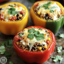 - 4 large bell peppers (choose a mix of colors for a bright presentation) - 1 cup quinoa, rinsed thoroughly - 2 cups vegetable broth (for more flavor) - 1 can (15 oz) black beans, rinsed and drained well - 1 cup corn (can be fresh or frozen; if frozen, thaw it beforehand) - 1 cup diced tomatoes (fresh or canned works well) - 1 teaspoon ground cumin - 1 teaspoon smoked paprika - ½ teaspoon garlic powder - ½ teaspoon onion powder - Salt and freshly ground black pepper to taste - 1 cup shredded cheese (choose between cheddar and mozzarella for a cheesy topping) - Fresh cilantro or parsley, chopped for garnish - Bell Peppers: High in vitamins A and C; great for skin health. - Quinoa: A complete protein; helps build muscle and keeps you full. - Black Beans: Rich in fiber; aids digestion and keeps your heart healthy. - Corn: Provides energy; also contains fiber and antioxidants. - Diced Tomatoes: Packed with vitamins; good for heart health due to lycopene. - Spices: Cumin and paprika add flavor and may have health benefits. - Cheese: Adds calcium; choose lower-fat options if you prefer. - Cilantro/Parsley: Adds freshness; also has vitamins and antioxidants. - Quinoa: Use rice or couscous if you prefer. - Black Beans: Swap with lentils or chickpeas for a different taste. - Corn: Omit if allergic; you can add diced zucchini instead. - Cheese: Use dairy-free cheese for a vegan option. - Vegetable Broth: Use water or chicken broth if you prefer. - Herbs: Use basil or dill if you dislike cilantro. For the full recipe, check the vibrant quinoa-stuffed bell peppers instructions. To start, rinse 1 cup of quinoa under cold water. This step helps remove its natural coating, called saponin, which can taste bitter. Next, pour the rinsed quinoa into a medium saucepan. Add 2 cups of vegetable broth for added flavor. Bring this mix to a boil over medium-high heat. Once it boils, lower the heat, cover the pot, and let it simmer for about 15 minutes. The quinoa will absorb all the broth and become fluffy. After cooking, fluff it gently with a fork. While the quinoa cooks, prepare your bell peppers. Take 4 large peppers and slice off the tops, removing seeds and membranes. Keep the tops for later use if you like. Place the hollowed peppers in a baking dish, standing upright. In a large bowl, combine the cooked quinoa, 1 can of rinsed black beans, 1 cup of corn, and 1 cup of diced tomatoes. Add spices like 1 teaspoon of ground cumin, 1 teaspoon of smoked paprika, and ½ teaspoon each of garlic powder and onion powder. Season with salt and pepper. Mix everything well. Now, take the filling and stuff each bell pepper. Press down gently to pack it in. Preheat your oven to 375°F (190°C). After stuffing the peppers, top each one with shredded cheese, about 1 cup total. You can put the pepper tops back on if you want. Cover the dish with aluminum foil to keep moisture in. Bake for 25 minutes. Then, remove the foil and bake for another 10 to 15 minutes. The peppers should be tender, and the cheese will melt and turn golden. Once done, let them cool for about 5 minutes before serving. For a fresh touch, sprinkle chopped cilantro or parsley on top. For the full recipe, check out the details above! To make your quinoa light and fluffy, rinse it well before cooking. This removes the bitter coating called saponin. Use two cups of vegetable broth for one cup of quinoa. This gives a rich flavor. Bring it to a boil, then lower the heat and cover the pot. Let it simmer for about 15 minutes. Once done, fluff the quinoa with a fork. This step helps separate the grains, making it perfect for stuffing. When picking bell peppers, look for ones that feel firm and heavy. They should have smooth skin with no bruises or soft spots. A mix of colors makes your dish more fun and appetizing. Red, yellow, and green peppers all have different flavors. Red peppers are sweet, while green ones taste more bitter. Choose what you like best! For the cheese topping, both cheddar and mozzarella work great. Cheddar adds a sharp taste, while mozzarella melts beautifully and gives a creamy feel. You can mix the two for a balance of flavor and texture. If you want something unique, try feta or goat cheese. They can add a tangy twist. Remember to sprinkle the cheese on just before baking for a golden crust. {{image_4}} You can add fun twists to your stuffed peppers. Try adding sautéed mushrooms, spinach, or zucchini for extra texture. You can also mix in nuts like walnuts or pine nuts for a crunchy bite. Adding herbs like basil or oregano can boost the flavor too. You can layer in different cheeses, like feta or goat cheese, for a tangy kick. These add-ons keep the dish fresh and exciting. For those who want more protein, consider adding diced tofu or shredded chicken. Tofu works well when you sauté it first with spices. This adds flavor and helps it absorb the sauce. For chicken lovers, use rotisserie chicken for quick prep. Simply shred it and mix it into the filling. Ground turkey is another great choice. It keeps the dish light while giving it a hearty feel. If you need a gluten-free option, this recipe is already a great fit! Quinoa is naturally gluten-free. Use gluten-free cheese to keep it safe for those with allergies. Ensure that canned goods, like beans and tomatoes, are also labeled gluten-free. These small changes keep your dish safe and tasty for everyone. For the full recipe, check out the Vibrant Quinoa-Stuffed Bell Peppers section. To store your leftover stuffed bell peppers, let them cool first. Place them in an airtight container. This keeps them fresh for up to three days in the fridge. Use parchment paper between layers if you stack them. This step prevents them from sticking together. You can freeze stuffed bell peppers for up to three months. Wrap each pepper tightly in plastic wrap. Then, place them in a freezer-safe bag or container. Label the container with the date, so you know when to use them. When ready to eat, thaw them in the fridge overnight. To reheat, preheat your oven to 350°F (175°C). Place the stuffed peppers in a baking dish. Cover the dish with foil to keep moisture in. Bake for about 20-25 minutes or until heated through. You can also use a microwave. Just heat them on high for about 2-3 minutes. Enjoy your flavorful stuffed peppers again! For the full recipe, check out the vibrant quinoa-stuffed bell peppers. You can tell stuffed peppers are done when they are soft. The cheese should be melted and slightly golden. A fork should easily pierce the pepper. If it's hard to poke, bake them longer. The goal is to have tender peppers with warm, flavorful filling inside. Yes! You can prepare stuffed peppers a day before. Just stuff the peppers and cover them. Store them in the fridge. When you are ready to cook, take them out and bake as usual. This makes meal prep easy and quick. Stuffed bell peppers pair well with many sides. Here are some ideas: - A fresh green salad for crunch. - Brown rice or quinoa for added carbs. - A dollop of sour cream or yogurt for creaminess. - Roasted veggies for more flavor. - Crusty bread to soak up any juices. These sides boost the meal and make it more filling. You can pick what you like best! In this post, we explored the ingredients and steps for tasty stuffed bell peppers. I shared helpful tips for cooking fluffy quinoa and selecting the best peppers. You learned how to customize the dish with different proteins and enjoy variations. We also covered storage tips for leftovers and answered common questions. With these insights, you can create delicious stuffed peppers anytime. Enjoy experimenting with flavors and making this dish your own. Happy cooking!