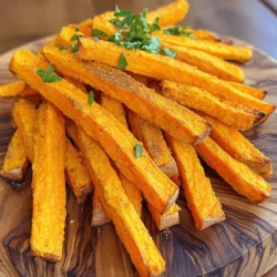 To make these tasty fries, you need just a few main ingredients: - 2 large sweet potatoes, peeled and sliced into uniform fries - 2 tablespoons extra virgin olive oil Sweet potatoes give a sweet and creamy flavor. They also add color to your plate. Next, we add some spice to our fries. Here are the seasoning ingredients: - 1 teaspoon garlic powder - 1 teaspoon smoked paprika - ½ teaspoon cayenne pepper (omit if you prefer less heat) - ½ teaspoon ground cumin - Sea salt and freshly cracked black pepper to taste These spices add a kick and rich flavor to the sweet potatoes. Lastly, consider these optional garnishes for extra flair: - Fresh parsley, finely chopped, for garnish Fresh parsley brightens the dish and adds a touch of color. You can also serve it with your favorite dipping sauce. For the full recipe, check out the section on Step-by-Step Instructions. Start by washing two large sweet potatoes. Peel them carefully. Cut the sweet potatoes into uniform fries. Aim for about a quarter-inch thickness. This helps them cook evenly. Once cut, place the fries in a bowl of cold water. Soaking them for 30 minutes removes excess starch. This step is key for crispiness. After soaking, drain the fries and pat them dry with a kitchen towel. In a large bowl, combine the fries with two tablespoons of extra virgin olive oil. Toss them well to coat every fry. Then, add one teaspoon of garlic powder, one teaspoon of smoked paprika, and half a teaspoon of ground cumin. If you like heat, add half a teaspoon of cayenne pepper. Sprinkle sea salt and black pepper to taste. Mix everything until the fries are evenly coated and fragrant. Preheat your oven to 425°F (220°C). Line a baking sheet with parchment paper. This helps the fries crisp up and makes cleanup easier. Spread the seasoned fries in a single layer on the sheet. Make sure not to overcrowd them. Bake for about 20 minutes. After 10 minutes, flip the fries with a spatula. This ensures even cooking. Bake until they are golden brown and crispy. Once done, let them cool briefly before serving. Garnish with fresh parsley if you like. For the full recipe, check out the details above. To make your sweet potato fries extra crispy, start with dry potatoes. After cutting them, pat them with a towel. This removes moisture. Next, use enough oil, but don’t drown them. Two tablespoons of oil for two sweet potatoes works great. The right oven temperature is key. Preheat to 425°F (220°C) for perfect frying. Lastly, spread your fries in a single layer. Crowding the pan can lead to soggy fries. One big mistake is cutting fries unevenly. This leads to some being undercooked while others burn. Always slice them the same size. Another mistake is not flipping the fries halfway. This helps them brown evenly. Lastly, don’t skip the seasoning. Salt and spices bring out the sweet flavor. Without seasoning, your fries may taste bland. Use a large, heavy baking sheet for even cooking. A non-stick or parchment-lined sheet helps with cleanup too. A good spatula is key for flipping fries safely. If you have a meat thermometer, check the temperature of your oven. This ensures it’s hot enough for crispy fries. For extra crunch, consider an air fryer. It cooks fries quickly and evenly, making them crispy without much oil. For the full recipe, check the details above! {{image_4}} You can change up the flavor of your sweet potato fries easily. For a spicy kick, add more cayenne pepper or some chili powder. If you love herbs, try adding fresh rosemary or thyme. Both options give your fries a fun twist. Experiment with flavors to find your favorite mix! If you own an air fryer, use it for a quick cook. Set it to 400°F (200°C) and cook for about 15 minutes. Shake the basket halfway through for even crispiness. You can also fry them in hot oil for a classic taste. Cook in batches to keep them crunchy. Just remember, frying adds calories, so enjoy them in moderation. A great dip can elevate your fries. Try classic ketchup, or mix it up with spicy mayo. For a zesty twist, make a garlic aioli by mixing mayo, minced garlic, and lemon juice. You can also serve with ranch or a creamy avocado dip. Each sauce can make your fries even more enjoyable. To keep your baked sweet potato fries fresh, store them in an airtight container. Allow them to cool before sealing. This prevents moisture from making them soggy. Place the container in the fridge. They will stay good for about 3 days. For best taste, eat them soon after cooking. When you want to enjoy leftover fries, reheat them in the oven. Preheat your oven to 400°F (200°C). Spread the fries on a baking sheet in a single layer. Bake for about 10 minutes. This brings back their crunch. You can also use an air fryer for this step. It works well to make them crispy again. If you have extra fries, freezing is a great option. First, let them cool completely. Then, spread them on a baking sheet in a single layer and freeze for about 1 hour. Once frozen, transfer them to a freezer bag. Make sure to remove as much air as possible. They can last for up to 3 months. When you're ready to eat, bake them straight from the freezer. Adjust the cooking time to around 25-30 minutes for perfect fries. To make sweet potato fries crispy, choose the right potatoes. Use large sweet potatoes and cut them into uniform fries. This helps them cook evenly. Toss the fries in olive oil to coat them well. Spacing them on the baking sheet is key. If you crowd the fries, they will steam instead of crisp. Bake at 425°F (220°C) for about 20 minutes. Flip them halfway to ensure even cooking. For extra crispiness, you can bake them a few minutes longer. Following these steps will give you that perfect crunch. Yes, you can use other types of potatoes. Russet or Yukon Gold potatoes work well too. They have a good starch content, which helps with crispiness. Just remember to cut them into similar sizes. The cooking time might change slightly depending on the potato type. Keep an eye on them as they bake. You want them golden brown and crispy, just like sweet potatoes. Sweet potatoes are very nutritious. They are high in fiber, which is good for digestion. They also contain vitamins A and C, which help boost your immune system. Sweet potatoes have antioxidants that can protect your body from damage. They are lower on the glycemic index than regular potatoes, which means they can help keep blood sugar levels stable. This makes them a great choice for a healthy snack. Plus, they taste amazing! For a full recipe on how to make these delicious fries, check out the [Full Recipe]. Baked sweet potato fries are fun and tasty. We covered key ingredients, steps, and tips. Use main ingredients like sweet potatoes and spices to get great flavor. Baking techniques help ensure crispiness, while our variations offer many choices. Proper storing and reheating keep fries fresh. Remember, you can alter flavors or methods to match your taste. Enjoy these fries often, and share your favorite dips with friends!