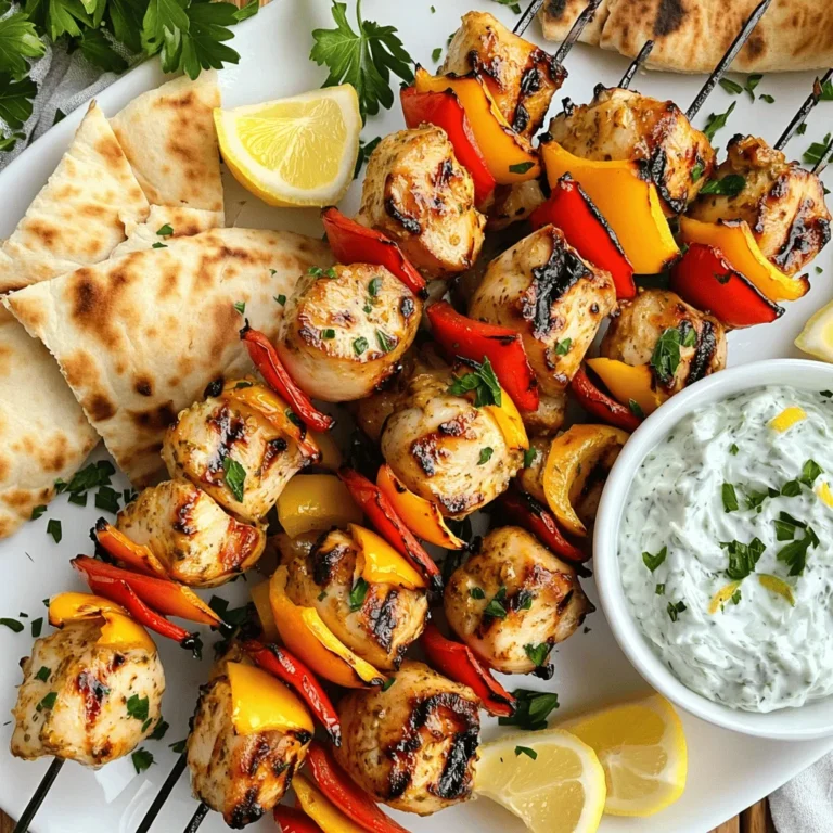 To make delicious Greek chicken souvlaki skewers, you'll need fresh ingredients that bring out the best flavors. Here's a detailed list: - Chicken and Marinade Components - 1 pound boneless, skinless chicken thighs, cut into 1-inch cubes - 3 tablespoons extra virgin olive oil - 2 tablespoons fresh lemon juice - 2 cloves garlic, finely minced - 1 teaspoon dried oregano - 1 teaspoon smoked paprika - ½ teaspoon kosher salt - ¼ teaspoon freshly ground black pepper - Vegetables for Skewering - 1 large red bell pepper, cut into 1-inch pieces - 1 large yellow onion, cut into wedges - Skewers (Wooden or Metal) - Wooden or metal skewers These ingredients work together to create a great taste. The chicken thighs stay juicy and tender. The marinade adds a zesty kick that pairs well with the veggies. For the best results, use fresh ingredients. This will ensure your skewers are packed with flavor. Feel free to check the Full Recipe for more detailed steps on preparation. To start, you need to make a tasty marinade. In a large bowl, mix together: - 3 tablespoons extra virgin olive oil - 2 tablespoons fresh lemon juice - 2 cloves garlic, finely minced - 1 teaspoon dried oregano - 1 teaspoon smoked paprika - ½ teaspoon kosher salt - ¼ teaspoon freshly ground black pepper Whisk these ingredients until they blend well. Next, add in 1 pound of boneless, skinless chicken thighs cut into 1-inch cubes. Make sure each piece is coated in the marinade. Cover the bowl with plastic wrap and let it chill in the fridge for at least one hour. If you have time, let it marinate overnight for deeper flavor. While your chicken soaks up those great flavors, it’s time to prep your skewers. If you use wooden skewers, soak them in water for at least 30 minutes. This step stops them from burning when you grill. If you choose metal skewers, you can skip this part. Now, cut up your veggies. You will need: - 1 large red bell pepper, cut into 1-inch pieces - 1 large yellow onion, cut into wedges These colorful veggies will add flavor and beauty to your skewers. Once marinated, it’s time to cook. Preheat your grill or grill pan over medium-high heat. Take the marinated chicken and alternate it on the skewers with the red bell pepper and onion. These vibrant colors make your dish fun to look at! Cook the skewers on the grill for about 10-12 minutes. Turn them often for even cooking. You want the chicken to be no longer pink inside, with an internal temperature of 165°F (75°C). After cooking, let the skewers rest for a few minutes. This helps the juices settle, making every bite tasty. Serve your Greek Chicken Souvlaki Skewers on a colorful platter with tzatziki sauce and warm pita bread for a complete meal. Check out the Full Recipe for all the details and tips! To make your chicken skewers pop with flavor, start with the right marinade. Use olive oil, lemon juice, minced garlic, oregano, smoked paprika, salt, and pepper. Mix them well in a bowl. Coat the chicken cubes fully. This step is key. Let the chicken sit in the fridge for at least one hour. For best results, marinate overnight. This helps the flavors soak in deeply. Grilling your souvlaki takes practice, but it’s fun! Preheat your grill to medium-high heat. If you use wooden skewers, soak them in water for 30 minutes first. This prevents burning. Once hot, place the skewers on the grill. Cook each side for about 3-4 minutes. Turn them often for even cooking. Keep an eye on the chicken. It’s done when no pink remains, and it reaches 165°F inside. For a tasty meal, serve your skewers with tzatziki sauce and warm pita bread. Tzatziki adds a cool, creamy flavor that pairs well with the savory chicken. Place the skewers on a colorful platter. Garnish with lemon wedges and fresh parsley. This makes the dish even more inviting. Your guests will love this vibrant presentation! For the full recipe, check the complete guide. {{image_4}} You can use different meats for souvlaki. Pork is a popular choice in Greece. Lamb adds a rich flavor. Beef can also work well if you prefer it. Keep the cooking times similar to chicken. Whichever meat you choose, marinate it the same way. It helps to keep the meat juicy and full of flavor. Not everyone eats meat, so let’s explore vegetarian options. You can use firm tofu, cut into cubes. Marinate the tofu just like chicken for great flavor. You can also use mushrooms, zucchini, or eggplant. These veggies grill nicely and soak up the marinade. Bell peppers and onions are great additions too. Mix and match your favorite veggies for colorful skewers. While the classic marinade is tasty, feel free to get creative. Try adding yogurt for creaminess. A bit of honey or maple syrup adds sweetness. You can even use herbs like mint or basil for a fresh twist. For a spicy kick, add red pepper flakes or chili powder. Experiment with flavors to find your favorite mix. These variations can bring new life to your Greek Chicken Souvlaki Skewers. Check out the Full Recipe for more ideas! To keep your leftover skewers fresh, let them cool first. Place them in an airtight container. You can store them in the fridge for up to three days. If you want to keep them longer, consider freezing them. Reheat your skewers in the oven for the best results. Preheat the oven to 350°F (175°C). Place the skewers on a baking sheet and cover them with foil. Heat for about 10-15 minutes, or until warmed through. You can also use a microwave, but the oven keeps them crispier. For freezing, wrap each skewer in plastic wrap. Then place them in a freezer bag. They can stay frozen for up to three months. To thaw, move the skewers to the fridge overnight before reheating. This keeps them juicy and full of flavor. The best part of the chicken for souvlaki is chicken thighs. They stay juicy and tender when grilled. Thighs have more fat than breasts, which adds flavor. You can use boneless, skinless thighs for easy prep. I prefer them because they give the best results. Marinate the chicken for at least 1 hour. Longer is better, up to overnight. The marinade adds flavor and helps the chicken stay moist. A good soak allows the spices to penetrate deeply. This makes the chicken taste great when you grill it. Serve Greek Chicken Souvlaki Skewers with tzatziki sauce and warm pita bread. A fresh salad with tomatoes and cucumbers complements the dish. You can also add rice or roasted vegetables for a hearty meal. Check out the Full Recipe for more serving ideas and tips. This blog post shared key steps for making chicken souvlaki. You learned about choosing ingredients, marinating chicken, and preparing skewers. I offered helpful tips for grilling and serving with tzatziki. You also saw variations for proteins and storage options. Enjoy your cooking adventure! Taste your souvlaki and find your favorite mix. For a full recipe, check the FAQs. Happy grilling!