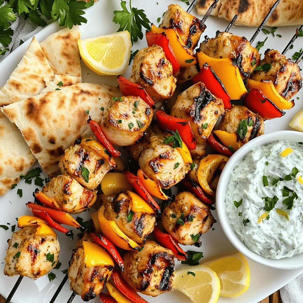 To make delicious Greek chicken souvlaki skewers, you'll need fresh ingredients that bring out the best flavors. Here's a detailed list: - Chicken and Marinade Components - 1 pound boneless, skinless chicken thighs, cut into 1-inch cubes - 3 tablespoons extra virgin olive oil - 2 tablespoons fresh lemon juice - 2 cloves garlic, finely minced - 1 teaspoon dried oregano - 1 teaspoon smoked paprika - ½ teaspoon kosher salt - ¼ teaspoon freshly ground black pepper - Vegetables for Skewering - 1 large red bell pepper, cut into 1-inch pieces - 1 large yellow onion, cut into wedges - Skewers (Wooden or Metal) - Wooden or metal skewers These ingredients work together to create a great taste. The chicken thighs stay juicy and tender. The marinade adds a zesty kick that pairs well with the veggies. For the best results, use fresh ingredients. This will ensure your skewers are packed with flavor. Feel free to check the Full Recipe for more detailed steps on preparation. To start, you need to make a tasty marinade. In a large bowl, mix together: - 3 tablespoons extra virgin olive oil - 2 tablespoons fresh lemon juice - 2 cloves garlic, finely minced - 1 teaspoon dried oregano - 1 teaspoon smoked paprika - ½ teaspoon kosher salt - ¼ teaspoon freshly ground black pepper Whisk these ingredients until they blend well. Next, add in 1 pound of boneless, skinless chicken thighs cut into 1-inch cubes. Make sure each piece is coated in the marinade. Cover the bowl with plastic wrap and let it chill in the fridge for at least one hour. If you have time, let it marinate overnight for deeper flavor. While your chicken soaks up those great flavors, it’s time to prep your skewers. If you use wooden skewers, soak them in water for at least 30 minutes. This step stops them from burning when you grill. If you choose metal skewers, you can skip this part. Now, cut up your veggies. You will need: - 1 large red bell pepper, cut into 1-inch pieces - 1 large yellow onion, cut into wedges These colorful veggies will add flavor and beauty to your skewers. Once marinated, it’s time to cook. Preheat your grill or grill pan over medium-high heat. Take the marinated chicken and alternate it on the skewers with the red bell pepper and onion. These vibrant colors make your dish fun to look at! Cook the skewers on the grill for about 10-12 minutes. Turn them often for even cooking. You want the chicken to be no longer pink inside, with an internal temperature of 165°F (75°C). After cooking, let the skewers rest for a few minutes. This helps the juices settle, making every bite tasty. Serve your Greek Chicken Souvlaki Skewers on a colorful platter with tzatziki sauce and warm pita bread for a complete meal. Check out the Full Recipe for all the details and tips! To make your chicken skewers pop with flavor, start with the right marinade. Use olive oil, lemon juice, minced garlic, oregano, smoked paprika, salt, and pepper. Mix them well in a bowl. Coat the chicken cubes fully. This step is key. Let the chicken sit in the fridge for at least one hour. For best results, marinate overnight. This helps the flavors soak in deeply. Grilling your souvlaki takes practice, but it’s fun! Preheat your grill to medium-high heat. If you use wooden skewers, soak them in water for 30 minutes first. This prevents burning. Once hot, place the skewers on the grill. Cook each side for about 3-4 minutes. Turn them often for even cooking. Keep an eye on the chicken. It’s done when no pink remains, and it reaches 165°F inside. For a tasty meal, serve your skewers with tzatziki sauce and warm pita bread. Tzatziki adds a cool, creamy flavor that pairs well with the savory chicken. Place the skewers on a colorful platter. Garnish with lemon wedges and fresh parsley. This makes the dish even more inviting. Your guests will love this vibrant presentation! For the full recipe, check the complete guide. {{image_4}} You can use different meats for souvlaki. Pork is a popular choice in Greece. Lamb adds a rich flavor. Beef can also work well if you prefer it. Keep the cooking times similar to chicken. Whichever meat you choose, marinate it the same way. It helps to keep the meat juicy and full of flavor. Not everyone eats meat, so let’s explore vegetarian options. You can use firm tofu, cut into cubes. Marinate the tofu just like chicken for great flavor. You can also use mushrooms, zucchini, or eggplant. These veggies grill nicely and soak up the marinade. Bell peppers and onions are great additions too. Mix and match your favorite veggies for colorful skewers. While the classic marinade is tasty, feel free to get creative. Try adding yogurt for creaminess. A bit of honey or maple syrup adds sweetness. You can even use herbs like mint or basil for a fresh twist. For a spicy kick, add red pepper flakes or chili powder. Experiment with flavors to find your favorite mix. These variations can bring new life to your Greek Chicken Souvlaki Skewers. Check out the Full Recipe for more ideas! To keep your leftover skewers fresh, let them cool first. Place them in an airtight container. You can store them in the fridge for up to three days. If you want to keep them longer, consider freezing them. Reheat your skewers in the oven for the best results. Preheat the oven to 350°F (175°C). Place the skewers on a baking sheet and cover them with foil. Heat for about 10-15 minutes, or until warmed through. You can also use a microwave, but the oven keeps them crispier. For freezing, wrap each skewer in plastic wrap. Then place them in a freezer bag. They can stay frozen for up to three months. To thaw, move the skewers to the fridge overnight before reheating. This keeps them juicy and full of flavor. The best part of the chicken for souvlaki is chicken thighs. They stay juicy and tender when grilled. Thighs have more fat than breasts, which adds flavor. You can use boneless, skinless thighs for easy prep. I prefer them because they give the best results. Marinate the chicken for at least 1 hour. Longer is better, up to overnight. The marinade adds flavor and helps the chicken stay moist. A good soak allows the spices to penetrate deeply. This makes the chicken taste great when you grill it. Serve Greek Chicken Souvlaki Skewers with tzatziki sauce and warm pita bread. A fresh salad with tomatoes and cucumbers complements the dish. You can also add rice or roasted vegetables for a hearty meal. Check out the Full Recipe for more serving ideas and tips. This blog post shared key steps for making chicken souvlaki. You learned about choosing ingredients, marinating chicken, and preparing skewers. I offered helpful tips for grilling and serving with tzatziki. You also saw variations for proteins and storage options. Enjoy your cooking adventure! Taste your souvlaki and find your favorite mix. For a full recipe, check the FAQs. Happy grilling!