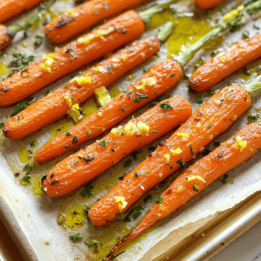 - 1 pound baby carrots (or 4 regular carrots, peeled and cut into sticks) - 3 tablespoons extra virgin olive oil - 4 cloves garlic, finely minced - 1 teaspoon fresh thyme leaves - 1 teaspoon fresh rosemary, finely chopped - Salt and freshly cracked pepper, to taste - Zest of 1 medium lemon - 1 tablespoon balsamic vinegar (optional) - Fresh parsley, chopped, for garnish If you can't find fresh herbs, you can use dried thyme or rosemary. Use half the amount since dried herbs are stronger. If you need an olive oil substitute, avocado oil works well. For balsamic vinegar, you might try apple cider vinegar or lemon juice. These alternatives keep the flavor vibrant while making the dish your own. Feel free to mix and match based on your taste and what you have at home. I love experimenting with ingredients, as it can lead to new and exciting flavors. You can find the full recipe above for detailed instructions on how to use these ingredients! First, preheat your oven to 425°F (220°C). This step ensures even cooking. While the oven heats, line a baking sheet with parchment paper. This will make cleanup easy later. Next, take 1 pound of baby carrots or 4 regular carrots, peeled and cut into sticks. In a large bowl, combine the carrots with 3 tablespoons of extra virgin olive oil. Add 4 cloves of finely minced garlic, 1 teaspoon of fresh thyme, and 1 teaspoon of fresh rosemary. Sprinkle in salt and freshly cracked pepper to taste. If you like a tangy flavor, stir in 1 tablespoon of balsamic vinegar. Toss everything until the carrots are well coated. Now, arrange the carrots in a single layer on your prepared baking sheet. Make sure they have space. This helps them roast evenly. Place the baking sheet in your hot oven. Roast the carrots for 25 to 30 minutes. Check them halfway through and stir to ensure they cook evenly. You want them tender with slightly caramelized edges. When the carrots are done, take them out of the oven. Immediately sprinkle them with the zest of 1 medium lemon and some chopped parsley. This adds a bright flavor. For a nice presentation, serve the carrots hot on a rustic wooden platter. You can garnish with an extra sprig of fresh thyme or rosemary for an aromatic touch. Enjoy these Garlic Herb Roasted Carrots as a side dish or a tasty snack! For the full recipe, refer to the earlier section. To ensure even roasting, spread the carrots in a single layer. Give them space to breathe. This helps them cook and caramelize nicely. Use a baking sheet lined with parchment paper. This makes cleanup easy and keeps the carrots from sticking. Place the baking sheet in the center of the oven. This position allows for the best heat circulation. Turn the carrots halfway through cooking. This step helps them roast evenly on all sides. Combining different herbs can boost the flavor. Try adding some fresh basil or dill for a twist. You can mix and match to find what you love best. If you want a stronger flavor, add more garlic or herbs. Don’t hesitate to make seasoning adjustments. If you like it spicy, sprinkle in some red pepper flakes. You can also add a touch of honey for sweetness. This balances the savory notes and adds depth. For creative serving, use a rustic wooden platter. It adds charm and warmth to the dish. Arrange the carrots in a fan shape, or stack them neatly for a clean look. Garnish with an extra sprig of fresh thyme or rosemary. This adds a pop of color and a nice aroma. You can also sprinkle some lemon zest on top. This gives a bright touch that makes the dish stand out. For the full recipe, check the detailed instructions above! {{image_4}} You can cook Garlic Herb Roasted Carrots in different ways. Air frying is a great option. It cooks the carrots fast and keeps them crispy. Set your air fryer to 400°F (200°C). Toss the carrots with oil and seasonings. Cook them for about 15-20 minutes. Shake the basket halfway through for even cooking. Grilling is another fun method. It adds a smoky flavor that pairs well with the herbs. Preheat your grill on medium heat. Place the carrots in a grill basket or skewers. Brush them with oil and seasonings. Grill for 10-15 minutes, turning often until they are tender and have nice grill marks. Adding spices can change the flavor of your carrots. Try cumin for a warm taste. Or add paprika for a bit of heat. Just sprinkle a teaspoon of your choice in the bowl with the carrots before cooking. If you like sweet flavors, consider honey or maple syrup. Drizzle one tablespoon over the carrots before roasting. This adds a nice glaze and caramelizes the edges. Garlic Herb Roasted Carrots fit many diets. They are naturally vegan and gluten-free. That makes them great for various eaters at your table. If you want to adjust the calories, use less oil. Swap out olive oil for a lighter option. You can also reduce the amount of honey or maple syrup if you add them. This way, you keep the flavor without too many calories. For the full recipe, you can refer back to the beginning of this article. To keep your Garlic Herb Roasted Carrots fresh, store leftovers in the fridge. Place them in an airtight container. This helps to seal in the flavor and moisture. You can also use a glass jar with a lid if you prefer. Make sure to eat them within three days for the best taste. When it's time to enjoy your leftovers, reheating is key. The best way to reheat roasted carrots is in the oven. Preheat your oven to 350°F (175°C). Spread the carrots on a baking sheet in a single layer. Heat them for about 10 minutes. This method keeps the carrots nice and crisp. You can also microwave them for 1-2 minutes, but they may lose some texture. If you have extra roasted carrots, you can freeze them. First, let them cool completely. Then, place them in a freezer-safe bag. Remove as much air as possible before sealing. They can last up to three months in the freezer. When you're ready to eat them, thaw the carrots in the fridge overnight. Reheat in the oven for the best results. Roasting carrots takes about 25 to 30 minutes at 425°F (220°C). Check for doneness by piercing them with a fork. They should feel soft but not mushy. For even cooking, stir them halfway through. This ensures a nice, caramelized edge that adds flavor. You can use frozen carrots, but they may not taste the same. Frozen carrots lose some crunch during freezing. They might also become mushy when roasted. If you choose frozen, reduce the roasting time to avoid overcooking. Garlic Herb Roasted Carrots go well with many dishes. Try them with roasted chicken, grilled steak, or baked fish. They also pair nicely with a fresh salad or creamy mashed potatoes. Their earthy flavor complements rich meals perfectly. To add spice, sprinkle some chili flakes or cayenne pepper. Start with a small amount and taste as you go. You can also use spicy herbs like crushed red pepper. Another option is to add hot sauce to the oil mix before roasting. For an extra kick, try adding minced jalapeño. For the complete Garlic Herb Roasted Carrots recipe, refer to the Full Recipe. You now have a complete guide to making Garlic Herb Roasted Carrots. We covered the key ingredients, from fresh carrots to herbs and olive oil. You learned about cooking techniques, tips for flavor, and storage solutions. You can customize this dish easily with different herbs or spices. Roasting brings out the carrots' natural sweetness, making them a perfect side. Try these roasted carrots with your favorite main dish. Enjoy your cooking and share your delicious results!