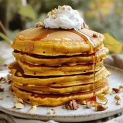 Here is what you will need to make pumpkin spice pancakes. These ingredients create a warm and cozy breakfast treat. - 1 cup all-purpose flour - 2 tablespoons brown sugar - 1 tablespoon baking powder - 1 teaspoon pumpkin spice blend - 1/2 teaspoon salt - 1 cup milk or dairy-free alternative - 1/2 cup pure pumpkin puree - 1 large egg - 2 tablespoons melted butter or coconut oil - Optional toppings: maple syrup, whipped cream, chopped nuts Gather these items before you start cooking. Each ingredient plays a key role in making your pancakes fluffy and flavorful. The pumpkin spice blend adds a warm, spicy kick that complements the pumpkin puree perfectly. You can mix and match toppings to make these pancakes even more delightful. For the full recipe, check the section above. Start by grabbing a large bowl. In that bowl, whisk together the following dry ingredients: - 1 cup all-purpose flour - 2 tablespoons brown sugar - 1 tablespoon baking powder - 1 teaspoon pumpkin spice blend - 1/2 teaspoon salt Mix these well until everything is blended. This step is key for even flavor. Next, take another bowl. Here, combine these wet ingredients: - 1 cup milk or a dairy-free alternative - 1/2 cup pure pumpkin puree - 1 large egg - 2 tablespoons melted butter Whisk these together until the mixture is smooth. This creamy mix adds richness to your pancakes. Now, it’s time to unite the two mixtures. Gradually pour the wet ingredients into the dry ones. Stir gently using a spatula. You want to mix until just combined. It’s okay if some lumps stay in the batter. This keeps your pancakes fluffy. Preheat your skillet over medium heat. Lightly grease it with butter or cooking spray. For each pancake, pour about 1/4 cup of batter onto the skillet. Cook until bubbles form on the surface, about 3–4 minutes. When the edges look set, it’s time to flip. Cook for another 2–3 minutes until golden brown. Now, you can enjoy these delightful pumpkin spice pancakes. For the full recipe, check back to make sure you have all the steps right! To get fluffy pumpkin spice pancakes, avoid overmixing the batter. Mix until just combined. It’s okay to have some lumps. This keeps the pancakes light and airy. Too much mixing makes them dense and tough. Set your skillet to medium heat. This helps cook the pancakes evenly. If the heat is too high, the pancakes might burn. Keep an eye on them to ensure they turn golden brown without burning. Serve your pancakes warm for the best taste. Maple syrup adds a sweet touch. Whipped cream makes them extra special. You can also sprinkle chopped nuts on top for a nice crunch. These toppings make each bite delightful! {{image_4}} You can easily make these pancakes gluten-free. Just substitute the all-purpose flour with your favorite gluten-free flour blend. This swap keeps the taste and texture just right. For a dairy-free version, use almond or oat milk instead of regular milk. Both options work well and keep the pancakes fluffy and delicious. Want to jazz up your pancakes? Consider adding chocolate chips or chopped pecans to the batter. These add-ins bring a fun twist and extra flavor to your breakfast treat. Store leftover pancakes in an airtight container in the refrigerator. This keeps them fresh for a few days. When you're ready to enjoy them, just take them out. Layer pancakes with parchment paper and freeze for easy reheating. This way, they won't stick together. You can grab one or two when you want a quick meal. Reheat in a toaster or microwave for a quick breakfast. The toaster makes them crispy again. If using the microwave, heat for 15-30 seconds. Enjoy your warm pancakes any day! You can use flaxseed meal or applesauce as an egg substitute. Mix 1 tablespoon of flaxseed meal with 3 tablespoons of water. Let it sit for a few minutes until it thickens. This trick works great! Yes, you can prepare the batter and store it in the refrigerator for a few hours. Just remember to stir it lightly before cooking. The flavors will blend well if you let it sit. Pair them with crispy bacon or fresh fruit for a balanced meal. The salty bacon and sweet pancakes work perfectly together. Fresh fruit adds a nice touch of color and health. Absolutely! They can be made in batches and stored for quick breakfasts throughout the week. Just reheat in the morning for a warm, tasty meal. Make sure your baking powder is fresh and avoid overmixing the batter. Lumps in the batter are okay. They help keep the pancakes light and airy. You now have a simple and delicious recipe for pumpkin spice pancakes. I covered the ingredients, step-by-step instructions, and tips to help you succeed. You can make these pancakes gluten-free or dairy-free, too. Store any leftovers for easy breakfasts later. With just a few tweaks, you can create a fun meal for any day. Enjoy these fluffy pancakes as a tasty start to your morning!