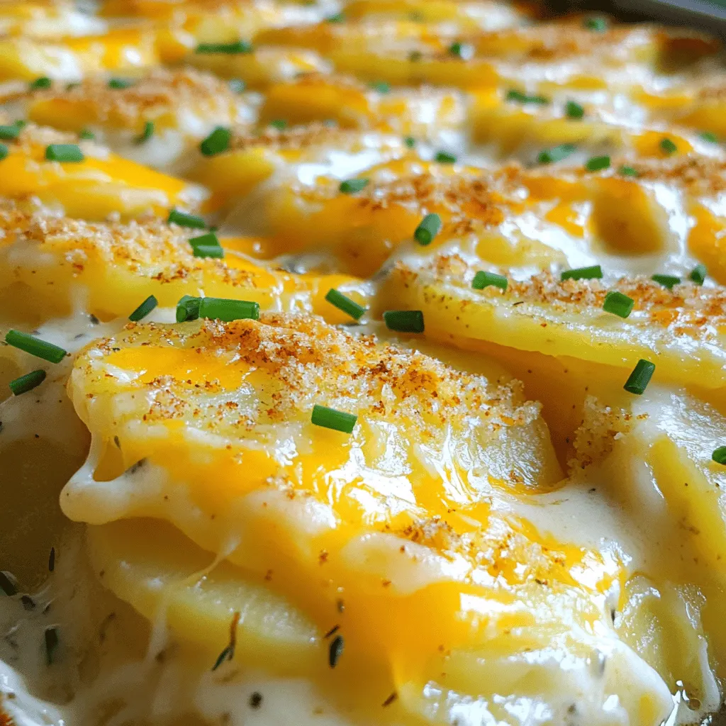 - 4 large russet potatoes, peeled and thinly sliced - 2 cups shredded sharp cheddar cheese - 1 cup sour cream - 1 cup heavy cream - 1 medium onion, finely chopped - 3 cloves garlic, minced - 1 teaspoon dried thyme - 1 teaspoon smoked paprika - Salt and pepper to taste - 1 cup panko breadcrumbs - 2 tablespoons unsalted butter, melted When I make Cheesy Potato Casserole, I love using russet potatoes. They hold their shape and become soft and creamy when baked. The sharp cheddar cheese adds a rich flavor that makes every bite satisfying. Sour cream and heavy cream give the dish a velvety texture that comforts the soul. Onions and garlic add depth. The thyme and smoked paprika bring warmth and a hint of smokiness. I always adjust the salt and pepper to my taste. The panko breadcrumbs on top create a nice crunch that contrasts with the creamy potatoes. - Cooked bacon bits - Chopped green onions - Diced bell peppers Feel free to customize your casserole! Adding bacon bits gives a savory kick. Green onions add freshness, while bell peppers can bring color and sweetness. Each choice adds a unique twist to the dish. - 9x13-inch baking dish - Mixing bowls - Aluminum foil - Spatula Make sure you have a good baking dish. A 9x13-inch size works best for even cooking. Mixing bowls help in combining all the tasty ingredients. Aluminum foil is key for baking, as it keeps the moisture in. A spatula helps when layering the ingredients. For the full recipe, refer to the Cheesy Potato Paradise section. This dish is sure to become a family favorite! Preheat the oven to 375°F (190°C). Grease a 9x13-inch baking dish. I like using butter or non-stick spray to keep the potatoes from sticking. Now, grab a large mixing bowl. Combine the thinly sliced potatoes, finely chopped onion, minced garlic, dried thyme, smoked paprika, and a pinch of salt and pepper. Toss everything well. This helps the flavors mix. Next, in a separate bowl, blend the sour cream and heavy cream until smooth. Fold in half of the shredded cheddar cheese. Save the other half for later. Layer half of the potato mixture into the greased baking dish. Pour half of the creamy cheese mixture over the potatoes. Spread it evenly with a spatula to coat all the slices. Add the rest of the potato mixture on top. Pour the remaining cheese mixture over it. Finish by sprinkling the rest of the shredded cheddar cheese across the top. In a small bowl, mix the panko breadcrumbs with melted butter. This adds a nice crunch. Sprinkle the breadcrumb mixture over the cheese layer. Cover the baking dish tightly with aluminum foil. Bake for 45 minutes. This helps the potatoes cook and the flavors to blend. After 45 minutes, remove the foil. Bake for an additional 15-20 minutes until the top is golden brown and crispy. The potatoes should be tender when pierced with a fork. Once baked, let the dish rest for about 10 minutes before slicing. This helps it set up nicely. Enjoy your Cheesy Potato Casserole! For the full recipe, check out the details above. To get the best texture, slice the potatoes evenly. This helps them cook the same way. Thinner slices cook faster and become creamy. After baking, let the casserole rest for about 10 minutes. This resting time helps it set, making it easier to serve. You can make your casserole even better with added spices. Try garlic powder or onion powder for a kick. Fresh herbs like rosemary or basil can add a nice touch too. Always use good quality cheese. It melts better and has a richer taste. For a pretty finish, garnish the casserole with fresh chives or parsley. This adds color and freshness. Serve it warm right from the dish. It pairs well with a crisp salad or some roasted veggies. Enjoy every cheesy bite! {{image_4}} You can make a meat lover's version easily. Just add cooked ham or chicken. This adds a nice flavor and makes the dish heartier. You can also change up the cheese. Try using mozzarella or pepper jack for a spicy kick. These cheeses melt well and add a fun twist. If you prefer a veggie-packed dish, consider adding seasonal vegetables. Spinach or zucchini work great in this casserole. They add color and nutrients without losing the creamy goodness. For those who want a vegan version, you can swap the cheese and cream. Use vegan cheese and coconut cream instead. These substitutes keep the dish rich and tasty. Looking for a lower-carb option? Swap out the potatoes for cauliflower. This change lowers the carbs while keeping a similar texture. You can also explore cheese alternatives. Look for low-carb cheese options in stores. This way, you can enjoy the dish without the carbs. For more detail, check out the Full Recipe. After enjoying your cheesy potato casserole, store leftovers in airtight containers. Glass or plastic containers work well. Let the casserole cool for about 30 minutes before refrigerating to avoid condensation. This helps keep it fresh and tasty. To freeze the casserole, first let it cool completely. Wrap it tightly in plastic wrap or aluminum foil. This keeps out air and prevents freezer burn. For best results, eat the casserole within three months. When you're ready to eat, thaw it overnight in the fridge. You can reheat the casserole in the oven or microwave. For the oven, preheat to 350°F (175°C). Cover the dish with foil to keep it moist. Bake for about 20-25 minutes until hot. In the microwave, heat in 1-minute intervals, stirring in between. To keep the top crispy, use the oven method. Enjoy every bite of your delicious cheesy potato casserole! Yes, you can make this casserole ahead of time. To do this, assemble all the layers in the baking dish but do not bake it yet. Cover it well with plastic wrap or foil. You can store it in the fridge for up to 24 hours. When you are ready to bake, just remove the cover and bake as directed. This saves time and makes serving easier. You can tell the casserole is done when the top is golden brown and crispy. Insert a fork into the potatoes; they should be soft and tender. If the fork goes in easily, it's ready. This usually takes about an hour in total: 45 minutes covered and 15 to 20 minutes uncovered. Yes, feel free to switch up the cheese! Sharp cheddar gives a great flavor, but you can also use mozzarella for a milder taste. Pepper jack adds a nice kick if you like it spicy. Mixing cheeses can create a unique flavor. Just keep the total amount the same. This casserole pairs well with many side dishes. A fresh green salad adds brightness. Roasted vegetables also work nicely. If you want protein, consider serving it with grilled chicken or ham. These sides balance the creamy, cheesy flavor of the casserole. Yes, you can make it gluten-free! Use gluten-free panko breadcrumbs for the topping. Many brands offer this option, so check your local store. The rest of the ingredients are already gluten-free, making it easy to enjoy this dish without worry. For the full recipe, check out the details above. This blog post covered how to make a tasty Cheesy Potato Casserole. We discussed the key ingredients, tools needed, and step-by-step instructions. I also shared tips for better texture and flavor. Feel free to try options like adding bacon or veggies for your taste. Store your leftovers correctly, and don’t forget to reheat them for the best crunch. With all these tips, your casserole will shine at any meal. Enjoy making this dish!