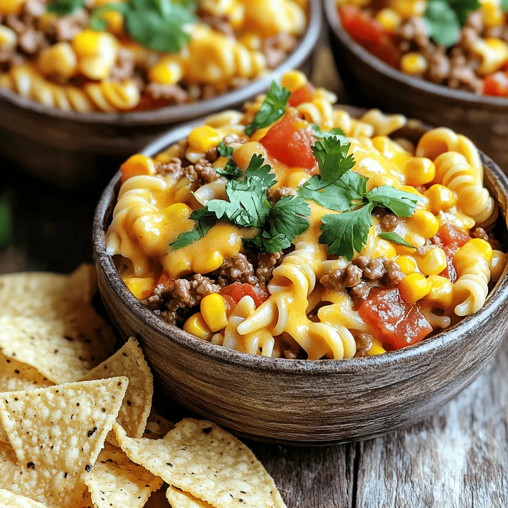 To make One Pot Taco Pasta, you'll need a few key ingredients. Here is the list: - 1 lb (450 g) ground beef or ground turkey - 1 tablespoon olive oil - 1 medium onion, diced - 2 cloves garlic, minced - 1 packet (1 oz) taco seasoning - 2 cups (480 ml) chicken broth or vegetable broth - 1 can (14.5 oz) diced tomatoes, undrained - 2 cups (200 g) uncooked penne or elbow macaroni - 1 cup (150 g) canned black beans, drained and rinsed - 1 cup (100 g) corn (fresh, frozen, or canned) - 1 cup (240 ml) heavy cream - 1 cup (120 g) shredded cheddar cheese, plus more for garnish - Salt and pepper to taste - Fresh cilantro or parsley, chopped, for garnish While the pasta is rich and tasty, you can add fun toppings. Here are some options: - Sliced jalapeños for heat - Avocado slices for creaminess - Sour cream for tang - Lime wedges for a fresh kick - More cheese for extra flavor One serving of One Pot Taco Pasta provides a good balance of protein, fats, and carbs. Here's a quick breakdown: - Calories: About 500 - Protein: 25 g - Carbohydrates: 45 g - Fat: 25 g - Fiber: 5 g Make sure to adjust serving sizes to fit your dietary needs. For the full recipe, visit the detailed instructions. 1. Start by heating olive oil in a large pot over medium heat. 2. Add the diced onion and cook until soft, about five minutes. 3. Stir in minced garlic, cooking for one more minute until it smells great. 4. Add the ground beef or turkey, breaking it into small pieces as it cooks. 5. Cook until the meat is browned, for about six to seven minutes. 6. Drain any extra fat if needed. 7. Sprinkle taco seasoning over the meat and mix well. 8. Pour in chicken or vegetable broth, then add diced tomatoes with juices. 9. Stir everything together to combine well. 10. Add uncooked pasta, black beans, and corn to the pot. 11. Bring the mixture to a boil, then reduce heat to low. 12. Cover the pot and let it simmer for about 10 to 12 minutes. 13. Stir occasionally to keep the pasta from sticking. 14. Once the pasta is tender, lower the heat again. 15. Stir in heavy cream and shredded cheddar cheese. 16. Mix until the cheese melts and the dish is creamy. 17. Taste and season with salt and pepper as needed. 18. Let it sit for a minute before serving. - Keep an eye on the pasta during the last few minutes of cooking. - Cooking times may vary based on your stove. - Test the pasta for doneness a minute or two before the timer goes off. - Stir in the cream and cheese at a low heat. - This helps the cheese melt smoothly without clumping. - Letting the dish sit helps it thicken just right. For the full recipe, check out the detailed guide on One Pot Taco Pasta. To speed up your cooking, have all your ingredients ready. Chop the onion and garlic before you start. Use pre-cooked ground meat if you can. You can also use frozen corn and canned beans to save time. These small steps make a big difference. To boost flavor, consider adding a squeeze of lime juice before serving. This brightens the dish and adds depth. You can also stir in a few tablespoons of salsa for extra zest. If you like spice, add diced jalapeños or a dash of hot sauce. Fresh herbs like cilantro or parsley add freshness too. If your pasta is too sticky, try stirring more often as it cooks. This helps prevent clumping. If you find the dish too thick, add a splash of broth or water to loosen it. If the flavors seem bland, sprinkle in more taco seasoning or salt. Taste as you go to ensure perfect seasoning every time. {{image_4}} You can easily make this dish vegetarian. Swap the ground meat for a mix of beans, like black and pinto beans. You can also use lentils for a hearty texture. Just make sure to add some extra seasoning for flavor, since beans have a milder taste. Also, use vegetable broth instead of chicken broth for a complete vegetarian meal. Want to boost the nutrition? Add more veggies! Chopped bell peppers, zucchini, or spinach work great. Just toss them in when you add the ground meat. They will cook nicely and add color to your dish. You can also throw in some frozen peas or corn for extra sweetness. If you prefer other meats, ground chicken or pork are tasty choices. Just follow the same steps as with beef or turkey. For seasonings, get creative! Try adding chili powder, cumin, or smoked paprika for a unique flavor. You can even mix in taco sauce for a zesty twist. For the full recipe, check out the One Pot Taco Pasta. After you enjoy your One Pot Taco Pasta, let it cool first. Place it in an airtight container. Store it in the fridge for up to 3-4 days. This will keep the flavors fresh and delicious. When it’s time to eat leftovers, you can reheat them easily. Use a pot on low heat and stir often. You can also use the microwave. Place the pasta in a bowl and heat it for 1-2 minutes. Stir halfway through to make it warm all over. If it seems dry, add a splash of broth or cream. You can freeze One Pot Taco Pasta for a quick meal later. First, let it cool completely. Then, place it in a freezer-safe container. Make sure to leave some space at the top for expansion. It will stay good for about 2-3 months. To thaw, place it in the fridge overnight before reheating. You can use several options instead of heavy cream. Some good choices include: - Milk and butter: Mix ¾ cup of milk with ¼ cup of melted butter. - Coconut milk: This option gives a nice flavor and creaminess. - Greek yogurt: Use plain yogurt for a tangy taste. - Cream cheese: Soften it first for easier mixing. Each of these substitutes can work well in your One Pot Taco Pasta. They will change the flavor a bit, but they will still keep the dish creamy. Yes, you can make One Pot Taco Pasta ahead of time! It stores well in the fridge for up to three days. Just follow these steps: - Cook the dish: Prepare as usual. - Cool it down: Let it cool before storing. - Store it: Place it in an airtight container. When you’re ready to eat, reheat it on the stove. Add a splash of broth or milk to keep it creamy. If you want to control the spiciness, here are some tips: - Less taco seasoning: Start with half the packet and taste as you go. - Mild salsa: Use mild salsa instead of spicy. - Extra toppings: Add sour cream or avocado for a cooling effect. Adjusting the spice level makes the One Pot Taco Pasta fun for everyone. You can make it mild for kids or spicy for adults! One Pot Taco Pasta is simple and fun. We learned about key ingredients and toppings. I shared steps for cooking and tips for a creamy finish. You now have tricks to save time and fix common problems. Explore variations to match your taste, including vegetarian options. Plus, I've covered how to store leftovers well. This dish is easy to customize and share with family. Enjoy making your One Pot Taco Pasta!