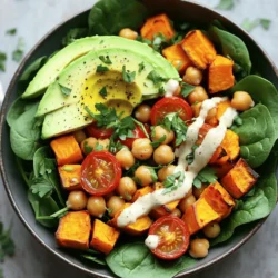 - 1 large sweet potato, peeled and diced into 1-inch cubes - 1 can (15 oz) chickpeas, thoroughly rinsed and drained - 2 cups fresh spinach, washed and dried - 1 ripe avocado, sliced into thin wedges - 1/2 cup cherry tomatoes, halved - 1 teaspoon smoked paprika - 1 teaspoon ground cumin - 1 teaspoon garlic powder - Sea salt and black pepper, to taste - 1/4 cup tahini (sesame seed paste) - 2 tablespoons freshly squeezed lemon juice - 1 tablespoon pure maple syrup - 1 tablespoon water (adjust as needed for dressing consistency) I love using these fresh ingredients to create my Sweet Potato Chickpea Buddha Bowl. The sweet potato gives a warm, sweet touch. Chickpeas add protein and fiber, keeping you full. Fresh spinach adds a nice crunch. The creamy avocado and juicy cherry tomatoes bring it all together. For spices, I use smoked paprika for a hint of smokiness. Ground cumin adds warmth, while garlic powder gives depth. Sea salt and black pepper finish off the mix, making each bite pop. The dressing is simple yet delicious. I mix tahini for creaminess with bright lemon juice for zing. A splash of maple syrup adds sweetness. Water helps to get the right texture. This dressing ties all the flavors together. You’ll want to drizzle it generously over your bowl. If you want to see how to put it all together, check the Full Recipe for step-by-step instructions! First, preheat the oven to 425°F (220°C). This high heat helps caramelize the sweet potatoes and chickpeas. In a large bowl, combine the diced sweet potato and drained chickpeas. Drizzle with 2 tablespoons of extra virgin olive oil. Sprinkle in 1 teaspoon of smoked paprika, 1 teaspoon of ground cumin, 1 teaspoon of garlic powder, and sea salt and freshly cracked black pepper to taste. Toss everything together until coated well. Spread the mixture on a rimmed baking sheet. Make sure to spread it out evenly. This helps everything cook well. Place the baking sheet in the oven and roast for about 25-30 minutes. Halfway through, stir the mixture. This ensures even roasting and perfect texture. While the sweet potato and chickpeas roast, make the tahini dressing. In a small bowl, whisk together 1/4 cup of tahini, 2 tablespoons of freshly squeezed lemon juice, 1 tablespoon of pure maple syrup, and 1 tablespoon of water. Adjust the dressing’s thickness by adding more water if needed. You want it smooth and pourable. To assemble your Buddha bowl, start with 2 cups of fresh spinach at the bottom of each bowl. This creates a nice green base. Spoon the warm roasted sweet potato and chickpea mix on top. The heat from the mix will slightly wilt the spinach. Next, add sliced avocado and halved cherry tomatoes for brightness and flavor. Finally, drizzle the tahini dressing over everything. Garnish with freshly chopped herbs like parsley or cilantro. By following these steps, you’ll create a vibrant and tasty Sweet Potato Chickpea Buddha Bowl. For the complete recipe, check out [Full Recipe]. To make this dish easier, prepare your ingredients ahead of time. - Peel and dice the sweet potato a day before. - Rinse and drain the chickpeas in advance. - Store both in the fridge until you are ready to cook. For leftovers, keep the components separate. This way, they stay fresh longer. - Store roasted sweet potatoes and chickpeas in an airtight container. - Keep the tahini dressing in a jar in the fridge. Roasting gives the sweet potato and chickpeas great flavor and texture. - Preheat your oven to 425°F (220°C) for best results. - Use a rimmed baking sheet to catch any drips. Adjust the seasoning based on your taste. - If you want more spice, add extra smoked paprika or cumin. - Taste the mixture before roasting to ensure it’s to your liking. A beautiful bowl makes the meal even better. - Layer spinach at the bottom for a vibrant base. - Arrange the roasted sweet potato and chickpeas on top. - Place avocado and cherry tomatoes on the bowl for color. Garnish with fresh herbs for a nice finish. - A sprinkle of parsley or cilantro adds both flavor and charm. Consider adding a lemon wedge for a fresh touch. This adds a pop of color and a zesty kick! {{image_4}} You can easily swap out ingredients in your Sweet Potato Chickpea Buddha Bowl. If you want a different protein, try quinoa or tofu. Both options add great taste and nutrition. You can also use seasonal veggies. In the fall, add roasted Brussels sprouts or butternut squash. In the summer, consider fresh zucchini or bell peppers. These swaps keep your bowl fresh and exciting. Your dressing can change the whole vibe of the bowl. Besides tahini, you might try a lemon-tahini mix. Just whisk together lemon juice and tahini for a zesty twist. Peanut sauce offers a rich flavor, too. You can also add spices or herbs to enhance your dressing. For example, a pinch of cayenne pepper adds heat. Fresh basil or mint can brighten the taste. Pair your Buddha bowl with fun side dishes. A light cucumber salad or a crisp coleslaw would work well. For drinks, try a refreshing iced tea or sparkling water. If you love meal prep, this bowl is perfect. You can make it ahead and store it in the fridge. Just keep the dressing separate until you’re ready to eat. Try the Full Recipe for more ideas on how to enjoy this dish! To store leftovers, let your Buddha bowl cool. Place it in an airtight container. This helps keep the flavors fresh. Use the bowl within three days for the best taste. For the ingredients, keep the chickpeas and sweet potatoes separate from the fresh toppings. This keeps everything crisp. Wrap the avocado in plastic wrap to stop it from browning. Yes, you can freeze the sweet potatoes and chickpeas. Store them in a freezer-safe bag. Squeeze out as much air as you can before sealing. They can last up to three months in the freezer. When ready to eat, thaw them in the fridge overnight. Reheat in the oven or on the stovetop until hot. This method keeps them tasty. Leftovers last about three days in the fridge. If you see any mold or strange smells, it’s time to toss them. The sweet potato should be firm, and the chickpeas should not be mushy. If they feel slimy, do not eat them. Always check your food for signs of spoilage to stay safe. Sweet potatoes and chickpeas pack a powerful punch of nutrients. Sweet potatoes are high in fiber, vitamins A and C. They help support your immune system and promote healthy skin. Chickpeas are rich in protein and iron, making them great for muscle health. Together, they create a balanced meal that fuels your body. Yes, you can make this recipe gluten-free. Use gluten-free grains like quinoa or brown rice as a base. For the dressing, ensure your tahini is gluten-free. You can also add lemon juice for flavor without any gluten. To add some heat, try adding cayenne pepper or red pepper flakes. You can also mix in diced jalapeños. These spices will give your bowl a nice kick. Adjust the amounts based on your heat preference. Absolutely! This recipe is perfect for meal prep. Roast the sweet potatoes and chickpeas ahead of time. Store them in the fridge and reheat when ready to eat. Keep the dressing separate to avoid sogginess. You can explore other plant-based recipes on food blogs or cooking websites. Look for bowls, salads, or veggie-packed meals. Websites like Minimalist Baker and Oh She Glows offer many great options. You can serve this bowl with a side of roasted veggies or a simple salad. Another option is to add a light soup, like tomato or carrot ginger. These sides will complement your Buddha bowl nicely. This blog post covered the tasty and healthy Sweet Potato Chickpea Buddha Bowl. We explored key ingredients, spices, and how to prepare this meal step-by-step. I shared tips for meal prep, perfecting roasting, and creative presentation ideas. You learned about ingredient swaps and dressing alternatives to tailor the bowl to your taste. In conclusion, this bowl is filling, nutritious, and easy to make. It's perfect for meal prep or a quick dinner. Enjoy exploring different variations and serving styles to keep it exciting!