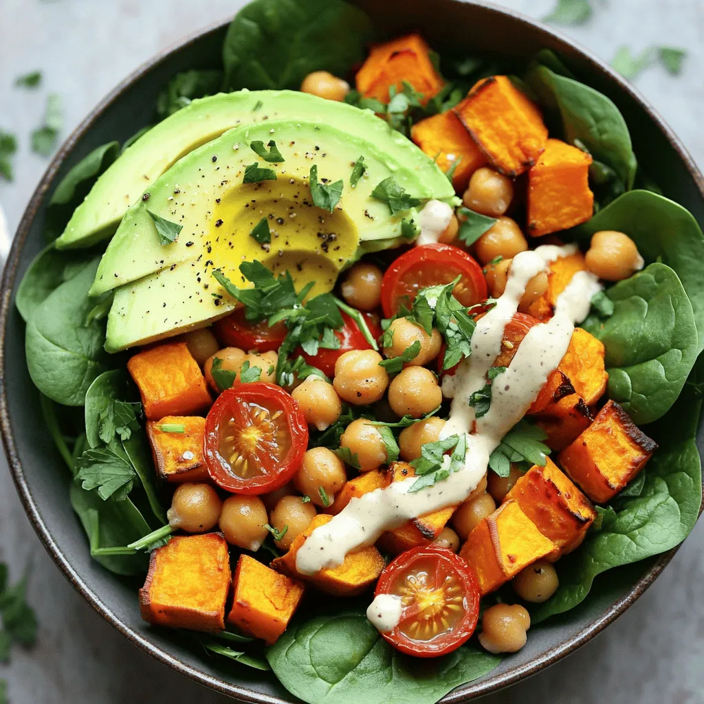 - 1 large sweet potato, peeled and diced into 1-inch cubes - 1 can (15 oz) chickpeas, thoroughly rinsed and drained - 2 cups fresh spinach, washed and dried - 1 ripe avocado, sliced into thin wedges - 1/2 cup cherry tomatoes, halved - 1 teaspoon smoked paprika - 1 teaspoon ground cumin - 1 teaspoon garlic powder - Sea salt and black pepper, to taste - 1/4 cup tahini (sesame seed paste) - 2 tablespoons freshly squeezed lemon juice - 1 tablespoon pure maple syrup - 1 tablespoon water (adjust as needed for dressing consistency) I love using these fresh ingredients to create my Sweet Potato Chickpea Buddha Bowl. The sweet potato gives a warm, sweet touch. Chickpeas add protein and fiber, keeping you full. Fresh spinach adds a nice crunch. The creamy avocado and juicy cherry tomatoes bring it all together. For spices, I use smoked paprika for a hint of smokiness. Ground cumin adds warmth, while garlic powder gives depth. Sea salt and black pepper finish off the mix, making each bite pop. The dressing is simple yet delicious. I mix tahini for creaminess with bright lemon juice for zing. A splash of maple syrup adds sweetness. Water helps to get the right texture. This dressing ties all the flavors together. You’ll want to drizzle it generously over your bowl. If you want to see how to put it all together, check the Full Recipe for step-by-step instructions! First, preheat the oven to 425°F (220°C). This high heat helps caramelize the sweet potatoes and chickpeas. In a large bowl, combine the diced sweet potato and drained chickpeas. Drizzle with 2 tablespoons of extra virgin olive oil. Sprinkle in 1 teaspoon of smoked paprika, 1 teaspoon of ground cumin, 1 teaspoon of garlic powder, and sea salt and freshly cracked black pepper to taste. Toss everything together until coated well. Spread the mixture on a rimmed baking sheet. Make sure to spread it out evenly. This helps everything cook well. Place the baking sheet in the oven and roast for about 25-30 minutes. Halfway through, stir the mixture. This ensures even roasting and perfect texture. While the sweet potato and chickpeas roast, make the tahini dressing. In a small bowl, whisk together 1/4 cup of tahini, 2 tablespoons of freshly squeezed lemon juice, 1 tablespoon of pure maple syrup, and 1 tablespoon of water. Adjust the dressing’s thickness by adding more water if needed. You want it smooth and pourable. To assemble your Buddha bowl, start with 2 cups of fresh spinach at the bottom of each bowl. This creates a nice green base. Spoon the warm roasted sweet potato and chickpea mix on top. The heat from the mix will slightly wilt the spinach. Next, add sliced avocado and halved cherry tomatoes for brightness and flavor. Finally, drizzle the tahini dressing over everything. Garnish with freshly chopped herbs like parsley or cilantro. By following these steps, you’ll create a vibrant and tasty Sweet Potato Chickpea Buddha Bowl. For the complete recipe, check out [Full Recipe]. To make this dish easier, prepare your ingredients ahead of time. - Peel and dice the sweet potato a day before. - Rinse and drain the chickpeas in advance. - Store both in the fridge until you are ready to cook. For leftovers, keep the components separate. This way, they stay fresh longer. - Store roasted sweet potatoes and chickpeas in an airtight container. - Keep the tahini dressing in a jar in the fridge. Roasting gives the sweet potato and chickpeas great flavor and texture. - Preheat your oven to 425°F (220°C) for best results. - Use a rimmed baking sheet to catch any drips. Adjust the seasoning based on your taste. - If you want more spice, add extra smoked paprika or cumin. - Taste the mixture before roasting to ensure it’s to your liking. A beautiful bowl makes the meal even better. - Layer spinach at the bottom for a vibrant base. - Arrange the roasted sweet potato and chickpeas on top. - Place avocado and cherry tomatoes on the bowl for color. Garnish with fresh herbs for a nice finish. - A sprinkle of parsley or cilantro adds both flavor and charm. Consider adding a lemon wedge for a fresh touch. This adds a pop of color and a zesty kick! {{image_4}} You can easily swap out ingredients in your Sweet Potato Chickpea Buddha Bowl. If you want a different protein, try quinoa or tofu. Both options add great taste and nutrition. You can also use seasonal veggies. In the fall, add roasted Brussels sprouts or butternut squash. In the summer, consider fresh zucchini or bell peppers. These swaps keep your bowl fresh and exciting. Your dressing can change the whole vibe of the bowl. Besides tahini, you might try a lemon-tahini mix. Just whisk together lemon juice and tahini for a zesty twist. Peanut sauce offers a rich flavor, too. You can also add spices or herbs to enhance your dressing. For example, a pinch of cayenne pepper adds heat. Fresh basil or mint can brighten the taste. Pair your Buddha bowl with fun side dishes. A light cucumber salad or a crisp coleslaw would work well. For drinks, try a refreshing iced tea or sparkling water. If you love meal prep, this bowl is perfect. You can make it ahead and store it in the fridge. Just keep the dressing separate until you’re ready to eat. Try the Full Recipe for more ideas on how to enjoy this dish! To store leftovers, let your Buddha bowl cool. Place it in an airtight container. This helps keep the flavors fresh. Use the bowl within three days for the best taste. For the ingredients, keep the chickpeas and sweet potatoes separate from the fresh toppings. This keeps everything crisp. Wrap the avocado in plastic wrap to stop it from browning. Yes, you can freeze the sweet potatoes and chickpeas. Store them in a freezer-safe bag. Squeeze out as much air as you can before sealing. They can last up to three months in the freezer. When ready to eat, thaw them in the fridge overnight. Reheat in the oven or on the stovetop until hot. This method keeps them tasty. Leftovers last about three days in the fridge. If you see any mold or strange smells, it’s time to toss them. The sweet potato should be firm, and the chickpeas should not be mushy. If they feel slimy, do not eat them. Always check your food for signs of spoilage to stay safe. Sweet potatoes and chickpeas pack a powerful punch of nutrients. Sweet potatoes are high in fiber, vitamins A and C. They help support your immune system and promote healthy skin. Chickpeas are rich in protein and iron, making them great for muscle health. Together, they create a balanced meal that fuels your body. Yes, you can make this recipe gluten-free. Use gluten-free grains like quinoa or brown rice as a base. For the dressing, ensure your tahini is gluten-free. You can also add lemon juice for flavor without any gluten. To add some heat, try adding cayenne pepper or red pepper flakes. You can also mix in diced jalapeños. These spices will give your bowl a nice kick. Adjust the amounts based on your heat preference. Absolutely! This recipe is perfect for meal prep. Roast the sweet potatoes and chickpeas ahead of time. Store them in the fridge and reheat when ready to eat. Keep the dressing separate to avoid sogginess. You can explore other plant-based recipes on food blogs or cooking websites. Look for bowls, salads, or veggie-packed meals. Websites like Minimalist Baker and Oh She Glows offer many great options. You can serve this bowl with a side of roasted veggies or a simple salad. Another option is to add a light soup, like tomato or carrot ginger. These sides will complement your Buddha bowl nicely. This blog post covered the tasty and healthy Sweet Potato Chickpea Buddha Bowl. We explored key ingredients, spices, and how to prepare this meal step-by-step. I shared tips for meal prep, perfecting roasting, and creative presentation ideas. You learned about ingredient swaps and dressing alternatives to tailor the bowl to your taste. In conclusion, this bowl is filling, nutritious, and easy to make. It's perfect for meal prep or a quick dinner. Enjoy exploring different variations and serving styles to keep it exciting!