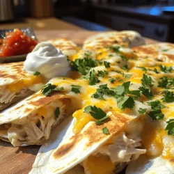 - 2 cups cooked chicken, shredded - 1 cup Alfredo sauce - 2 cups shredded mozzarella cheese - 1 cup shredded cheddar cheese - 4 large flour tortillas - 1 tablespoon olive oil - 1 teaspoon garlic powder - 1 teaspoon paprika - Salt and pepper to taste - Chopped fresh parsley - Sour cream and salsa For this Chicken and Cheese Quesadilla Alfredo, you start with some key ingredients. First, cooked chicken gives a nice protein boost. I like to use shredded chicken because it mixes well. Next, the Alfredo sauce adds creaminess. You can buy this or make it at home. Cheese is a must! I use mozzarella and cheddar for a great flavor mix. The tortillas hold everything together and give a nice crunch. If you want to add some color, fresh parsley works well. It also adds a fresh taste. Sour cream and salsa make tasty dips. They add a cool and spicy kick. These ingredients create a delicious meal. You can find the Full Recipe to make this dish at home. To start, grab a large mixing bowl. Combine 2 cups of cooked chicken and 1 cup of Alfredo sauce. Mix well until the chicken gets fully coated. This step ensures every bite is creamy and flavorful. Next, add 2 cups of shredded mozzarella cheese and 1 cup of shredded cheddar cheese. Then, sprinkle in 1 teaspoon of garlic powder, 1 teaspoon of paprika, and some salt and pepper to taste. Stir everything together until you have a creamy mixture. This blend of flavors creates the heart of your quesadilla. Now, let’s move to the stove! Heat a non-stick skillet over medium heat. Add 1 tablespoon of olive oil to the pan. Swirl it around to coat the bottom evenly. This oil helps the quesadilla get crispy. Place one large flour tortilla in the skillet. On one half of the tortilla, spoon and evenly spread half of your chicken and cheese mixture. Carefully fold the tortilla in half over the filling, making a semi-circle. Cook for about 3-4 minutes, until the bottom is golden brown and crispy. Gently flip the quesadilla with a spatula. Cook the other side for another 3-4 minutes. This time lets the cheese melt beautifully. Keep an eye on it to avoid burning. Once both sides are golden and the cheese is melty, remove the quesadilla from the skillet. Repeat the folding and cooking steps with the remaining tortillas and filling. To serve, cut each quesadilla into wedges. Arrange them on plates and sprinkle with chopped fresh parsley for a lovely touch. Serve hot with sour cream and salsa on the side for dipping. Enjoy your delicious Chicken and Cheese Quesadilla Alfredo! If you want to see the Full Recipe, check the link. Achieving crispy tortillas To make your tortillas crispy, use a hot skillet. Heat it over medium heat. Add a little olive oil to the pan. This oil helps crisp the tortilla as it cooks. Always flip the quesadilla gently to keep it intact. Cook each side until it turns a golden brown. Ensuring melted cheese throughout For gooey, melted cheese, use a mix of mozzarella and cheddar. These cheeses melt well together. Spread the cheese evenly over the chicken mixture. Cook the quesadilla long enough, but not too long. You want the cheese to melt but not the tortilla to burn. Alternatives for cheese If you want a different flavor, try using Gouda or Monterey Jack cheese. These cheeses melt nicely and add a unique taste. For a spicy kick, consider Pepper Jack cheese. It gives your quesadilla an extra zest. Options for sauces and spices You can swap Alfredo sauce for a spicy salsa or a creamy ranch dressing. This change adds new flavors. For spices, add some cumin or chili powder. They will enhance the taste of your quesadilla. {{image_4}} You can switch up the cheese in your quesadilla. Gouda adds a rich taste. Monterey Jack brings a mild flavor and melts well. If you like heat, try Pepper Jack. This cheese gives a spicy kick that pairs nicely with the creamy Alfredo sauce. If you want to mix things up, try different proteins. Ground beef works great and adds a hearty flavor. For a vegetarian option, use mushrooms or zucchini. Both will soak up the Alfredo sauce and bring a unique taste. To spice up your quesadilla, add jalapeños or bell peppers. Jalapeños give a nice heat that balances the creaminess. Bell peppers add a sweet crunch. You can even mix both for a delicious twist. These simple changes can take your quesadilla to a new level. You can keep your Chicken and Cheese Quesadilla Alfredo in the fridge for about 3 to 4 days. Make sure to place them in an airtight container. This helps prevent drying out and keeps them fresh. Always let them cool to room temperature before storing. This tip prevents condensation, which can make them soggy. If you want to save some for later, freezing is a great option. First, let the quesadillas cool completely. Then, wrap each one tightly in plastic wrap. After that, place them in a freezer bag. This method keeps them fresh for up to 2 months. When you're ready to enjoy them, just thaw them in the fridge overnight before reheating. To reheat your quesadillas, use a non-stick skillet over medium heat. Heat each side for about 3 to 4 minutes. This method helps them regain their crispy texture. You can also use an oven for reheating. Preheat it to 350°F (175°C) and place the quesadillas on a baking sheet for about 10 minutes. This ensures they are warm and the cheese is melty again. Yes, you can prepare the chicken and cheese mixture in advance. Store it in the fridge in an airtight container. This saves time when you want to cook. You can assemble and cook the quesadillas later. Just remember to let the mixture cool before storing. This keeps the tortillas from getting soggy. You can tell a quesadilla is done when it is golden brown on both sides. The cheese should be melted and gooey inside. A crispy outside is key. If you hear a little sizzle when you flip it, that’s a good sign too. Pair your quesadilla with fresh guacamole or a light salad. Chips with salsa are great for crunch. A cold drink like lemonade or iced tea complements the flavors well. You can even serve it with a side of sour cream for dipping. You can find the Full Recipe for Creamy Chicken & Cheese Quesadilla Alfredo in the article. Look for the detailed steps and ingredient list there. It’s your go-to guide for making this dish perfectly! In this blog post, we explored how to make delicious Chicken and Cheese Quesadilla Alfredo. You learned the key ingredients, from chicken to cheese, and optional toppings. I shared simple steps to prepare, cook, and serve your quesadillas. We also discussed tips for perfecting your dish, ingredient swaps for variety, and how to store leftovers. By following these guidelines, you’ll enjoy tasty quesadillas any time. Experiment and make this meal your own. Enjoy each bite!