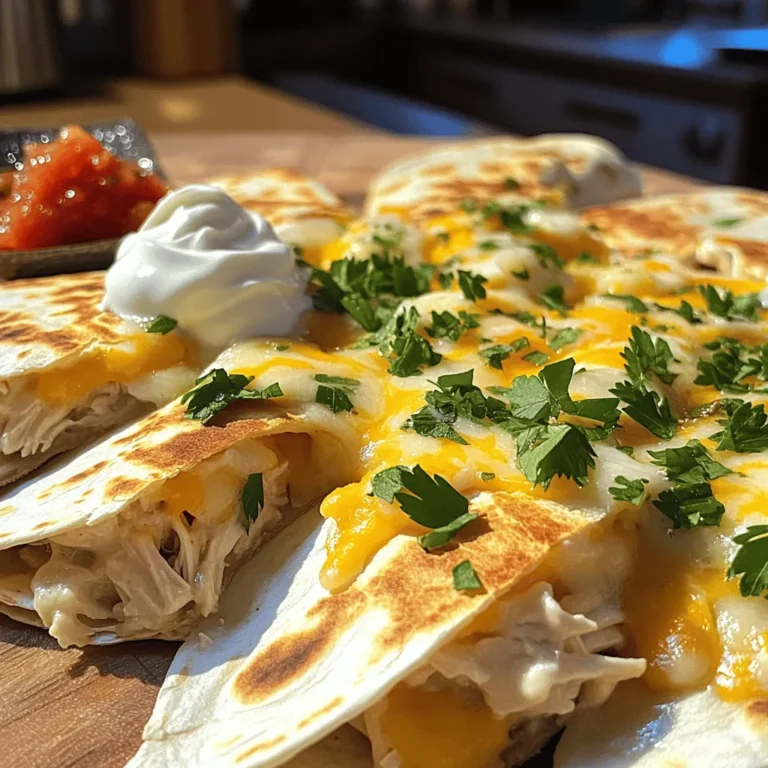 - 2 cups cooked chicken, shredded - 1 cup Alfredo sauce - 2 cups shredded mozzarella cheese - 1 cup shredded cheddar cheese - 4 large flour tortillas - 1 tablespoon olive oil - 1 teaspoon garlic powder - 1 teaspoon paprika - Salt and pepper to taste - Chopped fresh parsley - Sour cream and salsa For this Chicken and Cheese Quesadilla Alfredo, you start with some key ingredients. First, cooked chicken gives a nice protein boost. I like to use shredded chicken because it mixes well. Next, the Alfredo sauce adds creaminess. You can buy this or make it at home. Cheese is a must! I use mozzarella and cheddar for a great flavor mix. The tortillas hold everything together and give a nice crunch. If you want to add some color, fresh parsley works well. It also adds a fresh taste. Sour cream and salsa make tasty dips. They add a cool and spicy kick. These ingredients create a delicious meal. You can find the Full Recipe to make this dish at home. To start, grab a large mixing bowl. Combine 2 cups of cooked chicken and 1 cup of Alfredo sauce. Mix well until the chicken gets fully coated. This step ensures every bite is creamy and flavorful. Next, add 2 cups of shredded mozzarella cheese and 1 cup of shredded cheddar cheese. Then, sprinkle in 1 teaspoon of garlic powder, 1 teaspoon of paprika, and some salt and pepper to taste. Stir everything together until you have a creamy mixture. This blend of flavors creates the heart of your quesadilla. Now, let’s move to the stove! Heat a non-stick skillet over medium heat. Add 1 tablespoon of olive oil to the pan. Swirl it around to coat the bottom evenly. This oil helps the quesadilla get crispy. Place one large flour tortilla in the skillet. On one half of the tortilla, spoon and evenly spread half of your chicken and cheese mixture. Carefully fold the tortilla in half over the filling, making a semi-circle. Cook for about 3-4 minutes, until the bottom is golden brown and crispy. Gently flip the quesadilla with a spatula. Cook the other side for another 3-4 minutes. This time lets the cheese melt beautifully. Keep an eye on it to avoid burning. Once both sides are golden and the cheese is melty, remove the quesadilla from the skillet. Repeat the folding and cooking steps with the remaining tortillas and filling. To serve, cut each quesadilla into wedges. Arrange them on plates and sprinkle with chopped fresh parsley for a lovely touch. Serve hot with sour cream and salsa on the side for dipping. Enjoy your delicious Chicken and Cheese Quesadilla Alfredo! If you want to see the Full Recipe, check the link. Achieving crispy tortillas To make your tortillas crispy, use a hot skillet. Heat it over medium heat. Add a little olive oil to the pan. This oil helps crisp the tortilla as it cooks. Always flip the quesadilla gently to keep it intact. Cook each side until it turns a golden brown. Ensuring melted cheese throughout For gooey, melted cheese, use a mix of mozzarella and cheddar. These cheeses melt well together. Spread the cheese evenly over the chicken mixture. Cook the quesadilla long enough, but not too long. You want the cheese to melt but not the tortilla to burn. Alternatives for cheese If you want a different flavor, try using Gouda or Monterey Jack cheese. These cheeses melt nicely and add a unique taste. For a spicy kick, consider Pepper Jack cheese. It gives your quesadilla an extra zest. Options for sauces and spices You can swap Alfredo sauce for a spicy salsa or a creamy ranch dressing. This change adds new flavors. For spices, add some cumin or chili powder. They will enhance the taste of your quesadilla. {{image_4}} You can switch up the cheese in your quesadilla. Gouda adds a rich taste. Monterey Jack brings a mild flavor and melts well. If you like heat, try Pepper Jack. This cheese gives a spicy kick that pairs nicely with the creamy Alfredo sauce. If you want to mix things up, try different proteins. Ground beef works great and adds a hearty flavor. For a vegetarian option, use mushrooms or zucchini. Both will soak up the Alfredo sauce and bring a unique taste. To spice up your quesadilla, add jalapeños or bell peppers. Jalapeños give a nice heat that balances the creaminess. Bell peppers add a sweet crunch. You can even mix both for a delicious twist. These simple changes can take your quesadilla to a new level. You can keep your Chicken and Cheese Quesadilla Alfredo in the fridge for about 3 to 4 days. Make sure to place them in an airtight container. This helps prevent drying out and keeps them fresh. Always let them cool to room temperature before storing. This tip prevents condensation, which can make them soggy. If you want to save some for later, freezing is a great option. First, let the quesadillas cool completely. Then, wrap each one tightly in plastic wrap. After that, place them in a freezer bag. This method keeps them fresh for up to 2 months. When you're ready to enjoy them, just thaw them in the fridge overnight before reheating. To reheat your quesadillas, use a non-stick skillet over medium heat. Heat each side for about 3 to 4 minutes. This method helps them regain their crispy texture. You can also use an oven for reheating. Preheat it to 350°F (175°C) and place the quesadillas on a baking sheet for about 10 minutes. This ensures they are warm and the cheese is melty again. Yes, you can prepare the chicken and cheese mixture in advance. Store it in the fridge in an airtight container. This saves time when you want to cook. You can assemble and cook the quesadillas later. Just remember to let the mixture cool before storing. This keeps the tortillas from getting soggy. You can tell a quesadilla is done when it is golden brown on both sides. The cheese should be melted and gooey inside. A crispy outside is key. If you hear a little sizzle when you flip it, that’s a good sign too. Pair your quesadilla with fresh guacamole or a light salad. Chips with salsa are great for crunch. A cold drink like lemonade or iced tea complements the flavors well. You can even serve it with a side of sour cream for dipping. You can find the Full Recipe for Creamy Chicken & Cheese Quesadilla Alfredo in the article. Look for the detailed steps and ingredient list there. It’s your go-to guide for making this dish perfectly! In this blog post, we explored how to make delicious Chicken and Cheese Quesadilla Alfredo. You learned the key ingredients, from chicken to cheese, and optional toppings. I shared simple steps to prepare, cook, and serve your quesadillas. We also discussed tips for perfecting your dish, ingredient swaps for variety, and how to store leftovers. By following these guidelines, you’ll enjoy tasty quesadillas any time. Experiment and make this meal your own. Enjoy each bite!