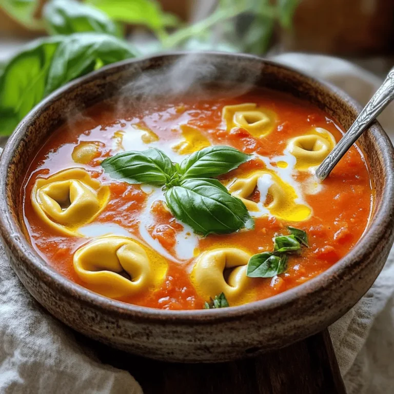 To make this creamy tomato tortellini soup, gather these simple ingredients: - 1 tablespoon olive oil - 1 medium onion, finely diced - 3 cloves garlic, minced - 1 carrot, peeled and diced - 1 rib celery, diced - 1 can (28 oz) crushed tomatoes (preferably San Marzano for sweetness) - 4 cups vegetable broth (homemade or low-sodium) - 1 teaspoon dried basil - 1 teaspoon dried oregano - ½ teaspoon red pepper flakes (adjust to your spice preference, optional) - 1 package (9 oz) refrigerated cheese tortellini (fresh or frozen) - 1 cup heavy cream or coconut milk (for a dairy-free option) - Salt and pepper to taste - Fresh basil leaves for garnish You can easily adjust some ingredients based on what you have. Here are some ideas: - Instead of olive oil, use butter for a richer flavor. - Swap the onion for shallots if you want a milder taste. - You can use fresh tomatoes instead of canned if you prefer. - If you don’t have vegetable broth, chicken broth works too. - Replace heavy cream with half-and-half or a dairy-free alternative like cashew cream. Choosing fresh ingredients makes your soup taste better. Here’s what to look for: - Pick firm, shiny tomatoes that feel heavy for their size. These usually have great flavor. - Choose onions that are dry and have no soft spots. - When buying garlic, look for heads that are firm and free of mold. - Carrots should be bright orange and crunchy, not limp. - For herbs, pick bright green basil leaves that smell fresh and fragrant. These tips help ensure your creamy tomato tortellini soup turns out rich and flavorful. If you want the full recipe, check the section above! To start, heat 1 tablespoon of olive oil in a large pot over medium heat. Once the oil shimmers, add 1 medium onion, finely diced. Sauté the onion for about 3-4 minutes, until it is soft and fragrant. This softening releases the sweet flavor of the onion, forming the base of your soup. Next, stir in 3 cloves of minced garlic, 1 diced carrot, and 1 rib of diced celery. Cook these together for another 5 minutes. Stir occasionally until the vegetables soften and fill your kitchen with a lovely aroma. This step adds depth and richness to the soup. Now, pour in 1 can of crushed tomatoes and 4 cups of vegetable broth. Add 1 teaspoon each of dried basil and oregano, along with ½ teaspoon of red pepper flakes if you like a little heat. Stir well and bring the mixture to a gentle simmer. Once it simmers, add 1 package of refrigerated cheese tortellini. Cook according to the package instructions, usually 3-5 minutes, until the tortellini are tender. After the tortellini are cooked, lower the heat and stir in 1 cup of heavy cream or coconut milk for a dairy-free option. Warm the soup gently without boiling it, to keep it creamy. Taste the soup and season with salt and pepper to your liking. For a finishing touch, ladle the hot soup into bowls and top with fresh basil leaves. This step brings a bright flavor and a beautiful look to your dish. Enjoy this rich and flavorful meal! For the complete list of ingredients and detailed instructions, check the Full Recipe. To make your soup extra creamy, use heavy cream. It adds richness and smoothness. If you want a dairy-free option, try coconut milk. It gives a nice flavor and creamy texture too. For an even creamier result, blend a portion of the soup. This will make it thicker and more luxurious. Adding herbs and spices can change your soup's taste. Fresh basil adds a bright note. You can also use parsley or thyme for a fresh kick. A pinch of nutmeg can deepen the flavor. If you like heat, try more red pepper flakes. Always taste as you go. Adjust the spices to suit your style. Start by cooking your aromatics well. Sauté onions until they are soft and fragrant. This builds a great base. Always stir the soup gently after adding tortellini. This helps avoid sticking. Let it simmer, not boil. This keeps the cream smooth. Finally, garnish with fresh basil. It adds color and a fresh taste. Want to check the full recipe? You can find it above! {{image_4}} Adding veggies boosts flavor and nutrients. Spinach and kale work well in this soup. Just chop them and stir them in during the last few minutes of cooking. They will wilt nicely. You can also try zucchini or bell peppers for a different taste. Each choice adds a unique twist to your creamy tomato tortellini soup. Want more protein? You can add cooked chicken or sausage. For chicken, use rotisserie or grilled. Chop it and stir it in when you add the tortellini. If you choose sausage, cook it first, then slice it before adding. Both options will make the soup heartier and more filling. If you prefer a dairy-free soup, use coconut milk instead of cream. It keeps the soup rich and creamy. You can also opt for cashew cream for a nutty taste. Ensure the tortellini you choose is dairy-free as well. There are many types now that fit this need, so check the labels. These swaps keep the comfort without the dairy. For the complete experience, check the Full Recipe. To store leftover creamy tomato tortellini soup, let it cool first. Use an airtight container. This helps keep the soup fresh. Label the container with the date. Store it in the fridge. It lasts about 3 to 4 days. Make sure not to add fresh basil until you serve it. This keeps the flavor bright. If you want to store the soup for a longer time, freezing is a great option. First, cool the soup completely. Pour it into a freezer-safe container. Leave some space at the top. The soup will expand as it freezes. It can last up to 3 months in the freezer. When you're ready to eat, thaw it overnight in the fridge. When reheating, do it slowly on the stove or in the microwave. If using the stove, heat on low. Stir often to avoid burning. If the soup seems too thick, add a splash of broth or water. This keeps it creamy. Taste before serving. Adjust the seasoning if needed. Enjoy your delicious soup again! For the full recipe, check out the section above. Creamy Tomato Tortellini Soup can last about 3 to 4 days in the fridge. Store it in an airtight container to keep it fresh. The soup may thicken as it sits. If so, add a little broth or water when reheating. Yes, you can make this soup in advance. It tastes great when made ahead. Just follow the Full Recipe and store it in the fridge. Let it cool down before sealing. Reheat gently to avoid overcooking the tortellini. This soup pairs well with several sides. Here are some ideas: - Crusty bread for dipping - Grilled cheese sandwiches - A simple green salad - Garlic bread for a tasty twist - Fresh basil salad for a light touch These sides enhance the meal and make it even more enjoyable. This blog post covered how to make a delicious creamy tomato tortellini soup. We discussed ingredients, cooking steps, and tips for the best flavor. Remember to choose fresh ingredients and try different variations to make the soup your own. Storing it properly ensures you enjoy leftovers. With this knowledge, you can confidently create a comforting meal. Now, grab your apron and get cooking!