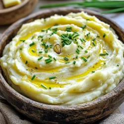 - 2 pounds Yukon Gold potatoes - 1 head of garlic - 4 tablespoons unsalted butter - 1/2 cup whole milk - 1/4 cup sour cream - Salt and freshly ground pepper - Fresh chives or parsley To make roasted garlic mashed potatoes, you need simple, tasty ingredients. I love using Yukon Gold potatoes. They are creamy and rich. The head of garlic adds a sweet, roasted flavor. The unsalted butter makes the mash smooth and rich. Whole milk keeps the potatoes soft, and sour cream adds a nice zing. For seasoning, use salt and freshly ground pepper to taste. Fresh chives or parsley give a pop of color and flavor. You can find all these items in your local grocery store. This recipe is easy and perfect for any meal. For the full recipe, follow the steps below to create this creamy flavor delight! Start by preheating your oven to 400°F (200°C). This heat will bring out the rich flavor of the garlic. Take a whole head of garlic and slice off the top. Drizzle a little olive oil over the exposed cloves. Next, wrap the garlic tightly in aluminum foil. Place it in the oven for 30-35 minutes. You’ll know it’s ready when it’s soft and golden. The warm aroma will fill your kitchen and excite your senses. While the garlic roasts, prepare the Yukon Gold potatoes. Peel and quarter them, then place them in a large pot. Cover the potatoes with cold water and add a pinch of salt. Bring the pot to a boil over high heat. Once it boils, lower the heat and let them simmer. Cook the potatoes for about 15-20 minutes, until they are fork-tender. This means a fork can easily pierce them. After cooking, drain the potatoes well. Return them to the pot to keep warm. Now it's time to combine everything! Remove the roasted garlic from the oven. Let it cool for a minute, then squeeze the soft cloves into the warm potatoes. Add the softened butter, whole milk, and sour cream. Mix everything together using a potato masher or an electric mixer. Aim for a smooth, creamy texture but be careful not to overmix. This keeps your potatoes fluffy. Season the mash with salt and freshly ground pepper. Taste and adjust as needed. If you want it creamier, add a splash more milk. Transfer the mashed potatoes to your favorite serving dish. Garnish with fresh chives or parsley for a pop of color. For the full recipe, check out the details above. To make great mashed potatoes, you need the right type. I always choose Yukon Gold potatoes for their creamy texture. They are naturally buttery, which adds a rich flavor to your dish. Yukon Golds mash well and hold their shape nicely. This means you get a smooth, delicious mash without lumps. For creamy mashed potatoes, I recommend using the right ratio of butter and milk. A good starting point is four tablespoons of butter and half a cup of milk. This gives you a rich taste without being too heavy. To avoid gummy potatoes, don’t over-mash. Just blend until smooth. If you feel your potatoes are too thick, stir in a little more milk for a lighter texture. Adding herbs and spices can elevate your mashed potatoes. Chives or parsley work great for freshness. Roasted garlic is the star here, giving a deep, sweet flavor. After roasting, squeeze the garlic into your mash. This adds a wonderful taste that pairs well with the buttery potatoes. You can find my full recipe at the end for all the details! {{image_4}} To elevate your roasted garlic mashed potatoes, consider adding cheese. Cheese brings a rich, creamy touch. Here are some great options: - Cream cheese: For a smooth and rich texture. - Parmesan cheese: Adds a salty, nutty flavor. - Cheddar cheese: For a sharp, bold taste. You can also play with herbs to change the flavor. Try these alternatives: - Thyme: Adds a warm, earthy note. - Rosemary: Offers a fragrant, pine-like taste. - Sage: Provides a slightly peppery flavor. If you want a vegan or dairy-free option, substitute some ingredients. Here are ideas to keep it creamy and delicious: - Use vegan butter instead of unsalted butter. - Swap whole milk and sour cream for almond milk and cashew cream. For those seeking lower carbs, try these options: - Use cauliflower instead of potatoes. It mashes well and keeps the flavors. - Add a bit of cream cheese to boost the texture without too many carbs. Roasted garlic mashed potatoes pair well with many dishes. Here are some combinations to enjoy: - Serve them with roasted chicken or beef for a classic meal. - They also match nicely with grilled vegetables for a lighter option. These mashed potatoes are perfect for special occasions too. Think about serving them for: - Holidays like Thanksgiving or Christmas. - Family dinners where comfort food shines. For the complete journey to making these creamy delights, check out the Full Recipe! To store your leftovers, let them cool to room temperature first. Place the mashed potatoes in an airtight container. This keeps them fresh and tasty. You can store them in the fridge for up to three days. If you want to enjoy them later, consider freezing them. Freezing mashed potatoes is a great option. To freeze, scoop the cooled potatoes into freezer-safe bags. Remove as much air as possible before sealing. This helps prevent freezer burn. You can freeze them for up to three months. When you're ready to enjoy your mashed potatoes again, thaw them overnight in the fridge. To reheat, warm them on low heat in a saucepan. Add a splash of milk or cream for a creamy texture. Stir gently until heated through. Enjoy your creamy roasted garlic mashed potatoes just like they were fresh! For the full recipe, check out the complete guide on making these mashed potatoes. Roasted garlic mashed potatoes stand out due to their rich, sweet flavor. Traditional mashed potatoes taste creamy but lack the depth of roasted garlic. Roasting garlic softens its sharpness, making it sweet and buttery. This change creates a unique taste that elevates the dish. The blend of garlic and creamy potatoes results in a comforting side that feels luxurious. Using pre-minced garlic changes the flavor and texture. Minced garlic has a stronger, more pungent taste than roasted garlic. It may overpower the dish, rather than complement it. The texture of pre-minced garlic can also be grainy. For the best taste, I suggest sticking to roasted garlic. It adds a smooth, mellow flavor that blends perfectly with the creamy potatoes. If your mashed potatoes are runny, you can easily fix them. Here are some tips: - Add more potatoes: Cook and mash extra potatoes, then mix them in. - Use starch: Mix in a little cornstarch or instant potato flakes. - Heat gently: Warm the mixture on low heat to evaporate extra moisture. - Add cream or butter: Incorporate more butter or cream to help thicken. These methods will help you achieve the perfect creamy consistency. For more tips, check out the Full Recipe for roasted garlic mashed potatoes. Roasted garlic mashed potatoes are rich, flavorful, and easy to make. We explored key ingredients like Yukon Gold potatoes and roasted garlic. I shared step-by-step instructions to bring everything together for perfect creamy potatoes. Tips ensure you achieve the best texture and taste each time. Don’t hesitate to try variations, from adding cheese to dairy-free options. Store your leftovers properly for later enjoyment. Now, you have all you need to make your potatoes shine at any meal. Enjoy your cooking journey!