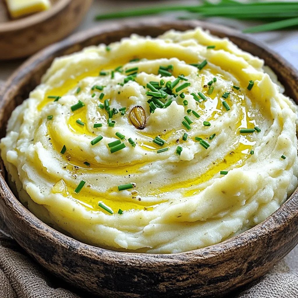 - 2 pounds Yukon Gold potatoes - 1 head of garlic - 4 tablespoons unsalted butter - 1/2 cup whole milk - 1/4 cup sour cream - Salt and freshly ground pepper - Fresh chives or parsley To make roasted garlic mashed potatoes, you need simple, tasty ingredients. I love using Yukon Gold potatoes. They are creamy and rich. The head of garlic adds a sweet, roasted flavor. The unsalted butter makes the mash smooth and rich. Whole milk keeps the potatoes soft, and sour cream adds a nice zing. For seasoning, use salt and freshly ground pepper to taste. Fresh chives or parsley give a pop of color and flavor. You can find all these items in your local grocery store. This recipe is easy and perfect for any meal. For the full recipe, follow the steps below to create this creamy flavor delight! Start by preheating your oven to 400°F (200°C). This heat will bring out the rich flavor of the garlic. Take a whole head of garlic and slice off the top. Drizzle a little olive oil over the exposed cloves. Next, wrap the garlic tightly in aluminum foil. Place it in the oven for 30-35 minutes. You’ll know it’s ready when it’s soft and golden. The warm aroma will fill your kitchen and excite your senses. While the garlic roasts, prepare the Yukon Gold potatoes. Peel and quarter them, then place them in a large pot. Cover the potatoes with cold water and add a pinch of salt. Bring the pot to a boil over high heat. Once it boils, lower the heat and let them simmer. Cook the potatoes for about 15-20 minutes, until they are fork-tender. This means a fork can easily pierce them. After cooking, drain the potatoes well. Return them to the pot to keep warm. Now it's time to combine everything! Remove the roasted garlic from the oven. Let it cool for a minute, then squeeze the soft cloves into the warm potatoes. Add the softened butter, whole milk, and sour cream. Mix everything together using a potato masher or an electric mixer. Aim for a smooth, creamy texture but be careful not to overmix. This keeps your potatoes fluffy. Season the mash with salt and freshly ground pepper. Taste and adjust as needed. If you want it creamier, add a splash more milk. Transfer the mashed potatoes to your favorite serving dish. Garnish with fresh chives or parsley for a pop of color. For the full recipe, check out the details above. To make great mashed potatoes, you need the right type. I always choose Yukon Gold potatoes for their creamy texture. They are naturally buttery, which adds a rich flavor to your dish. Yukon Golds mash well and hold their shape nicely. This means you get a smooth, delicious mash without lumps. For creamy mashed potatoes, I recommend using the right ratio of butter and milk. A good starting point is four tablespoons of butter and half a cup of milk. This gives you a rich taste without being too heavy. To avoid gummy potatoes, don’t over-mash. Just blend until smooth. If you feel your potatoes are too thick, stir in a little more milk for a lighter texture. Adding herbs and spices can elevate your mashed potatoes. Chives or parsley work great for freshness. Roasted garlic is the star here, giving a deep, sweet flavor. After roasting, squeeze the garlic into your mash. This adds a wonderful taste that pairs well with the buttery potatoes. You can find my full recipe at the end for all the details! {{image_4}} To elevate your roasted garlic mashed potatoes, consider adding cheese. Cheese brings a rich, creamy touch. Here are some great options: - Cream cheese: For a smooth and rich texture. - Parmesan cheese: Adds a salty, nutty flavor. - Cheddar cheese: For a sharp, bold taste. You can also play with herbs to change the flavor. Try these alternatives: - Thyme: Adds a warm, earthy note. - Rosemary: Offers a fragrant, pine-like taste. - Sage: Provides a slightly peppery flavor. If you want a vegan or dairy-free option, substitute some ingredients. Here are ideas to keep it creamy and delicious: - Use vegan butter instead of unsalted butter. - Swap whole milk and sour cream for almond milk and cashew cream. For those seeking lower carbs, try these options: - Use cauliflower instead of potatoes. It mashes well and keeps the flavors. - Add a bit of cream cheese to boost the texture without too many carbs. Roasted garlic mashed potatoes pair well with many dishes. Here are some combinations to enjoy: - Serve them with roasted chicken or beef for a classic meal. - They also match nicely with grilled vegetables for a lighter option. These mashed potatoes are perfect for special occasions too. Think about serving them for: - Holidays like Thanksgiving or Christmas. - Family dinners where comfort food shines. For the complete journey to making these creamy delights, check out the Full Recipe! To store your leftovers, let them cool to room temperature first. Place the mashed potatoes in an airtight container. This keeps them fresh and tasty. You can store them in the fridge for up to three days. If you want to enjoy them later, consider freezing them. Freezing mashed potatoes is a great option. To freeze, scoop the cooled potatoes into freezer-safe bags. Remove as much air as possible before sealing. This helps prevent freezer burn. You can freeze them for up to three months. When you're ready to enjoy your mashed potatoes again, thaw them overnight in the fridge. To reheat, warm them on low heat in a saucepan. Add a splash of milk or cream for a creamy texture. Stir gently until heated through. Enjoy your creamy roasted garlic mashed potatoes just like they were fresh! For the full recipe, check out the complete guide on making these mashed potatoes. Roasted garlic mashed potatoes stand out due to their rich, sweet flavor. Traditional mashed potatoes taste creamy but lack the depth of roasted garlic. Roasting garlic softens its sharpness, making it sweet and buttery. This change creates a unique taste that elevates the dish. The blend of garlic and creamy potatoes results in a comforting side that feels luxurious. Using pre-minced garlic changes the flavor and texture. Minced garlic has a stronger, more pungent taste than roasted garlic. It may overpower the dish, rather than complement it. The texture of pre-minced garlic can also be grainy. For the best taste, I suggest sticking to roasted garlic. It adds a smooth, mellow flavor that blends perfectly with the creamy potatoes. If your mashed potatoes are runny, you can easily fix them. Here are some tips: - Add more potatoes: Cook and mash extra potatoes, then mix them in. - Use starch: Mix in a little cornstarch or instant potato flakes. - Heat gently: Warm the mixture on low heat to evaporate extra moisture. - Add cream or butter: Incorporate more butter or cream to help thicken. These methods will help you achieve the perfect creamy consistency. For more tips, check out the Full Recipe for roasted garlic mashed potatoes. Roasted garlic mashed potatoes are rich, flavorful, and easy to make. We explored key ingredients like Yukon Gold potatoes and roasted garlic. I shared step-by-step instructions to bring everything together for perfect creamy potatoes. Tips ensure you achieve the best texture and taste each time. Don’t hesitate to try variations, from adding cheese to dairy-free options. Store your leftovers properly for later enjoyment. Now, you have all you need to make your potatoes shine at any meal. Enjoy your cooking journey!