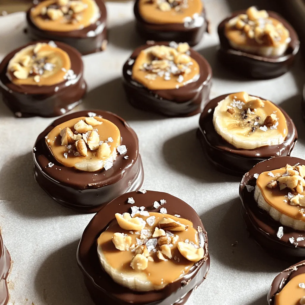 - 2 large ripe bananas - 1/2 cup creamy peanut butter - 1 cup dark chocolate chips - 1 tablespoon coconut oil - Sea salt, for sprinkling - 1/4 cup chopped nuts (optional) - Other nut butters (e.g., almond butter) - Flavor extracts (e.g., vanilla, almond) When making Chocolate Peanut Butter Banana Bites, the ingredients are simple and fun. Start with ripe bananas. They should have some spots for the best taste. The creamy peanut butter gives a rich flavor and smooth texture. Use dark chocolate chips for a nice mix of sweet and slightly bitter. To melt the chocolate, I recommend coconut oil. It helps the chocolate stay smooth and shiny. Sea salt is optional, but it adds a nice touch. You can also add chopped nuts for extra crunch. If you want to be creative, try other nut butters or flavor extracts. Using different nut butters can change the taste. Almond butter works well and has a nice flavor. Adding a splash of vanilla or almond extract can also enhance your bites. These ingredients make your snack treat both delicious and easy to prepare. For the full recipe, refer to the section above. - Peel and slice bananas into 1/2-inch rounds. - Prepare a baking sheet by lining it with parchment paper. - In a microwave-safe bowl, combine dark chocolate chips and coconut oil. - Microwave for 30 seconds, stir, and repeat until smooth. Aim for 1-2 minutes total. - Dip each banana slice into the melted chocolate. - Use a fork to lift it and let excess chocolate drip off. - Use a teaspoon to dollop peanut butter on each chocolate-covered slice. - Optionally, drizzle more melted chocolate over the peanut butter for flair. - Place the baking sheet in the freezer. Freeze for at least 1 hour. - Check if the chocolate is hard to know they’re ready. Now you have a simple snack treat to enjoy! For the full recipe, check out the details above. When making Chocolate Peanut Butter Banana Bites, the right chocolate matters. I recommend using high-quality dark chocolate. Brands like Ghirardelli or Guittard work well. They melt smoothly and taste rich. If you prefer milk chocolate, that’s fine too. Milk chocolate adds a sweet touch. White chocolate can be fun for a twist, but it lacks that rich flavor. Choosing ripe bananas is key to great flavor. Look for bananas that are yellow with a few brown spots. These bananas are sweet and soft. They blend well with chocolate and peanut butter. Overripe bananas can be too mushy, while green bananas are too firm. Ripe bananas add a nice sweetness to each bite. You can make these bites healthier by reducing sugar. Try using dark chocolate with a higher cocoa content. This gives a rich taste with less sugar. You can also swap peanut butter for almond butter or cashew butter. Each nut butter brings its own health benefits. Almond butter is lower in calories. Cashew butter is creamy and rich in vitamins. {{image_4}} You can make these chocolate peanut butter banana bites even more fun. Adding spices can boost the flavor. For example, a sprinkle of cinnamon on top enhances the taste. You might also try different toppings. Granola adds crunch and extra flavor. You can mix and match flavors to find your favorite combination. If you have special dietary needs, you can still enjoy this treat. For a vegan option, use dairy-free chocolate chips. You can also swap out peanut butter for almond or cashew butter. If you need gluten-free snacks, just make sure to check your chocolate and nut butter labels. Both options keep the bites tasty and inclusive. These bites pair well with many snacks. Try serving them with fresh fruit or yogurt. You can also add them to a dessert platter. For a creative touch, arrange them on a colorful plate. You might even drizzle some extra chocolate on top for show. These ideas make your snack time even more enjoyable. For the full recipe, check out the detailed instructions above. To keep your Chocolate Peanut Butter Banana Bites fresh, use an airtight container. This helps prevent air and moisture from ruining the bites. Store them in the freezer for best results. Make sure the container is sealed tight. For freezing, place the bites on a baking sheet first. This keeps them from sticking together. Freeze them for at least one hour until solid. When you want to serve them, take out only what you need. Allow them to thaw for a few minutes at room temperature. They will still taste great! These banana bites can last up to three months in the freezer. After that, they may lose flavor and texture. Look for signs of spoilage like a change in color or an off smell. If you see any of these, it’s best to toss them. Enjoy your bites while they are fresh! These bites stay fresh for about two weeks in the fridge. If you freeze them, they last up to three months. To keep them tasting great, store them in an airtight container. You want to avoid freezer burn, which can ruin their flavor. Yes! You can use strawberries, apples, or pear slices. Each fruit gives a different taste. Make sure they are firm enough to hold the chocolate. Soft fruits may fall apart when dipped. To make them healthier, try using dark chocolate with a higher cocoa content. You can also reduce the amount of peanut butter. Another tip is to use sugar-free chocolate chips. Consider adding seeds or unsweetened coconut for extra nutrition. If you lack coconut oil, use vegetable oil or butter instead. Both will work well for melting the chocolate. Just remember, the flavor might change slightly. Choose an oil that you like as it will affect the final taste of your bites. In this post, we explored how to make delicious chocolate peanut butter banana bites. We covered the key ingredients, simple steps to prepare, and helpful tips for the best results. Remember, using ripe bananas enhances flavor, and adding your favorite nut butter can boost nutrition. You can try different toppings and variations to make this treat your own. With proper storage, these bites will stay fresh for longer. Enjoy making and sharing this tasty snack!