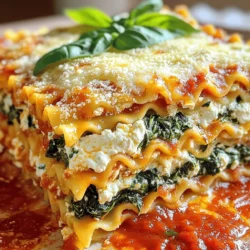 - 9 lasagna noodles - 2 cups fresh spinach, finely chopped - 1 cup creamy ricotta cheese - 1 cup mozzarella cheese, shredded (plus a handful for topping) - 1/2 cup freshly grated Parmesan cheese - 1 large egg - 3 cups marinara sauce (homemade or store-bought) - 2 cloves garlic, minced - 1 tablespoon extra virgin olive oil - Salt and freshly cracked black pepper to taste - 1 teaspoon Italian seasoning - Fresh basil leaves, for garnish What can I use instead of spinach? You can swap spinach with kale or Swiss chard. Both add great flavor and nutrients. What cheese can I use? Try cottage cheese for a lighter option. You can also mix in feta for a tangy twist. What if I need gluten-free noodles? Look for gluten-free lasagna noodles made from rice or corn. They work well in this dish. I hope these tips help you customize your Spinach Ricotta Lasagna to your taste! For the full recipe, check the earlier section. - Preheat the oven to 375°F (190°C). This helps the lasagna cook evenly. - Cook the lasagna noodles in a large pot of boiling salted water. Follow the package instructions until they are al dente. Drain the noodles and place them on a clean kitchen towel to cool. - In a skillet, add 1 tablespoon of olive oil and heat it over medium heat. Add 2 minced cloves of garlic and sauté for about 1 minute. You want it fragrant but not brown. Then, add 2 cups of finely chopped spinach. Cook until it wilts, about 3 minutes. Season with salt, pepper, and 1 teaspoon of Italian seasoning. Once done, remove from heat and let it cool slightly. - In a bowl, mix 1 cup of ricotta cheese, 1 cup of shredded mozzarella (save a handful for topping), 1/2 cup of grated Parmesan, 1 large egg, and the cooled spinach mixture. Stir until everything blends well and is creamy. - Start with a thin layer of marinara sauce at the bottom of a 9x13 inch baking dish. Lay down 3 lasagna noodles over the sauce. Spread half of the ricotta-spinach mixture over the noodles. Add another layer of marinara sauce. Repeat this process: noodles, remaining ricotta-spinach mixture, and more sauce. - Finish with another layer of noodles on top. Pour the remaining marinara sauce over this final layer. Sprinkle the reserved mozzarella evenly on top. - Cover the baking dish with aluminum foil. If you like, spray the foil with cooking spray to prevent sticking. - Bake in the preheated oven for 25 minutes. After that, remove the foil and bake for an additional 15 minutes. You want the cheese to be bubbly and golden brown. - Let the lasagna rest for about 10 minutes after baking. This lets it set, making it easier to slice. - For the full recipe, you can refer to the detailed instructions above. To get the best noodles, cook them al dente. This means they should be firm but tender. Follow the package instructions carefully. It will help if you add salt to the boiling water. This adds flavor and prevents sticking. Once cooked, let the noodles cool on a towel. This keeps them from getting mushy. To avoid a watery lasagna, drain extra moisture from the spinach. Squeeze it gently after cooking. Also, use a thicker marinara sauce. This helps keep the layers from becoming soggy. Layer the ingredients carefully, too. Start with sauce, then noodles, and then the filling. This order helps keep the moisture in check. Fresh herbs can really brighten up the dish. Consider using basil or parsley for a fresh taste. You can chop them finely and mix them into the ricotta filling. They add a nice punch to every bite. For extra warmth, add spices like red pepper flakes or nutmeg. A pinch of these can change the flavor. They make your lasagna unique and exciting. Experiment with different combinations. This is where your creativity shines! You can easily prep your lasagna in advance. Assemble the layers and cover them well. Store it in the fridge for a day or two. This allows the flavors to meld together. When ready to eat, bake it straight from the fridge. Just add a few extra minutes to the bake time. If you freeze it, let it thaw overnight before baking. This ensures even cooking. Reheat leftovers in the oven for the best texture. A microwave can make it soggy. For the full recipe, check out the complete guide on Spinach Ricotta Lasagna! {{image_4}} You can make your spinach ricotta lasagna even better by adding more veggies. Try zucchini, mushrooms, or bell peppers. These add flavor and color. You can also mix in artichokes or kale for a twist. For cheese, swap ricotta with cottage cheese for a lighter dish. You can also use goat cheese for a tangy flavor. Mixing different cheeses gives a nice taste and texture. Adding meat can make your lasagna heartier. Ground beef or sausage works well. Brown the meat before layering it with the ricotta-spinach mix. This adds a rich flavor. You could layer in cooked chicken or turkey as well. For a unique taste, try adding prosciutto or ham. Each meat option brings its own flavor and makes the dish more filling. To make a vegan version, replace ricotta with a plant-based alternative. Silken tofu mixed with nutritional yeast makes a great filling. You can also use cashew cheese for creaminess. For a low-carb option, swap the lasagna noodles with thin slices of zucchini. This keeps the dish light and lower in carbs. You can still enjoy the same great taste with these changes. Feel free to explore these options and find the best fit for your tastes! For the complete recipe, check out the Full Recipe. To keep your spinach ricotta lasagna fresh, store it correctly. First, let the lasagna cool. Then, cut it into portions. Place the pieces in an airtight container. This helps keep moisture in and flavors intact. You can also use plastic wrap over a baking dish. This method works well too. Store the lasagna in the fridge for up to four days. Freezing is a great way to save extra lasagna. Start by letting it cool completely. Wrap each portion tightly in plastic wrap. Then, place wrapped portions in a freezer bag. Remove as much air as possible before sealing. Label the bags with the date. You can freeze the lasagna for up to three months. When you’re ready to eat, thaw it in the fridge overnight. To reheat, place the lasagna in a preheated oven at 350°F (175°C). Cover it with foil to prevent it from drying out. Bake for about 25 to 30 minutes, until hot throughout. Enjoy your tasty meal again! For the full recipe, check out the Creamy Cheesy Spinach Ricotta Lasagna recipe above. Bake the lasagna for a total of 40 minutes. First, cover it with foil and bake for 25 minutes. After that, remove the foil and bake for an additional 15 minutes. This will help the cheese get bubbly and golden. Yes, you can use no-boil lasagna noodles. They save time and effort. However, they require more sauce to cook properly. Too little sauce can lead to a dry dish. If you have extra sauce, this is a great option. Check for bubbling cheese and a golden top. The edges should also be slightly crisp. If you insert a knife, it should go through easily. Let it rest for 10 minutes before serving. This helps the layers set. A fresh salad works well with this lasagna. Try a simple green salad with a light dressing. Garlic bread is also a great choice. It complements the cheesy flavor of the lasagna. Consider a side of roasted vegetables for balance. This blog post covered all the steps to create a delicious Spinach Ricotta Lasagna. We listed the required ingredients and provided helpful tips. You learned how to prep, assemble, and bake your dish perfectly. Remember, making this lasagna can be fun and adjustable based on your tastes. Don't hesitate to try new things. With practice, you'll impress your family and friends with your skills. Enjoy this meal and make it your own!