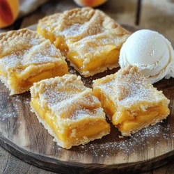 - 2 cups fresh peaches, peeled and diced - 1 cup granulated sugar, divided - 1 ½ cups all-purpose flour - ½ teaspoon baking powder - ½ teaspoon salt - 1 tablespoon freshly squeezed lemon juice - 1 teaspoon pure vanilla extract - 1 teaspoon ground cinnamon - ½ teaspoon ground nutmeg - ½ cup unsalted butter, melted and slightly cooled - 1 large egg, beaten - 1 tablespoon cornstarch (optional) You can make these peach pie bars with fresh, juicy peaches. I love using ripe peaches because they make the bars so sweet. The sugar helps balance the tartness of the fruit. You will need some pantry staples like flour, baking powder, and salt. These create the base for the crust. It is simple but essential. Next, flavor enhancers bring everything together. The lemon juice brightens the taste, while vanilla adds sweetness. Cinnamon and nutmeg give warmth and depth. Don’t forget the butter and egg. They add richness and help bind the crust. If you want a thicker filling, add cornstarch. For the full recipe, you can check the complete guide on preparing these delightful bars. Enjoy the sweet summer taste of peach pie bars! - Step 1: Preheat the oven First, set your oven to 350°F (175°C). This is the perfect temperature for baking. - Step 2: Prepare the peach filling In a medium bowl, take 2 cups of fresh peaches, peeled and diced. Add ½ cup of granulated sugar, 1 tablespoon of lemon juice, and 1 teaspoon of vanilla extract. Sprinkle in 1 teaspoon of ground cinnamon and ½ teaspoon of nutmeg. If you want a thicker filling, add 1 tablespoon of cornstarch. Mix this well and let it sit. This helps the peaches absorb the flavors. - Step 3: Mix dry ingredients In a large bowl, whisk together 1 ½ cups of all-purpose flour, ½ teaspoon of baking powder, ½ teaspoon of salt, and the remaining ½ cup of sugar. This makes a tasty base for your bars. - Step 4: Combine wet ingredients In another bowl, mix ½ cup of melted butter with 1 beaten egg until it’s smooth. Then, pour this mix into the dry ingredients. Stir gently until just combined. Don’t overmix to keep the crust tender. - Step 5: Reserve crumb mixture, press crust Set aside about 1 cup of the crumb mixture for later. Press the rest evenly into the bottom of your prepared 9x13-inch baking dish. This will form the solid crust layer. - Step 6: Spread peach filling and add topping Carefully spread the peach filling over the crust. Make sure it’s even. Then, sprinkle the reserved crumb mixture on top for a nice finish. - Step 7: Bake and cool Place the dish in the oven and bake for 30-35 minutes. The top should be golden brown and the filling bubbly. Once done, let it cool for at least 20 minutes in the pan. Then, lift the bars out using the parchment paper. Cut them into squares once they cool completely. For the full recipe, check the instructions above. Enjoy your peach pie bars! Choosing ripe peaches Choose peaches that are slightly soft. They should smell sweet and fragrant. Ripe peaches give the best flavor. Avoid hard or overly soft peaches as they may not bake well. Avoiding a soggy crust To prevent a soggy crust, bake the crust before adding the filling. Press it firmly into the dish. This step creates a barrier. It keeps the juices from soaking in. Also, use cornstarch in the peach filling. It helps absorb excess liquid. Pair with ice cream or whipped cream Serve your peach pie bars with vanilla ice cream. The cold creaminess pairs well with warm bars. Whipped cream is another great option for a light touch. Both add a delightful contrast to the sweet peaches. Presentation tips using powdered sugar Dust the bars with powdered sugar right before serving. This adds a nice touch and makes them look fancy. For a colorful twist, add some fresh mint leaves on top. Adding spices or other fruit Feel free to add spices to the filling. A pinch of ginger or cloves can enhance the flavor. You can also mix in berries for extra sweetness. Strawberries or blueberries work well with peaches. Gluten-free and vegan alternatives For gluten-free bars, use almond flour or oat flour. Replace the egg with a flax egg for a vegan option. This makes the recipe suitable for everyone. You can still enjoy peach pie bars with these simple swaps. {{image_4}} You can add fun flavors to your peach pie bars. Try mixing in berries like blueberries or raspberries. They add a pop of color and taste great with peaches. You can also use other fruits like cherries or nectarines. Each fruit gives a new twist to the classic recipe. Spices can also change the flavor. Adding ginger gives a warm kick to the bars. For a fragrant touch, try cardamom. A little goes a long way. It pairs well with peaches and brings out their sweetness. If you need gluten-free options, almond or oat flour works well. These flours give a nice texture and flavor. Just swap the all-purpose flour with your choice. You can still enjoy delicious bars without gluten. For vegan peach pie bars, replace the egg and butter. Use a flax egg made from ground flaxseed and water. Coconut oil or plant-based butter can substitute for regular butter. Your bars will taste just as amazing without animal products. Want something different? Try cheesecake peach pie bars. Add cream cheese to the filling for a rich, creamy taste. Swirl it into the peach mixture for a fun look. You can also play with the topping. Instead of a crumb topping, add a crumble made from oats and nuts. This gives a crunchy texture that contrasts nicely with the soft filling. There are endless ways to make your peach pie bars exciting! For the full recipe, check out the [Full Recipe]. Store your peach pie bars in the fridge. Place them in an airtight container. This helps keep them fresh. If you have leftovers, use parchment paper between layers. This prevents them from sticking together. Yes, you can freeze peach pie bars! Wrap each bar in plastic wrap. Then place them in a freezer bag. This method keeps them tasty for up to three months. When you are ready to eat, let them thaw in the fridge overnight. You can also reheat them in the oven for a warm treat. Peach pie bars last about a week in the fridge. Check for signs of spoilage. If you see mold or an off smell, it's best to toss them. Keeping your bars stored properly helps them stay fresh longer. Enjoy your peachy paradise! How do I know when peach pie bars are done? You can tell when peach pie bars are done by checking the top. Look for a golden brown color. You should also see the peach filling bubbling around the edges. A toothpick inserted in the center should come out clean or with a few moist crumbs. Can I use canned peaches instead of fresh? Yes, you can use canned peaches. Just make sure to drain them well. Canned peaches often have added sugar, so you may want to cut back on the sugar in your filling. What’s the best way to cut peach pie bars? To cut peach pie bars neatly, let them cool completely first. Use a sharp knife and make clean, straight cuts. You can also use a ruler to help keep your pieces even. For a fun touch, serve the bars on a decorative plate. Can I use a different fruit for this recipe? Absolutely! You can swap peaches for other fruits. Try berries, apples, or pears. Each fruit brings its own flavor and texture, making it a fun experiment. Just adjust the sugar based on your chosen fruit's sweetness. What should I do if my filling is too runny? If your filling is runny, you can add cornstarch. Mix it in with the peaches before baking. If they are already baked, you can bake them a bit longer. This helps thicken the filling as it cools. Why did my crust crumble? A crumbling crust often means the dough is too dry. Ensure you measure your ingredients correctly. Adding a touch of water or more butter can help. Don't overmix the dough, as that can also lead to crumbling. In this blog post, we covered how to make delicious peach pie bars from scratch. We explored the fresh ingredients needed, step-by-step instructions, and helpful tips to perfect your bars. Don't forget about the variations and storage tips to keep your treats fresh. My final thought is that these peach pie bars are a fun treat you can customize for any occasion. Enjoy sharing them with friends and family!