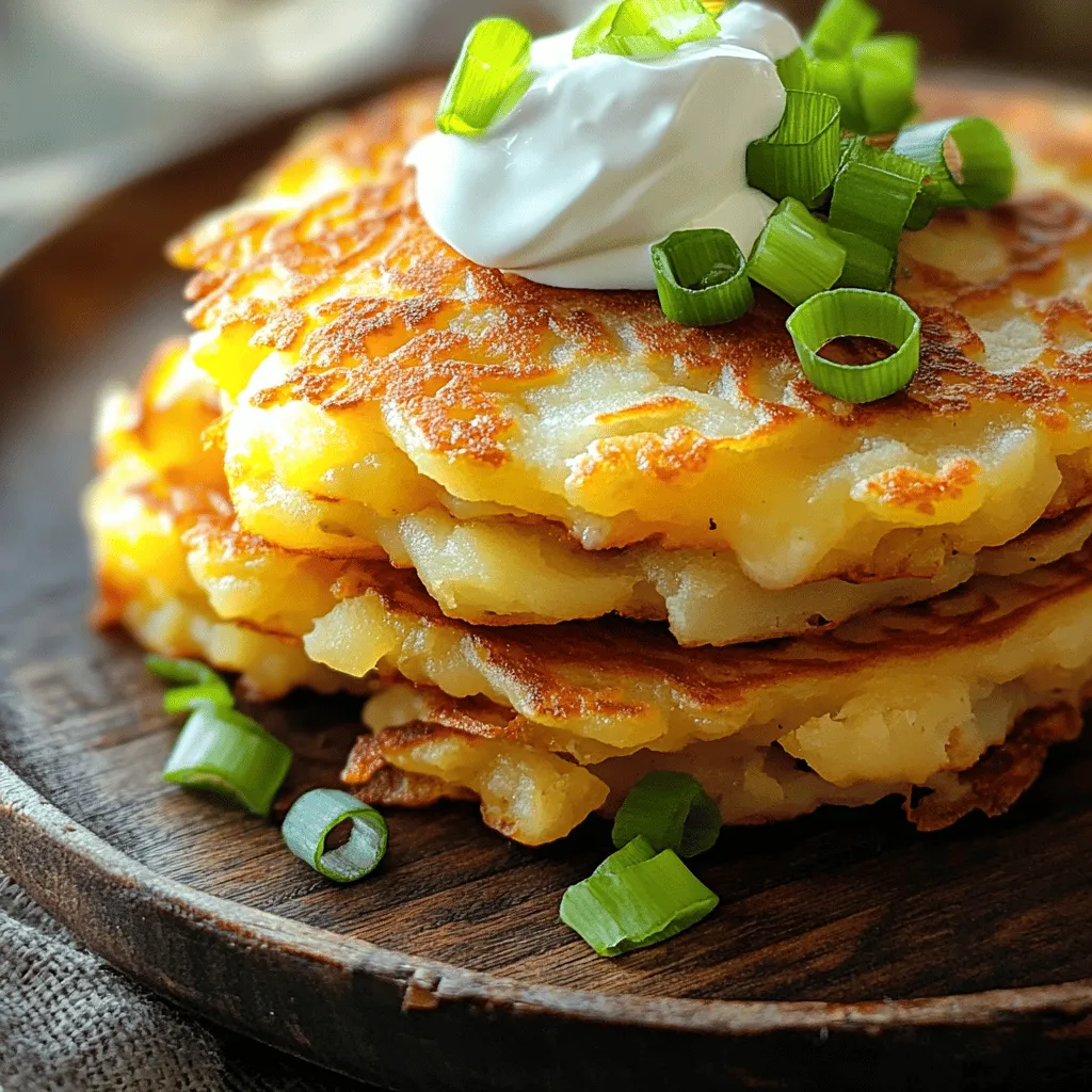Making cheesy potato pancakes is easy and fun. You only need a few simple ingredients. This recipe brings rich flavor and crispy texture. Grab your tools and let’s cook! - 2 cups grated potatoes (about 3 medium-sized potatoes) - 1 cup shredded cheese (like cheddar or your favorite blend) - 1/2 cup all-purpose flour - 2 large eggs, lightly beaten - 1/4 cup green onions, finely chopped - 1 teaspoon garlic powder - 1/2 teaspoon salt - 1/4 teaspoon freshly ground black pepper - 1/4 cup sour cream (for serving) - Vegetable oil for frying If you don’t have an item, here are some swaps: - Use sweet potatoes instead of regular potatoes for a sweet twist. - Swap cheese for a dairy-free option like nutritional yeast. - Replace all-purpose flour with almond flour for gluten-free pancakes. - Green onions can be replaced with chives or shallots for a milder taste. These changes help you enjoy the dish no matter your diet! Start by peeling the potatoes. Use a box grater or a food processor to grate them. After grating, take a clean kitchen towel and place the grated potatoes inside. Twist the towel tightly to squeeze out moisture. This step is key for crispy pancakes. If you skip it, the pancakes may turn out soggy. In a large mixing bowl, combine the grated potatoes and shredded cheese. Add the all-purpose flour, beaten eggs, and chopped green onions. Don’t forget the garlic powder, salt, and black pepper. Mix everything well until it becomes a smooth mixture. Make sure all ingredients are evenly blended for the best flavor. Heat a large skillet over medium heat. Pour in enough vegetable oil to coat the bottom. Once the oil is hot, use a 1/4-cup measuring cup to scoop the potato mixture. Gently drop it into the skillet. Use a spatula to flatten it into a pancake shape. Leave space between pancakes to cook evenly. Fry each pancake for 3-4 minutes until golden brown. Flip them carefully and cook for another 3-4 minutes. When done, place the pancakes on a plate lined with paper towels to drain excess oil. Serve hot with a dollop of sour cream. You can find the full recipe here. To get the best texture, moisture control is key. After grating the potatoes, use a clean kitchen towel to squeeze out as much water as possible. This step is very important for crispy pancakes. If the mixture is too wet, your pancakes will be soggy. Aim for a dry, fluffy texture. You can easily change the flavor of your pancakes. Try adding different cheeses like mozzarella or pepper jack for a kick. Fresh herbs like parsley or dill can also add a nice twist. If you want more kick, add a pinch of cayenne pepper or some chopped jalapeños. Taste the mixture before cooking to ensure the flavors are just right. Watch out for common errors that can ruin your pancakes. Don’t skip squeezing out the moisture from the potatoes; it’s a must! Also, make sure not to overcrowd the pan when cooking. This can lead to steaming instead of frying. Finally, keep your heat at medium. Too high, and they will burn before cooking through. Following these tips will help you create perfect cheesy potato pancakes every time. {{image_4}} You can change the flavor by using different cheeses. Try mozzarella for a stretchy texture. Feta adds a tangy twist. You can mix cheeses, too. A blend of cheddar and gouda gives a rich taste. The cheese melts well and makes the pancakes extra gooey. Experiment with your favorites and find the perfect combo. Adding veggies or meats can boost flavor and nutrition. Grate zucchini or carrots and mix them in. Chopped spinach also works well. If you want a heartier dish, add cooked bacon or ham. These additions make the pancakes more filling. Just chop everything small so they mix well with the potatoes. If you need gluten-free pancakes, it's easy to adapt. Substitute all-purpose flour with a gluten-free blend. You can also use almond or coconut flour. Both work great and taste delicious. Just remember to check your cheese, as some may have gluten. Enjoy these pancakes without worry! For the complete recipe, check out the [Full Recipe]. To store leftover cheesy potato pancakes, let them cool completely. Place them in an airtight container. Make sure to separate each pancake with parchment paper. This keeps them from sticking together. You can store them in the fridge for up to 4 days. When reheating, you want to keep that crispy texture. The best way is to use a skillet. Heat a little oil over medium heat. Add the pancakes and cook for about 2-3 minutes on each side. This will make them warm and crispy again. You can also use an oven. Preheat it to 350°F (175°C) and bake them for about 10 minutes. To freeze, first, let the pancakes cool. Then, place them on a baking sheet in a single layer and freeze them for about 1 hour. Once frozen, transfer them to a freezer-safe bag or container. They can last up to 3 months. When ready to eat, thaw them in the fridge overnight before reheating. Enjoy your cheesy potato pancakes anytime! For the full recipe, check out the details above. To make cheesy potato pancakes crispy, start by removing excess moisture from the grated potatoes. After grating, place them in a clean towel. Twist the towel tightly to squeeze out water. Less moisture equals more crisp! Use enough oil in the skillet to coat the bottom. This helps the pancakes fry evenly. Cook them in batches, leaving space between each pancake. This allows air to flow and keeps them crispy. Yes, you can make cheesy potato pancakes ahead of time. You can prepare the batter and store it in the fridge for up to 24 hours. This allows the flavors to meld. If you cook them first, let them cool completely. Store them in an airtight container in the fridge. You can reheat them in the oven or skillet before serving. They will taste almost as fresh as when you first cooked them. Some great dipping sauces for potato pancakes include sour cream, applesauce, and yogurt. Sour cream adds a rich and tangy flavor. Applesauce brings sweetness that pairs well with the savory pancakes. You could also try ranch dressing or a spicy aioli for a twist. Experiment with your favorites and find the perfect match! This blog post provided a complete guide to making cheesy potato pancakes. We covered the key ingredients, step-by-step instructions, and useful tips. You now know how to achieve the perfect texture and adjust flavors. We explored variations to suit different tastes and shared smart storage tips. Remember, the right ingredients and careful cooking make all the difference. Enjoy your delicious pancakes now or later!
