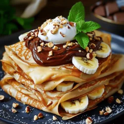 - 1 cup all-purpose flour - 2 large eggs - 1 ½ cups milk - 2 tablespoons melted butter (plus extra for cooking) - 1 tablespoon granulated sugar - 1 teaspoon vanilla extract - Pinch of salt - ½ cup chocolate hazelnut spread - 1 banana, sliced - ½ cup whipped cream (optional) - Chopped hazelnuts (for garnish) - Fresh mint leaves (for garnish, optional) To make the best Chocolate Hazelnut Spread Crepes, you need simple ingredients. All-purpose flour serves as the base. Eggs add richness and help bind the crepes. Milk gives a smooth texture, while melted butter brings in flavor. Granulated sugar adds a touch of sweetness. Vanilla extract enhances the taste and a pinch of salt balances it all. For the filling, the star is the chocolate hazelnut spread. Nutella is a popular choice, but feel free to explore other brands. Slices of banana add a nice fruitiness. If you want to go all out, whipped cream makes a dreamy topping. Chopped hazelnuts add crunch and fresh mint leaves offer a pop of color and flavor. This selection of ingredients sets you up for success. You can find the full recipe to bring these flavors together perfectly. First, let’s mix the dry ingredients. In a large bowl, combine: - 1 cup all-purpose flour - 1 tablespoon granulated sugar - Pinch of salt Whisk them together until well mixed. This step is key for smooth batter. Next, we combine the wet ingredients. In another bowl, beat: - 2 large eggs Add: - 1 ½ cups milk - 2 tablespoons melted butter - 1 teaspoon vanilla extract Mix these until smooth. Then, pour the wet mix into the dry mix. Stir until you have a lump-free batter. Now, let the batter rest for 15-30 minutes. This improves texture. It allows the flour to absorb moisture, making crepes tender. Now, it’s time to heat the skillet. Set a non-stick skillet on medium heat. Once it’s hot, add a small pat of butter. Swirl it around to coat the pan. This helps prevent sticking. Next, pour a ladleful of batter into the skillet. Tilt and swirl the pan to spread the batter evenly. Cook for 1-2 minutes. Look for edges that lift and a light golden color. Carefully flip the crepe using a spatula. Cook for another minute. Once done, transfer the crepe to a plate. Repeat this with the rest of the batter. Add more butter as needed for each crepe. Take one cooked crepe and spread about one tablespoon of chocolate hazelnut spread on one side. Next, add a few banana slices on top of the spread. Now, fold the crepe in half. Then fold it again to form a triangle. For a nice touch, you can add whipped cream on top. Sprinkle with chopped hazelnuts for crunch. Fresh mint leaves can add a pop of color too. You can find the full recipe to create these delightful treats. Enjoy every bite of your delicious Chocolate Hazelnut Delight Crepes! Resting the batter is key for smooth crepes. Letting it rest for 15-30 minutes allows the flour to absorb moisture. This step helps create soft, lacy edges. For cooking, use medium heat. If your skillet is too hot, the crepes will burn. A good test is to sprinkle a drop of water on the skillet. If it sizzles and evaporates, you’re ready! Avoid overmixing the batter. This can make your crepes tough instead of tender. Mix just until combined; a few lumps are okay. Also, don't cook at too high of a heat. This can lead to uneven cooking. Keep an eye on your crepes and adjust the heat as needed. Fruits pair well with chocolate hazelnut spread crepes. Try adding fresh strawberries or raspberries for a bright contrast. You can also drizzle dessert sauces like caramel or chocolate over the top. This adds extra sweetness and makes the dish even more delightful. For the full recipe, check out the Chocolate Hazelnut Delight Crepes section! {{image_4}} You can be really creative with your Chocolate Hazelnut Delight Crepes. Try using different spreads like peanut butter or fruit spreads. They add unique flavors and textures. You can also sprinkle spices like cinnamon or nutmeg into your batter. These spices bring warmth and a new twist to each bite. If you need gluten-free options, use a gluten-free flour blend. This works just as well in the batter. For vegan substitutions, swap the eggs for flaxseed meal mixed with water. Use plant-based milk and a vegan butter alternative. Both changes keep the crepes delicious and friendly for everyone. You can adjust the portion size easily. If you're cooking for a small group, make fewer crepes. If you have a crowd, double the recipe. Each crepe is a perfect treat, so make as many as you need. This way, everyone enjoys their own tasty crepe filled with chocolate hazelnut goodness! For the complete recipe, check out the [Full Recipe]. To keep your crepes fresh, refrigerate them. Place them in a container with a lid. Make sure to put parchment paper between each crepe. This way, they won’t stick together. You can store them for up to three days. When you want to enjoy your crepes again, use a skillet to reheat them. Heat the skillet on low. Add a little butter to keep them moist. Cook each side for about 30 seconds. This method helps maintain their soft texture and rich flavor. If you want to save crepes for later, freezing is a great option. Stack them with parchment paper between each crepe. Wrap the stack in plastic wrap and place it in a freezer bag. They can last up to two months in the freezer. To thaw, leave them in the fridge overnight. Reheat them in a skillet as mentioned above. Enjoy your crepes at any time! You can use several things if you need an alternative. Here are some options: - Alternative spreads: Try almond butter or peanut butter for a nutty twist. You can also use fruit spreads like raspberry or strawberry for a fruity flavor. - Homemade options: Blend roasted hazelnuts with cocoa powder and a sweetener like honey or maple syrup. This will give you a tasty, homemade version. If you don’t have a non-stick skillet, don’t worry! You can still make crepes. - Alternative cooking surfaces: Use a well-seasoned cast-iron skillet or a griddle. Both can work well if heated properly. - Tips for preventing sticking: Always preheat your skillet before adding batter. Use enough butter to coat the pan lightly. This will help prevent the crepes from sticking. Making your crepes healthier is easy with a few simple swaps. - Ingredient swaps: Use whole wheat flour instead of all-purpose flour for more fiber. You can also replace regular milk with almond milk or oat milk for a lighter option. - Adding nutritious toppings: Top with fresh fruits like berries or add a spoonful of Greek yogurt for protein. Adding nuts can also boost the nutrition and flavor. For more details, check out the Full Recipe! In this post, we covered essential ingredients, step-by-step instructions, and useful tips for perfect crepes. From mixing the batter to adding delicious fillings, each part is key to your success. Remember that resting the batter and cooking at the right heat ensures great results. Don't hesitate to explore variations and adjust for dietary needs. Finally, proper storage helps you enjoy crepes later. With these insights, you can create tasty treats each time. Happy cooking!