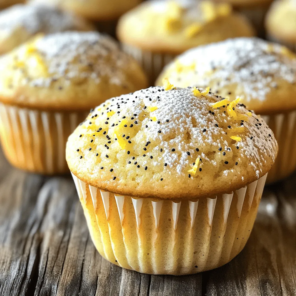 To make these tasty muffins, gather the following ingredients: - 1 ½ cups all-purpose flour - 1 tablespoon poppy seeds - 1 teaspoon baking powder - ½ teaspoon baking soda - ¼ teaspoon salt - ½ cup unsalted butter, softened - 1 cup granulated sugar - 2 large eggs, at room temperature - 1 teaspoon pure vanilla extract - ½ cup buttermilk, at room temperature - Zest of 2 medium lemons - 2 tablespoons freshly squeezed lemon juice These ingredients come together to create a bright and fluffy muffin. The combination of lemon zest and juice adds a fresh zing, while poppy seeds provide a delightful crunch. You can add a few extra ingredients to make your muffins truly unique. Here are some ideas: - Fresh blueberries or raspberries for a fruity twist - Chopped nuts, like walnuts or almonds, for a crunchy texture - A sprinkle of lavender for a floral note - A glaze made from lemon juice and powdered sugar for added sweetness Feel free to mix and match these options to suit your taste. Each addition can change the flavor profile and keep things interesting. If you need alternatives for any of the ingredients, here are some great substitutes: - Use whole wheat flour instead of all-purpose flour for a heartier muffin. - Try Greek yogurt in place of buttermilk for a protein boost. - Substitute coconut oil for unsalted butter to make it dairy-free. - Use honey or maple syrup instead of granulated sugar for a natural sweetener. These substitutions can help you tailor the muffins to your dietary needs without sacrificing flavor. First, set your oven to 350°F (175°C). This will help your muffins bake evenly. Grab your muffin tin and line it with paper liners or grease it well. This step is key to preventing the muffins from sticking. In a medium bowl, add your dry ingredients. Combine 1 ½ cups of all-purpose flour, 1 tablespoon of poppy seeds, 1 teaspoon of baking powder, ½ teaspoon of baking soda, and ¼ teaspoon of salt. Whisk these together until well mixed. This ensures even distribution of flavors. In a large bowl, cream ½ cup of softened butter and 1 cup of sugar. Use an electric mixer for about 2-3 minutes. The mixture should become light and fluffy. This step adds air to your muffins, making them rise nicely. Now it's time to mix the wet and dry ingredients. Add 2 large eggs, 1 teaspoon of vanilla extract, the zest of 2 lemons, and 2 tablespoons of lemon juice to your butter mixture. Beat well after each egg. Gradually stir in your dry mix, alternating with ½ cup of buttermilk. Start and end with the dry mix. Be careful not to overmix, as this keeps the muffins tender. Using a spoon or ice cream scoop, fill each muffin cup about two-thirds full. This gives the muffins room to rise without spilling over. Place the muffin tin in your preheated oven and bake for 18-20 minutes. Use a toothpick to check when they are done; it should come out clean. After baking, let the muffins cool in the tin for about 5 minutes. Then, transfer them to a wire rack to cool completely. For a lovely touch, you can dust the cooled muffins with powdered sugar or drizzle a lemon glaze on top. Serve them on a nice plate to impress your guests. If you want the full recipe, check the section above. To get that soft, moist muffin, use room temperature ingredients. Cold eggs or butter can cause lumps. Cream the butter and sugar until fluffy. This step adds air and helps the muffins rise. Mix the dry and wet ingredients gently. Overmixing can make them dense. Remember, lumps are okay! For even baking, always preheat your oven. Make sure each muffin cup is filled about two-thirds full. This allows space for rising. Rotate the muffin tin halfway through baking. This helps the muffins bake evenly. If your oven has hot spots, this step is key. Zest is your friend here! Use fresh lemon zest for a bright taste. You can also add a splash of almond extract for a twist. Consider mixing in poppy seeds as you whisk the dry ingredients. This releases their flavor. For a sweeter touch, drizzle a lemon glaze on top after baking. The extra zing will wow your guests! For the full recipe, check out the detailed instructions. {{image_4}} You can easily make gluten-free lemon poppy seed muffins. Use a gluten-free flour blend instead of all-purpose flour. Ensure the blend has a good starch content for the best texture. Follow the same steps in the recipe, and enjoy the same zesty flavor without gluten. To create vegan lemon poppy seed muffins, swap the eggs with flaxseed meal. Mix one tablespoon of flaxseed meal with three tablespoons of water for each egg. Replace the buttermilk with almond milk or soy milk mixed with a splash of vinegar. This keeps the muffins moist and tasty. Adding fruits or nuts can make these muffins even better. Consider mixing in blueberries or raspberries for a fruity twist. For a crunchy texture, add chopped walnuts or almonds. Just be careful not to overload the batter. This way, you keep the muffins fluffy and light. You can find the full recipe for these delightful muffins at the beginning of this article. Enjoy experimenting with different flavors! To keep your lemon poppy seed muffins fresh, store them in an airtight container. Place parchment paper between layers to prevent sticking. This method keeps moisture in while allowing some air circulation. You can store them at room temperature for up to three days. If you want to keep them longer, use the fridge. But remember, refrigeration can change their texture. Freezing muffins is easy and great for meal prep. First, let the muffins cool completely. Wrap each muffin tightly in plastic wrap. Then, place them in a freezer bag or container. Remove as much air as possible before sealing. These muffins can last up to three months in the freezer. When you’re ready to enjoy them, just thaw in the fridge or at room temperature. To enjoy your muffins warm, preheat your oven to 350°F (175°C). Place the muffins on a baking sheet and heat for about 10 minutes. This method helps restore their soft texture. If you're in a hurry, you can microwave them for about 15-20 seconds. Just be careful not to overheat, as this can make them tough. For the best taste, serve them warm! Lemon Poppy Seed Muffins stay fresh for about 3 to 5 days. Store them in an airtight container at room temperature. For longer storage, keep them in the fridge, where they can last up to a week. You can also freeze them for up to 3 months. This keeps the flavor bright and zesty. Yes, you can make the batter ahead of time! Mix it and store it in the fridge for up to 24 hours. Just cover the bowl with plastic wrap. When you are ready to bake, stir the batter gently before filling the muffin tins. This makes it easy to enjoy fresh muffins any day! Serve Lemon Poppy Seed Muffins warm or at room temperature. They pair great with tea or coffee. For a special touch, add a drizzle of lemon glaze or a dusting of powdered sugar. You can also enjoy them with butter or cream cheese for a rich flavor. Lemon Poppy Seed Muffins can be a tasty treat. They contain ingredients like flour, butter, and sugar, which provide energy. However, they do have sugar and fat. Enjoy them as an occasional snack or breakfast. To make them healthier, consider using whole grain flour or reducing the sugar. To make Lemon Poppy Seed Muffins less sweet, reduce the sugar by 1/4 cup. You can also add extra lemon juice or zest. This will enhance the tart flavor and balance the sweetness. Remember, tasting as you go can help you find the perfect balance! For the full recipe, check out the [Full Recipe]. We explored how to make delicious lemon poppy seed muffins. You learned about the main ingredients, optional additions, and substitutes. We covered easy step-by-step instructions, along with tips for the best texture and flavor. You now have ideas for variations, storage methods, and answers to common questions. Remember, these muffins can fit many tastes. Enjoy baking and sharing them with others. Your kitchen can be a happy place filled with fresh baked goods!