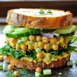 To make a tasty smashed chickpea salad sandwich, gather these items: - 1 can (15 oz) chickpeas, thoroughly drained and rinsed - 1/4 cup plain Greek yogurt (or alternative non-dairy yogurt for a vegan option) - 2 tablespoons mayonnaise (optional for added creaminess) - 1 tablespoon Dijon mustard for a zesty bite - 1 tablespoon freshly squeezed lemon juice - 1/4 cup red onion, finely chopped for sharp flavor - 1/4 cup celery, finely chopped to add crunch - 1/4 cup diced cucumber for freshness - 1 tablespoon fresh dill, chopped (or 1 teaspoon dried dill for convenience) - Salt and freshly ground black pepper to taste - 4 slices of whole grain bread (or gluten-free variety as desired) - Leaves of crisp lettuce or tender baby spinach for serving You can easily swap some ingredients if you like. For Greek yogurt, you can use any non-dairy yogurt. This makes the dish vegan-friendly. If you want more creaminess, try using avocado instead of mayonnaise. You can also switch red onion for green onions if you prefer a milder flavor. If you don’t have dill, parsley or cilantro works well too. I love to serve this sandwich with crunchy vegetable sticks. Carrots or bell peppers add a nice crunch. A light salad on the side makes it feel fresh. Add a sprinkle of extra fresh dill on top of the sandwich for a lovely touch. Enjoying it on a picnic or for lunch makes it even better! For the full recipe, check out the Smashed Chickpea Delight Sandwich. Start with a medium bowl. Add the drained and rinsed chickpeas. Use the back of a fork or a potato masher to smash them. Leave some chickpeas whole. This adds a nice texture. Next, mix in the Greek yogurt and mayonnaise if you want more creaminess. Then, add the Dijon mustard and lemon juice. Stir until it is smooth and creamy. Now, fold in the red onion, celery, cucumber, and dill. Make sure to taste the mixture. Add salt and pepper to your liking. If you want more zing, squeeze in extra lemon juice. Take two slices of your toasted whole grain bread. Scoop a generous amount of the chickpea mixture onto one slice. Spread it well, covering the bread. Next, add a layer of fresh lettuce or baby spinach on top. Place the other slice of bread on top. Press down gently. Now, use a sharp knife to cut the sandwich in half. This makes it easier to eat. To get the best toast, use a toaster or a pan. If using a pan, heat it on medium. Once hot, place the bread in the pan. Toast each side until golden brown. Keep an eye on it to prevent burning. For extra flavor, you can butter the bread before toasting. This gives it a nice, rich taste. Enjoy your perfectly toasted bread with the delicious chickpea salad! To smash chickpeas, use a fork or potato masher. Start with a can of chickpeas. Make sure to drain and rinse them well. This helps remove the canning liquid. Place them in a bowl. Press down gently, but keep some whole. This adds nice texture to your salad. Aim for a mix of creamy and chunky. It will make your sandwich more fun to eat! You can boost flavors in your salad. Add fresh herbs like dill or parsley. They bring brightness and depth. For a kick, try adding red pepper flakes. You can also mix in diced pickles for tanginess. If you want a zesty flavor, use extra lemon juice. Tasting as you mix is key. Adjust salt and pepper to your liking. This helps you find the perfect balance. If you have leftover salad, store it in an airtight container. Keep it in the fridge for up to three days. The flavors will blend more over time. When ready to eat, give it a good stir. You may need to add a bit more yogurt or lemon juice. This keeps it fresh and creamy. Avoid freezing the salad, as it can change the texture. Follow these tips, and your sandwich will stay tasty! {{image_4}} You can easily make this sandwich vegan. Just swap Greek yogurt for a non-dairy yogurt. Use vegan mayo instead of regular mayo, if you like. This keeps the salad creamy and tasty without any animal products. Herbs can change the flavor a lot. Fresh parsley gives a bright, fresh taste. Cilantro adds a bold twist. You can also try basil for a sweet, aromatic flavor. Just chop the herbs finely and mix them in. Want some extra crunch? Try adding chopped bell peppers or radishes. Sunflower seeds or pumpkin seeds can also boost the texture. For a fruity twist, mix in diced apples or grapes. These options add fun flavors and make the sandwich even more exciting. You can find the Full Recipe to try these ideas! To store your smashed chickpea salad sandwich, wrap it tightly in plastic wrap. You can also use a reusable container. Make sure to keep it in the fridge. This keeps the bread fresh and the filling tasty. Avoid stacking heavy items on top. This can squish the sandwich and make it soggy. Your sandwich will stay fresh in the fridge for about 1 to 2 days. After that, the bread may get stale, and the salad might lose its flavor. For best taste, eat it within the first day. If you can't finish it, store it separately. Keep the filling and bread apart to maintain freshness. You can freeze the chickpea salad mixture if you want to save it longer. Place it in a freezer-safe container. It will keep well for up to 3 months. When you're ready to eat, thaw it in the fridge overnight. Then, make your sandwich fresh with new bread. Freezing the sandwich as a whole is not recommended, as the bread will become soggy when thawed. You can use any non-dairy yogurt for a vegan option. Silken tofu also works well. It adds creaminess and protein, just like Greek yogurt. Try plain coconut or almond yogurt for a nice taste. Yes, you can make this sandwich gluten-free. Just swap regular bread for gluten-free bread. Look for brands that offer good texture and taste. Many stores have great options for gluten-free bread. The salad mixture lasts about 3 to 4 days in the fridge. Store it in an airtight container to keep it fresh. Before you use it, stir it well. Add a little lemon juice if it seems dry. You may have other questions about the Smashed Chickpea Salad Sandwich. Feel free to experiment with extra ingredients or spices. This dish is all about fun and creativity! We explored how to make a tasty smashed chickpea salad sandwich. You learned about key ingredients and simple substitutions. I shared easy steps for preparation and tips for toasting bread. You also discovered flavor boosts and storage tips for leftovers. Lastly, I covered variations and answered common questions. Embrace the joy of making this sandwich. It's healthy, fun, and easy to adjust. Enjoy the flavors and get creative!