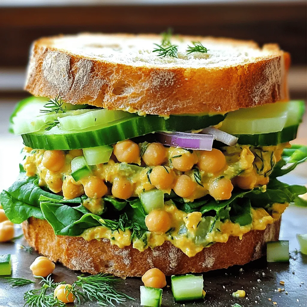To make a tasty smashed chickpea salad sandwich, gather these items: - 1 can (15 oz) chickpeas, thoroughly drained and rinsed - 1/4 cup plain Greek yogurt (or alternative non-dairy yogurt for a vegan option) - 2 tablespoons mayonnaise (optional for added creaminess) - 1 tablespoon Dijon mustard for a zesty bite - 1 tablespoon freshly squeezed lemon juice - 1/4 cup red onion, finely chopped for sharp flavor - 1/4 cup celery, finely chopped to add crunch - 1/4 cup diced cucumber for freshness - 1 tablespoon fresh dill, chopped (or 1 teaspoon dried dill for convenience) - Salt and freshly ground black pepper to taste - 4 slices of whole grain bread (or gluten-free variety as desired) - Leaves of crisp lettuce or tender baby spinach for serving You can easily swap some ingredients if you like. For Greek yogurt, you can use any non-dairy yogurt. This makes the dish vegan-friendly. If you want more creaminess, try using avocado instead of mayonnaise. You can also switch red onion for green onions if you prefer a milder flavor. If you don’t have dill, parsley or cilantro works well too. I love to serve this sandwich with crunchy vegetable sticks. Carrots or bell peppers add a nice crunch. A light salad on the side makes it feel fresh. Add a sprinkle of extra fresh dill on top of the sandwich for a lovely touch. Enjoying it on a picnic or for lunch makes it even better! For the full recipe, check out the Smashed Chickpea Delight Sandwich. Start with a medium bowl. Add the drained and rinsed chickpeas. Use the back of a fork or a potato masher to smash them. Leave some chickpeas whole. This adds a nice texture. Next, mix in the Greek yogurt and mayonnaise if you want more creaminess. Then, add the Dijon mustard and lemon juice. Stir until it is smooth and creamy. Now, fold in the red onion, celery, cucumber, and dill. Make sure to taste the mixture. Add salt and pepper to your liking. If you want more zing, squeeze in extra lemon juice. Take two slices of your toasted whole grain bread. Scoop a generous amount of the chickpea mixture onto one slice. Spread it well, covering the bread. Next, add a layer of fresh lettuce or baby spinach on top. Place the other slice of bread on top. Press down gently. Now, use a sharp knife to cut the sandwich in half. This makes it easier to eat. To get the best toast, use a toaster or a pan. If using a pan, heat it on medium. Once hot, place the bread in the pan. Toast each side until golden brown. Keep an eye on it to prevent burning. For extra flavor, you can butter the bread before toasting. This gives it a nice, rich taste. Enjoy your perfectly toasted bread with the delicious chickpea salad! To smash chickpeas, use a fork or potato masher. Start with a can of chickpeas. Make sure to drain and rinse them well. This helps remove the canning liquid. Place them in a bowl. Press down gently, but keep some whole. This adds nice texture to your salad. Aim for a mix of creamy and chunky. It will make your sandwich more fun to eat! You can boost flavors in your salad. Add fresh herbs like dill or parsley. They bring brightness and depth. For a kick, try adding red pepper flakes. You can also mix in diced pickles for tanginess. If you want a zesty flavor, use extra lemon juice. Tasting as you mix is key. Adjust salt and pepper to your liking. This helps you find the perfect balance. If you have leftover salad, store it in an airtight container. Keep it in the fridge for up to three days. The flavors will blend more over time. When ready to eat, give it a good stir. You may need to add a bit more yogurt or lemon juice. This keeps it fresh and creamy. Avoid freezing the salad, as it can change the texture. Follow these tips, and your sandwich will stay tasty! {{image_4}} You can easily make this sandwich vegan. Just swap Greek yogurt for a non-dairy yogurt. Use vegan mayo instead of regular mayo, if you like. This keeps the salad creamy and tasty without any animal products. Herbs can change the flavor a lot. Fresh parsley gives a bright, fresh taste. Cilantro adds a bold twist. You can also try basil for a sweet, aromatic flavor. Just chop the herbs finely and mix them in. Want some extra crunch? Try adding chopped bell peppers or radishes. Sunflower seeds or pumpkin seeds can also boost the texture. For a fruity twist, mix in diced apples or grapes. These options add fun flavors and make the sandwich even more exciting. You can find the Full Recipe to try these ideas! To store your smashed chickpea salad sandwich, wrap it tightly in plastic wrap. You can also use a reusable container. Make sure to keep it in the fridge. This keeps the bread fresh and the filling tasty. Avoid stacking heavy items on top. This can squish the sandwich and make it soggy. Your sandwich will stay fresh in the fridge for about 1 to 2 days. After that, the bread may get stale, and the salad might lose its flavor. For best taste, eat it within the first day. If you can't finish it, store it separately. Keep the filling and bread apart to maintain freshness. You can freeze the chickpea salad mixture if you want to save it longer. Place it in a freezer-safe container. It will keep well for up to 3 months. When you're ready to eat, thaw it in the fridge overnight. Then, make your sandwich fresh with new bread. Freezing the sandwich as a whole is not recommended, as the bread will become soggy when thawed. You can use any non-dairy yogurt for a vegan option. Silken tofu also works well. It adds creaminess and protein, just like Greek yogurt. Try plain coconut or almond yogurt for a nice taste. Yes, you can make this sandwich gluten-free. Just swap regular bread for gluten-free bread. Look for brands that offer good texture and taste. Many stores have great options for gluten-free bread. The salad mixture lasts about 3 to 4 days in the fridge. Store it in an airtight container to keep it fresh. Before you use it, stir it well. Add a little lemon juice if it seems dry. You may have other questions about the Smashed Chickpea Salad Sandwich. Feel free to experiment with extra ingredients or spices. This dish is all about fun and creativity! We explored how to make a tasty smashed chickpea salad sandwich. You learned about key ingredients and simple substitutions. I shared easy steps for preparation and tips for toasting bread. You also discovered flavor boosts and storage tips for leftovers. Lastly, I covered variations and answered common questions. Embrace the joy of making this sandwich. It's healthy, fun, and easy to adjust. Enjoy the flavors and get creative!
