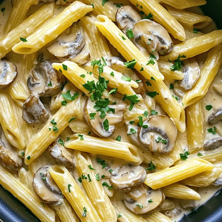 Here’s what you need for your One Pot Creamy Mushroom Pasta. Each ingredient plays a vital role in creating a rich and tasty dish. - Pasta (250g, prefer penne or fusilli) - Olive oil (1 tablespoon) - Onion (1 medium-sized, finely diced) - Garlic (3 cloves, minced) - Fresh mushrooms (300g, sliced) - Vegetable broth (4 cups) - Heavy cream or coconut cream (1 cup) - Dried thyme (1 teaspoon) - Italian seasoning (1 teaspoon) - Salt and pepper to taste - Grated Parmesan cheese (1/2 cup, optional) - Fresh parsley (for garnishing) I love using penne or fusilli pasta for this recipe. They hold the creamy sauce well. Olive oil adds a nice flavor base. The onion and garlic create a savory aroma that fills your kitchen. Fresh mushrooms add texture and earthiness. Vegetable broth brings depth to the dish without overpowering it. Cream, whether heavy or coconut, gives the dish its creamy texture. Thyme and Italian seasoning enhance the flavor profile. Salt and pepper balance everything out, while Parmesan adds a savory finish. Finally, fresh parsley gives a pop of color and freshness. You can find the Full Recipe to make this delicious dish easily! - First, warm 1 tablespoon of olive oil in a large pot over medium heat. - Once hot, add 1 medium-sized, finely diced onion. Sauté for about 3-4 minutes. The onion should become soft and clear. - Next, stir in 3 cloves of minced garlic and 300g of sliced mushrooms. Cook for 5-7 minutes. The mushrooms should be tender and golden. - Carefully pour in 4 cups of vegetable broth. Bring this mixture to a boil. - Add 250g of your pasta, dried thyme, Italian seasoning, salt, and pepper. Stir well, making sure the pasta is well mixed and under the broth. - Reduce heat to a gentle simmer. Cover the pot and cook for 12-15 minutes. Stir occasionally to stop sticking. Cook until the pasta is al dente. - Once the pasta is cooked, mix in 1 cup of heavy cream or coconut cream. Add 1/2 cup of grated Parmesan cheese if you like. - Let it simmer for another 2-3 minutes, stirring until the sauce is creamy and well heated. - Taste your dish and adjust the salt or pepper as needed. - Remove the pot from heat and let it sit for a few minutes. The sauce will thicken nicely. - Serve hot, topped with a sprinkle of chopped parsley for a fresh finish. For the complete recipe, check out the Full Recipe. - Stir frequently to prevent sticking. This keeps the pasta nice and smooth. - Adjust cooking time for different pasta types. Thin pasta cooks faster than thick pasta. - Use coconut cream for a vegan option. It gives a rich, creamy taste. - Add alternative seasonings to enhance flavor. Try smoked paprika or nutritional yeast for depth. - Serve the pasta in shallow bowls for an elegant look. It makes the dish feel special. - Utilize garnishes for visual appeal. Fresh parsley or extra Parmesan adds color and charm. For the full recipe, check out the Full Recipe section. {{image_4}} You can easily adapt this dish to fit your needs. For a vegan option, swap the heavy cream for coconut cream. This gives the dish a rich taste without dairy. Omit the Parmesan cheese or use a vegan cheese to maintain the creamy texture. If you need a gluten-free alternative, use gluten-free pasta. Many brands now offer great options that hold up well in this recipe. Just make sure to monitor the cooking time, as gluten-free pasta tends to cook faster. Want to boost the nutrition and flavor? Adding spinach or kale is a great choice. These greens cook down quickly and mix well with the sauce. Simply stir them in the last few minutes of cooking. If you crave more protein, consider adding chicken or tofu. Cook the chicken in the pot before adding the onion and mushrooms. For tofu, add it in with the mushrooms. Both options will make the dish heartier and more filling. For more details on how to prepare this dish, check the Full Recipe. To store your One Pot Creamy Mushroom Pasta, use an airtight container. Glass or plastic containers work well. Make sure to let the pasta cool down before sealing it. In the fridge, it stays fresh for about 3 to 4 days. If you want to keep it longer, consider freezing it. When reheating, the goal is to keep the creaminess. The best way is to use the stove. Place the pasta in a pan over low heat. Add a splash of water or broth to help it rehydrate. Stir frequently until it warms through. If you use a microwave, set it to medium power. Heat for about 1-2 minutes, stirring halfway through. This way, your pasta stays creamy and delicious. Can I use other types of pasta? Yes, you can use other types of pasta. Penne and fusilli are great choices, but you may try spaghetti or farfalle, too. Just adjust the cooking time based on the pasta shape and size. How do I make it without heavy cream? You can swap heavy cream with coconut cream or cashew cream. Both give a creamy feel without dairy. You might also use a mix of vegetable broth and a bit of flour to thicken the sauce. What’s the best way to prevent soggy pasta? To avoid soggy pasta, stir it often during cooking. This helps it cook evenly. Also, make sure not to overcook it. Aim for al dente, which means it should still have a slight bite. How to make it vegetarian-friendly? This dish is already vegetarian! Just make sure to use vegetable broth and leave out any meat. You can add more veggies like spinach or bell peppers for extra flavor and nutrients. What can I substitute for Parmesan cheese? For Parmesan cheese, you can use nutritional yeast for a cheesy flavor without dairy. Another option is to try vegan Parmesan, made from nuts and seeds. Is it possible to freeze the dish? Yes, you can freeze this dish. Store it in an airtight container. However, the cream may change texture when thawed. To reheat, warm it gently on the stove and add a splash of broth or cream to revive the sauce. You can find the full recipe above to guide you through this delicious meal! This blog post covered all you need to make a delicious pasta dish. We explored the key ingredients, step-by-step cooking instructions, and helpful tips to enhance your meal. I shared ways to adjust for different diets and how to store leftovers properly. Remember, with a few simple tweaks, you can create a dish that suits your tastes and needs. Enjoy experimenting and making this recipe your own!