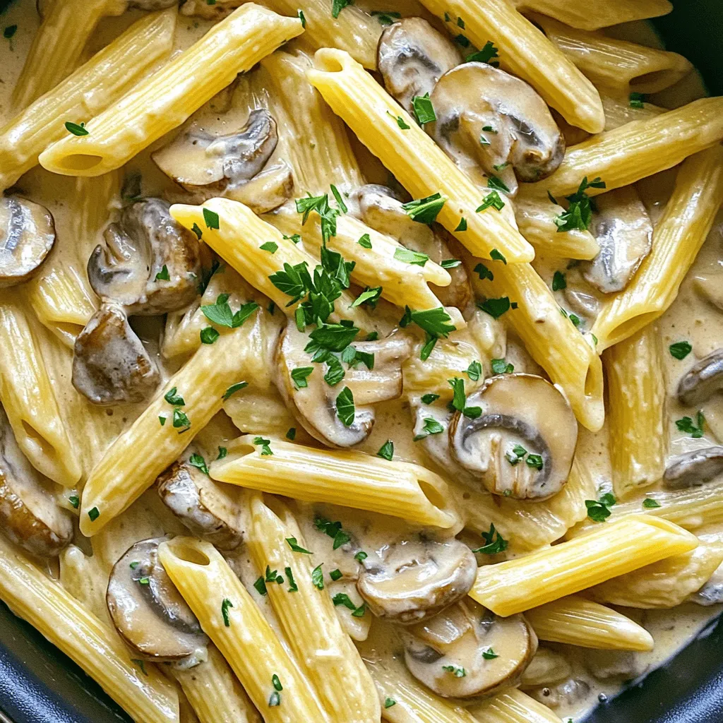 Here’s what you need for your One Pot Creamy Mushroom Pasta. Each ingredient plays a vital role in creating a rich and tasty dish. - Pasta (250g, prefer penne or fusilli) - Olive oil (1 tablespoon) - Onion (1 medium-sized, finely diced) - Garlic (3 cloves, minced) - Fresh mushrooms (300g, sliced) - Vegetable broth (4 cups) - Heavy cream or coconut cream (1 cup) - Dried thyme (1 teaspoon) - Italian seasoning (1 teaspoon) - Salt and pepper to taste - Grated Parmesan cheese (1/2 cup, optional) - Fresh parsley (for garnishing) I love using penne or fusilli pasta for this recipe. They hold the creamy sauce well. Olive oil adds a nice flavor base. The onion and garlic create a savory aroma that fills your kitchen. Fresh mushrooms add texture and earthiness. Vegetable broth brings depth to the dish without overpowering it. Cream, whether heavy or coconut, gives the dish its creamy texture. Thyme and Italian seasoning enhance the flavor profile. Salt and pepper balance everything out, while Parmesan adds a savory finish. Finally, fresh parsley gives a pop of color and freshness. You can find the Full Recipe to make this delicious dish easily! - First, warm 1 tablespoon of olive oil in a large pot over medium heat. - Once hot, add 1 medium-sized, finely diced onion. Sauté for about 3-4 minutes. The onion should become soft and clear. - Next, stir in 3 cloves of minced garlic and 300g of sliced mushrooms. Cook for 5-7 minutes. The mushrooms should be tender and golden. - Carefully pour in 4 cups of vegetable broth. Bring this mixture to a boil. - Add 250g of your pasta, dried thyme, Italian seasoning, salt, and pepper. Stir well, making sure the pasta is well mixed and under the broth. - Reduce heat to a gentle simmer. Cover the pot and cook for 12-15 minutes. Stir occasionally to stop sticking. Cook until the pasta is al dente. - Once the pasta is cooked, mix in 1 cup of heavy cream or coconut cream. Add 1/2 cup of grated Parmesan cheese if you like. - Let it simmer for another 2-3 minutes, stirring until the sauce is creamy and well heated. - Taste your dish and adjust the salt or pepper as needed. - Remove the pot from heat and let it sit for a few minutes. The sauce will thicken nicely. - Serve hot, topped with a sprinkle of chopped parsley for a fresh finish. For the complete recipe, check out the Full Recipe. - Stir frequently to prevent sticking. This keeps the pasta nice and smooth. - Adjust cooking time for different pasta types. Thin pasta cooks faster than thick pasta. - Use coconut cream for a vegan option. It gives a rich, creamy taste. - Add alternative seasonings to enhance flavor. Try smoked paprika or nutritional yeast for depth. - Serve the pasta in shallow bowls for an elegant look. It makes the dish feel special. - Utilize garnishes for visual appeal. Fresh parsley or extra Parmesan adds color and charm. For the full recipe, check out the Full Recipe section. {{image_4}} You can easily adapt this dish to fit your needs. For a vegan option, swap the heavy cream for coconut cream. This gives the dish a rich taste without dairy. Omit the Parmesan cheese or use a vegan cheese to maintain the creamy texture. If you need a gluten-free alternative, use gluten-free pasta. Many brands now offer great options that hold up well in this recipe. Just make sure to monitor the cooking time, as gluten-free pasta tends to cook faster. Want to boost the nutrition and flavor? Adding spinach or kale is a great choice. These greens cook down quickly and mix well with the sauce. Simply stir them in the last few minutes of cooking. If you crave more protein, consider adding chicken or tofu. Cook the chicken in the pot before adding the onion and mushrooms. For tofu, add it in with the mushrooms. Both options will make the dish heartier and more filling. For more details on how to prepare this dish, check the Full Recipe. To store your One Pot Creamy Mushroom Pasta, use an airtight container. Glass or plastic containers work well. Make sure to let the pasta cool down before sealing it. In the fridge, it stays fresh for about 3 to 4 days. If you want to keep it longer, consider freezing it. When reheating, the goal is to keep the creaminess. The best way is to use the stove. Place the pasta in a pan over low heat. Add a splash of water or broth to help it rehydrate. Stir frequently until it warms through. If you use a microwave, set it to medium power. Heat for about 1-2 minutes, stirring halfway through. This way, your pasta stays creamy and delicious. Can I use other types of pasta? Yes, you can use other types of pasta. Penne and fusilli are great choices, but you may try spaghetti or farfalle, too. Just adjust the cooking time based on the pasta shape and size. How do I make it without heavy cream? You can swap heavy cream with coconut cream or cashew cream. Both give a creamy feel without dairy. You might also use a mix of vegetable broth and a bit of flour to thicken the sauce. What’s the best way to prevent soggy pasta? To avoid soggy pasta, stir it often during cooking. This helps it cook evenly. Also, make sure not to overcook it. Aim for al dente, which means it should still have a slight bite. How to make it vegetarian-friendly? This dish is already vegetarian! Just make sure to use vegetable broth and leave out any meat. You can add more veggies like spinach or bell peppers for extra flavor and nutrients. What can I substitute for Parmesan cheese? For Parmesan cheese, you can use nutritional yeast for a cheesy flavor without dairy. Another option is to try vegan Parmesan, made from nuts and seeds. Is it possible to freeze the dish? Yes, you can freeze this dish. Store it in an airtight container. However, the cream may change texture when thawed. To reheat, warm it gently on the stove and add a splash of broth or cream to revive the sauce. You can find the full recipe above to guide you through this delicious meal! This blog post covered all you need to make a delicious pasta dish. We explored the key ingredients, step-by-step cooking instructions, and helpful tips to enhance your meal. I shared ways to adjust for different diets and how to store leftovers properly. Remember, with a few simple tweaks, you can create a dish that suits your tastes and needs. Enjoy experimenting and making this recipe your own!