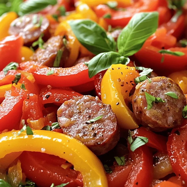 - 4 Italian sausages (mild or spicy) - 2 tablespoons extra virgin olive oil - 1 large red bell pepper, thinly sliced - 1 large yellow bell pepper, thinly sliced - 1 medium onion, thinly sliced - 3 cloves garlic, finely minced - 1 teaspoon dried oregano - 1 teaspoon dried basil - 1/2 teaspoon red pepper flakes (optional) - Salt and freshly ground black pepper to taste - 1 cup fresh ripe tomatoes, chopped (or one 14.5 oz can of diced tomatoes, drained) - Fresh basil leaves for garnishing Gathering fresh ingredients makes this dish pop with flavor. You want to choose quality sausages. Italian sausages bring a rich taste that sets the stage. I recommend using either mild or spicy sausages based on your preference. Next, grab some vibrant bell peppers. A red and yellow mix adds color and sweetness. The onion will provide a nice base flavor. Don't forget the garlic; it adds depth. Oregano and basil are classic Italian herbs that lift the taste. If you like heat, add red pepper flakes. Salt and pepper balance everything, while fresh tomatoes give a tasty burst. Lastly, fresh basil leaves make a lovely garnish. All these ingredients come together to create a flavorful dinner delight. For detailed cooking steps, check out the Full Recipe. Start by heating 1 tablespoon of olive oil in a large skillet. Use medium-high heat. Add the Italian sausages to the hot oil. Cook them for about 8 to 10 minutes. You want them browned on all sides. Once they are done, take them out and set them aside on a plate. In the same skillet, pour in another tablespoon of olive oil. Add the sliced red and yellow bell peppers along with the sliced onion. Sauté these for about 5 to 7 minutes. Stir them occasionally. You want them to be tender and colorful. Next, sprinkle in the minced garlic, dried oregano, dried basil, and red pepper flakes if you like heat. Stir everything together. Let it cook for about 1 minute. This will allow the garlic to release its lovely aroma. Now, slice the cooked sausages into bite-sized pieces. Return them to the skillet with the sautéed vegetables. Add the chopped tomatoes and season with salt and pepper. Gently stir everything to mix well. Lower the heat to a gentle simmer and cover the skillet. Let this mixture simmer for 10 to 15 minutes. This helps the flavors blend beautifully together. Remove the skillet from the heat when done. Taste the mixture and adjust the seasoning if needed. For serving, present the dish hot on a large platter. Garnish it with fresh basil leaves for a nice touch. You can also serve it inside crusty bread or over rice for a complete meal. Enjoy your delicious Italian Sausage and Peppers! For a detailed guide, check the Full Recipe. To get perfectly cooked sausages, start by heating olive oil in your skillet. I recommend medium-high heat for about 8 to 10 minutes. This will give you that nice brown crust. Make sure to turn the sausages to brown them on all sides. After cooking, set them aside to rest. This keeps them juicy! Want to jazz up your dish? Try adding more spices! A pinch of smoked paprika can add depth. You can also use fresh herbs like thyme or rosemary for a fresh flavor. Don’t forget a splash of balsamic vinegar for a sweet tang. If you like heat, increase the red pepper flakes! When serving, think outside the box! A crusty roll makes a great sandwich. You can also place the sausage and peppers over rice or creamy polenta for a hearty meal. To make it even better, top with fresh basil and a drizzle of olive oil. Enjoy every bite! {{image_4}} You can easily change the protein in this dish. Instead of Italian sausage, try chicken sausage. It gives the same great taste, but it has less fat. You can also use plant-based sausage. These options are good for anyone who wants a lighter meal. They still bring lots of flavor to the table. Not a fan of bell peppers? No problem! You can swap in other seasonal vegetables. Zucchini and mushrooms work well. You could also add spinach or kale for a healthy twist. Using what is fresh and in season can make this dish even better. Need to make this dish gluten-free? Simply check the sausage label. Many brands offer gluten-free options. For a low-carb version, skip the bread and serve it over cauliflower rice. This keeps the meal tasty and friendly for different diets. For the full recipe, check out the Zesty Italian Sausage and Peppers Fiesta. To keep your Italian sausage and peppers fresh, store leftovers in an airtight container. Place them in the fridge within two hours of cooking. This helps prevent bacteria growth. They will taste best if eaten within three days. When you reheat, make sure the food is hot all the way through. Freezing this dish is easy! First, let it cool completely. Then, place the sausage and peppers in a freezer-safe bag or container. Remove as much air as possible. Label the bag with the date. You can freeze it for up to three months. To reheat, thaw it overnight in the fridge before warming it on the stove or in the microwave. In the fridge, this dish lasts about three days. If you freeze it, it can stay good for up to three months. Always check for signs of spoilage, like off smells or changes in texture. Keeping your food stored properly ensures that every bite remains delicious and safe to eat. You can add more red pepper flakes to the recipe. This boosts heat without changing the flavor. You can also use spicy Italian sausage instead of mild. For an extra kick, include fresh jalapeños or hot sauce. Adjust the spice to your taste. This dish goes well with many sides. Try serving it with garlic bread for a classic touch. A simple green salad adds a nice crunch. You can also serve it over rice or pasta to soak up the flavors. Roasted vegetables are another great option. Yes, you can swap herbs easily. If you don't have oregano, try thyme or rosemary instead. Fresh herbs like parsley or cilantro can add a bright taste. Just remember to adjust the amount since fresh herbs are stronger. Absolutely! To make it more kid-friendly, you can use mild sausage. Cut the peppers smaller so they are easier to eat. You can also serve it with pasta or bread to make it more appealing to kids. They will love the colors and flavors! This dish comes from Italian-American cuisine. It became popular in the United States in the early 20th century. Many Italian immigrants made it using local ingredients. It reflects the hearty, rustic cooking style of Southern Italy. For detailed guidance, check out the Zesty Italian Sausage and Peppers Fiesta. This blog post covered a simple and tasty recipe for Italian sausage and peppers. You learned about the key ingredients, cooking steps, and tips for flavor and serving. Remember, you can customize this dish with different proteins and veggies. Whether you prefer a spicy kick or a milder taste, this recipe is flexible. Enjoy experimenting with it! Don’t forget to check the recipe link for all the details. Happy cooking!