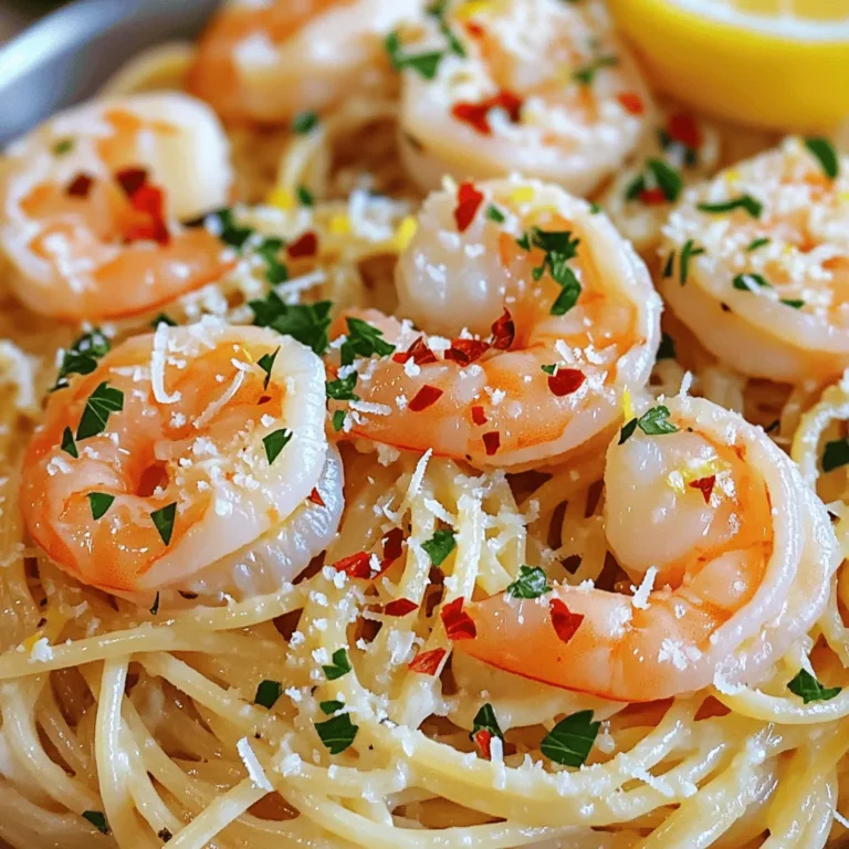 To make a rich and flavorful garlic butter shrimp pasta, gather these simple ingredients: - 300g spaghetti - 400g large shrimp, peeled and deveined - 4 tablespoons unsalted butter - 4 cloves garlic, finely minced - 1 teaspoon red pepper flakes - 1 lemon (juice and zest) - 1/4 cup fresh parsley, finely chopped - Salt and freshly cracked black pepper, to taste - Grated Parmesan cheese, optional Each ingredient plays a key role in building the flavor. The spaghetti serves as the base, while the shrimp adds a succulent touch. Butter and garlic create a luscious sauce, and the red pepper flakes give it a nice kick. Fresh lemon juice and zest brighten the dish, while parsley adds freshness. If you like cheese, Parmesan brings a creamy finish. You can find the full recipe for garlic butter shrimp pasta later on. Start by filling a large pot with water. Add a good amount of salt to the water. Bring the water to a rolling boil. Then, add the spaghetti. Cook it according to the package instructions until it is al dente. This means it should be firm but not hard. Once the pasta is ready, reserve about 1 cup of the starchy water. Drain the spaghetti in a colander and set it aside. In a large skillet, melt the butter over medium heat. When it starts to bubble, add the minced garlic. Let it cook for about one minute. This will make your kitchen smell amazing! Next, add the red pepper flakes. If you love heat, feel free to add more! Now it's time to add the shrimp to the skillet. Make sure to season them with salt and freshly cracked black pepper. Cook the shrimp for about 2 to 3 minutes. They should turn pink and opaque. Once they are ready, add the drained spaghetti directly into the skillet. Pour in the reserved pasta water and the lemon juice. Using tongs, gently toss everything together. You want the spaghetti to soak up that rich garlic butter sauce. For the full recipe, check out the detailed instructions above. To get a rich garlic butter sauce, remember to save some pasta water. This water has starch that helps the sauce stick to the pasta. Start with a cup and add more if needed. After mixing the pasta with the sauce, taste it! Adjust the seasoning for more flavor. You can add salt, pepper, or more lemon juice to balance it out. Timing is key when cooking shrimp. They usually need just 2 to 3 minutes in the pan. Watch for their color change. When they turn pink and opaque, they are done. If you cook them longer, they get tough and chewy. Keep an eye on them to avoid overcooking. For a beautiful presentation, twirl the pasta on the plate. Make sure each dish has shrimp and sauce. You can sprinkle fresh parsley on top for color. For sides, a simple green salad or garlic bread works well. These pair nicely with the flavors of the shrimp pasta. If you want, add some grated Parmesan cheese for an extra touch of flavor. For the full recipe, check out the details above. {{image_4}} You can switch shrimp for other proteins. Chicken works well in this dish. Simply cut chicken into bite-sized pieces and cook it until golden and cooked through. Scallops are another great choice. They offer a sweet, rich flavor that pairs nicely with garlic butter. Adjust cooking time for each option. Adding vegetables boosts nutrition and flavor. Spinach is a great option. Toss a handful in with the shrimp until it wilts. Broccoli also adds crunch. Steam or sauté it first, then mix it in at the end. Feel free to get creative with your favorite veggies! If you need gluten-free pasta, use rice noodles or chickpea pasta. Both options cook easily and have a nice texture. Just follow the package instructions for cooking times. These substitutes help everyone enjoy this meal without worry. For the full recipe, please refer to the [Full Recipe]. To keep your Garlic Butter Shrimp Pasta fresh, place it in an airtight container. Store it in the fridge. It stays good for up to three days. Make sure it cools down before sealing the container. This helps prevent moisture build-up. If you want to keep it longer, consider freezing it. When you're ready to enjoy leftovers, reheating properly is key. You can use a skillet or the microwave. If using a skillet, add a splash of water or broth. Heat over low to medium heat until warmed through. Stir frequently to avoid sticking. In the microwave, cover the pasta with a damp paper towel. Heat in short bursts, stirring in between. This method helps keep it moist. Freezing cooked pasta is simple. First, let the pasta cool completely. Next, place it in a freezer-safe bag or container. Remove as much air as possible to prevent freezer burn. You can freeze it for up to three months. To thaw, place it in the fridge overnight. You can also reheat it directly from frozen. Just add a little extra time when warming it up. Enjoy your meal later with ease! To add some heat, you can use more red pepper flakes. You can also add fresh chili peppers. Just chop them finely and cook them with the garlic. If you like it very spicy, try a dash of hot sauce or even cayenne pepper. Start with a little, and taste as you go. It is easy to add more, but hard to take it out! Yes, you can use frozen shrimp! Just make sure to thaw them first. Place them in cold water for about 15 minutes. This will help them thaw safely. After thawing, pat them dry with a paper towel. This step helps the shrimp sear better. You can follow the rest of the recipe just like you would with fresh shrimp. Garlic Butter Shrimp Pasta pairs well with many things. A crisp white wine, like Sauvignon Blanc, complements the dish nicely. You can also serve a light salad as a side. A simple mix of greens with lemon dressing works great. Garlic bread is also a favorite for soaking up the sauce. Enjoy your meal! For the complete recipe, check out the Full Recipe. To sum up, this post covered garlic butter shrimp pasta from start to finish. You learned about ingredients, cooking methods, and tips for perfecting your dish. Remember to adjust seasoning and explore variations, like adding vegetables or choosing gluten-free pasta. Proper storage and reheating ensures you enjoy leftovers too. With these steps, you can create a delightful meal that pleases everyone. Enjoy your cooking journey!