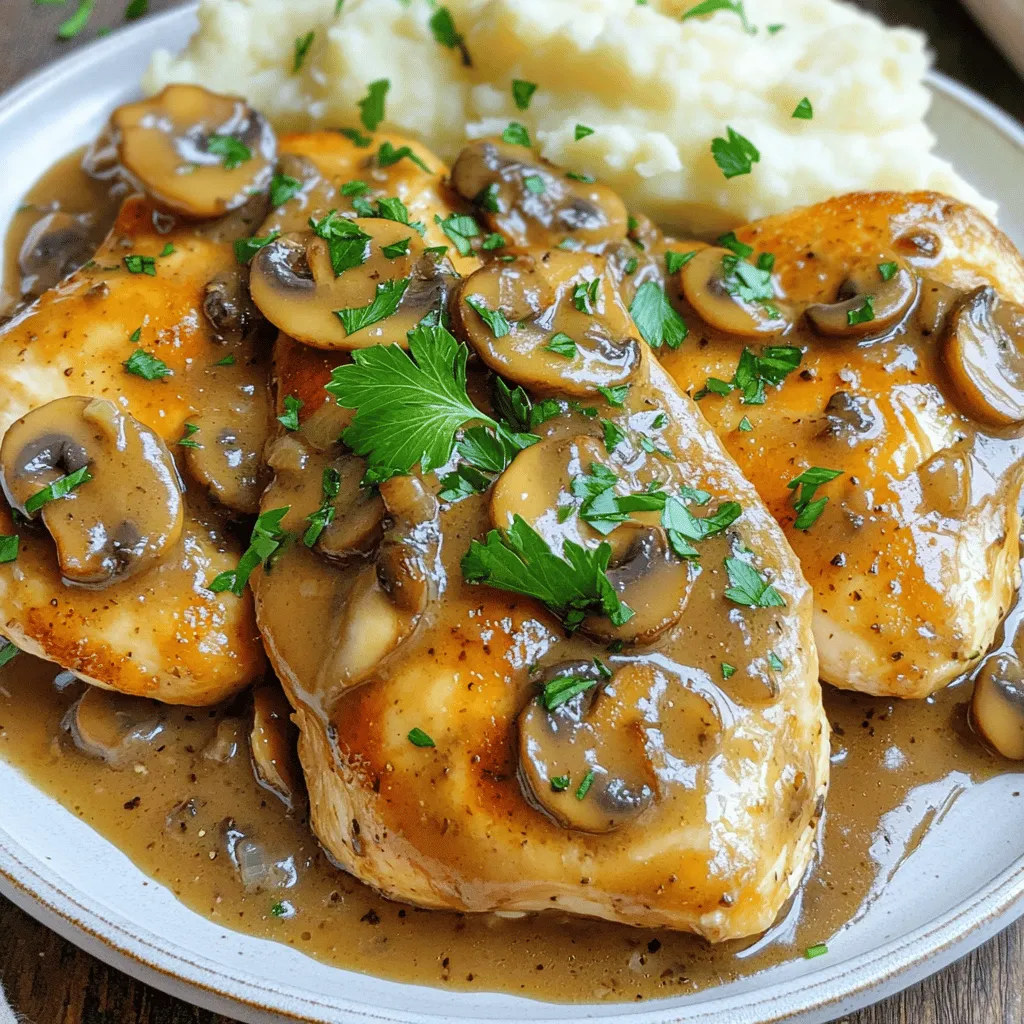 To make Easy Chicken Marsala, you need a few simple ingredients. Here’s what you will need: - 4 boneless, skinless chicken breasts - 1 cup all-purpose flour - 2 tablespoons extra-virgin olive oil - 2 tablespoons unsalted butter - 1 cup low-sodium chicken broth - 1 cup fresh mushrooms, sliced (such as cremini or button) - 2 cloves garlic, finely minced - 1 teaspoon dried thyme - 1 tablespoon balsamic vinegar - Salt and freshly cracked black pepper to taste - Fresh parsley, finely chopped (for garnish) If you have dietary preferences, here are some good swaps: - Use gluten-free flour for a gluten-free option. - Swap chicken for turkey or even portobello mushrooms for a vegetarian dish. When making this dish, you may want to adjust the amounts. Here’s how: - If you need to serve more people, just double the ingredients. For example, use 8 chicken breasts and 2 cups of flour. - For standard and metric units, remember: - 1 cup equals about 240 milliliters. - 1 tablespoon equals about 15 milliliters. Using the right measurements helps make your Chicken Marsala perfect every time. You can find the full recipe in the article for more detailed steps. To start, season your chicken breasts with salt and pepper. This step adds great flavor. Next, dredge each chicken breast in flour. Ensure every piece is well-coated. Shake off any excess flour to avoid clumping. This helps create a nice crust. Now, prepare your skillet. Heat two tablespoons of olive oil and two tablespoons of butter in a large skillet. Use medium-high heat so the mixture shimmers. This means it’s ready for the chicken. Carefully place the flour-dusted chicken breasts into the skillet. Sauté them for about 5-7 minutes on each side. Look for a beautiful golden brown color. This browning adds depth to the dish. Once the chicken is fully cooked, remove it from the skillet and set it aside on a warm plate. In the same skillet, add the sliced mushrooms. Spread them out evenly. Sauté the mushrooms for about 4-5 minutes. Stir occasionally. You want them tender and golden brown. Next, add minced garlic and dried thyme. Stir well and cook for another minute. This will release lovely aromas. Now, it’s time to make the sauce. Pour in one cup of low-sodium chicken broth and one tablespoon of balsamic vinegar. Use a wooden spoon to scrape the bottom of the skillet. This will lift any tasty browned bits. Bring the sauce to a gentle simmer. Let it reduce for about 5 minutes. This helps concentrate the flavors. Finally, return the cooked chicken breasts to the skillet. Make sure they are well-coated with the mushroom sauce. Allow everything to simmer together for an extra 2-3 minutes. This lets the chicken absorb all the savory flavors. Now you have a delicious Chicken Marsala ready to serve! For more details, check the Full Recipe. Using fresh herbs boosts flavor. Fresh thyme adds a bright punch. Dried herbs work too, but fresh is best. When you brown chicken, heat your pan well. A hot skillet gives a nice crust. Don’t crowd the chicken; let it breathe. This ensures perfect browning. For mushrooms, slice them evenly. This helps them cook at the same rate. Heat your skillet before adding oil. Sauté mushrooms until golden brown. Don’t rush this step; let them caramelize for depth. To keep chicken moist, don’t overcook it. Use a meat thermometer for best results; the chicken should reach 165°F. Letting it rest after cooking helps too. Serve chicken on warm plates to keep it hot. Spoon the rich mushroom sauce over the top. This adds flavor and makes it look great. Pair with creamy mashed potatoes or pasta for a full meal. For a pop of color, sprinkle extra parsley before serving. These small touches make your dish shine. For the full recipe, check out the detailed steps above. {{image_4}} You can switch up proteins for this dish. Turkey or pork works well. They add unique flavors while keeping the meal simple. Just remember to adjust cooking times based on the thickness of the meat. For mushrooms, you have many options. Cremini and button mushrooms are classics. Shiitake mushrooms add an earthy taste. Portobello mushrooms can create a heartier dish. Explore these choices to find your favorite flavor. Making Chicken Marsala gluten-free is easy. Use gluten-free flour instead of all-purpose flour. This swap keeps the texture perfect while catering to dietary needs. If you want a dairy-free version, replace butter with plant-based alternatives. Olive oil works great for sautéing. You can still achieve a rich taste without dairy. Adjusting spice levels is also simple. If you prefer a milder taste, reduce the garlic or thyme. For more heat, add crushed red pepper flakes. Customize the dish to fit your palate. For the Full Recipe, check the complete instructions to make this dish shine. To store your Chicken Marsala leftovers, place them in an airtight container. Make sure the dish cools down to room temperature before sealing. This helps keep the flavors fresh. Your Chicken Marsala will stay good in the fridge for up to three days. If you want to enjoy it longer, consider freezing. Freezing Chicken Marsala is simple. First, let the dish cool completely. Then, portion it into freezer-safe containers. Seal them tightly to avoid freezer burn. You can freeze it for up to three months. When you're ready to enjoy it, thaw the Chicken Marsala in the fridge overnight. To reheat, place it in a skillet over low heat. Stir gently until warmed through. You can also microwave it in a covered dish, stirring halfway for even heating. Enjoy your meal as if it were fresh! How long does it take to cook Chicken Marsala? It takes about 30 minutes to cook Chicken Marsala. This includes prep time and cooking time. You can enjoy a tasty meal without spending hours in the kitchen. Can I use frozen chicken for this recipe? Yes, you can use frozen chicken. Just thaw it completely before cooking. This ensures even cooking and helps the chicken soak up the flavors. What to do if the sauce is too thin? If the sauce is too thin, you can thicken it. Simply mix a small amount of flour with water, then stir it into the sauce. Let it simmer for a few minutes to see the change. How to prevent chicken from drying out? To keep chicken moist, avoid overcooking it. Cook until it reaches 165°F. You can also let it rest for a few minutes after cooking. This helps keep the juices inside. What to serve with Chicken Marsala? Chicken Marsala pairs well with creamy mashed potatoes or pasta. You can also serve it with a side of steamed vegetables for balance. Wine pairings that complement the dish Try pairing Chicken Marsala with a light red wine, like Pinot Noir. Its flavors enhance the dish without overpowering it. Enjoy the perfect match with your meal. In this blog post, we covered how to make Easy Chicken Marsala. We looked at the ingredients you need, cooking steps, and helpful tips for great flavor. I shared variations for dietary needs and storage tips. Remember, you can customize this dish with different proteins and mushrooms. Enjoy exploring these options as you create your meal. Start cooking with confidence, and make this recipe your own. The journey of making Chicken Marsala can be fun and rewarding!
