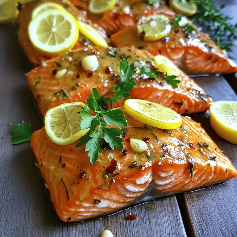 - 4 salmon fillets (approximately 6 ounces each) - 2 tablespoons extra-virgin olive oil - 2 fresh lemons (1 for juicing and 1 for slicing) - 3 cloves of garlic, finely minced - 1 teaspoon fresh thyme leaves, chopped - 1 teaspoon fresh rosemary, finely chopped - Salt and freshly cracked black pepper to taste - Handful of fresh parsley, chopped (for garnish) Choosing the right salmon makes a big difference. Look for fillets that are bright in color and smell fresh. Avoid any that look dull or have a strong fishy smell. Quality olive oil adds depth to the dish. Extra-virgin olive oil is best due to its rich flavor and health benefits. When it comes to herbs, fresh is always better. Fresh thyme and rosemary give strong flavor, while dried herbs may not pack the same punch. For those who use grams, 6 ounces of salmon is about 170 grams. If you need to convert tablespoons to teaspoons, remember that 1 tablespoon equals 3 teaspoons. This makes it easy to adjust the recipe to your liking. Just keep these conversions in mind as you cook! 1. Preheating the oven to 400°F (200°C) Start by setting your oven to 400°F (200°C). This step is key for roasting the salmon evenly. 2. Preparing the marinade and coating the salmon In a small bowl, mix olive oil, lemon juice, minced garlic, thyme, rosemary, salt, and pepper. This mix gives the salmon a bright and zesty flavor. Use a brush or spoon to coat each salmon fillet evenly. 1. Lining the baking sheet with parchment paper Take a baking sheet and cover it with parchment paper. This helps with easy cleanup and prevents the salmon from sticking. 2. Arranging salmon and lemon slices for maximum flavor Place the salmon fillets on the lined sheet, skin-side down. Then, slice the second lemon into thin rounds. Lay 2-3 lemon slices on each fillet. This allows the juices to seep in while roasting. 1. Recommended cooking time (12-15 minutes) Put the baking sheet in the oven and roast the salmon for about 12-15 minutes. This time frame is perfect for getting tender and flaky salmon. 2. Signs of perfectly cooked salmon Your salmon is done when it turns opaque and flakes easily with a fork. If it looks firm and holds together, it’s ready to serve. For the full recipe, check the [Full Recipe] section above for all the details needed to make this zesty lemon roasted salmon! To make your zesty lemon roasted salmon even better, try adding more herbs and spices. Fresh dill and basil work well with salmon. You can also sprinkle some paprika for a mild kick. Think about pairing flavors that complement the fish. Garlic and lemon are classic choices. You can also serve it with capers or olives for a briny touch. If you want to switch things up, try grilling or broiling your salmon. Grilling gives it a smoky flavor, while broiling cooks it quickly and evenly. To achieve crispy skin, make sure the skin is dry before cooking. Pat it with a paper towel. Add a bit more oil to the skin side for extra crispiness. When serving your salmon, presentation matters. Place it on a nice platter and arrange extra lemon slices around it. A sprinkle of fresh parsley adds color and freshness. For an elegant touch, you can serve it with a lemon wedge on the side. This way, guests can add more zest if they like. {{image_4}} You can mix things up with your zesty lemon roasted salmon. Try a spicy lemon garlic salmon. Add some red pepper flakes to the marinade. This gives the dish a nice kick. Or, go for honey mustard glazed salmon. Just swap the lemon juice for honey and mustard. This adds sweetness and tang to the fish. If you run out of olive oil, use avocado oil. It has a mild taste and works well for roasting. You can also try melted butter for a richer flavor. For fish, salmon is great, but you can use other types too. Trout or cod can work well with the same marinade. Just adjust the cooking time based on the thickness of the fish. Zesty lemon roasted salmon pairs nicely with fresh sides. Serve it with steamed broccoli or a light salad. Roasted asparagus or quinoa are also great choices. For drinks, a crisp white wine like Sauvignon Blanc complements the dish well. If you prefer non-alcoholic options, try sparkling water with lemon slices. You can find the full recipe to explore more serving ideas. To store your zesty lemon roasted salmon, first cool it down. Place the salmon in an airtight container. This helps keep it fresh. You can refrigerate it for up to three days. If you have more salmon, consider freezing it. Wrap each piece tightly in plastic wrap, then place it in a freezer bag. This method helps prevent freezer burn. When you're ready to enjoy leftover salmon, avoid drying it out. The best way to reheat salmon is in the oven. Preheat your oven to 275°F (135°C). Place the salmon on a baking sheet and cover it with foil. Heat for about 15 minutes. This keeps it moist and tender. You can also use a microwave, but be careful. Heat in short bursts, about 30 seconds, until warm. Cooked salmon lasts in the fridge for about three days. After that, its quality may decline. Signs that salmon has gone bad include a sour smell or a slimy texture. If you notice these signs, it’s best to discard it. Always trust your senses; they guide you well in the kitchen. The best way to season salmon is simple. Use salt and pepper as a base. Then, add garlic for a nice kick. Fresh herbs like thyme and rosemary boost flavor. Lemon juice brightens the dish and adds zest. For a twist, try a honey glaze or spicy seasoning. Mix and match to find your favorite combo. Yes, you can use frozen salmon for this recipe. Just thaw it first in the fridge overnight. If you’re in a hurry, seal the salmon in a bag and submerge it in cold water for about an hour. Pat it dry before seasoning. This helps the flavors stick better. To know when salmon is fully cooked, look for a few signs. The fish should turn from translucent to opaque. It should flake easily with a fork when done. For the best results, use a food thermometer. The internal temperature should reach 145°F (63°C) for safe eating. In this blog post, we covered everything you need to make delicious lemon roasted salmon. We discussed the best ingredients, including fresh salmon and quality olive oil. You learned step-by-step instructions for preparation and cooking, along with tips to enhance flavors and present the dish nicely. Lastly, we shared storage tips to keep leftovers fresh. Remember, cooking salmon can be simple and fun. Enjoy experimenting with different flavors and techniques. A tasty plate of salmon is always a win!