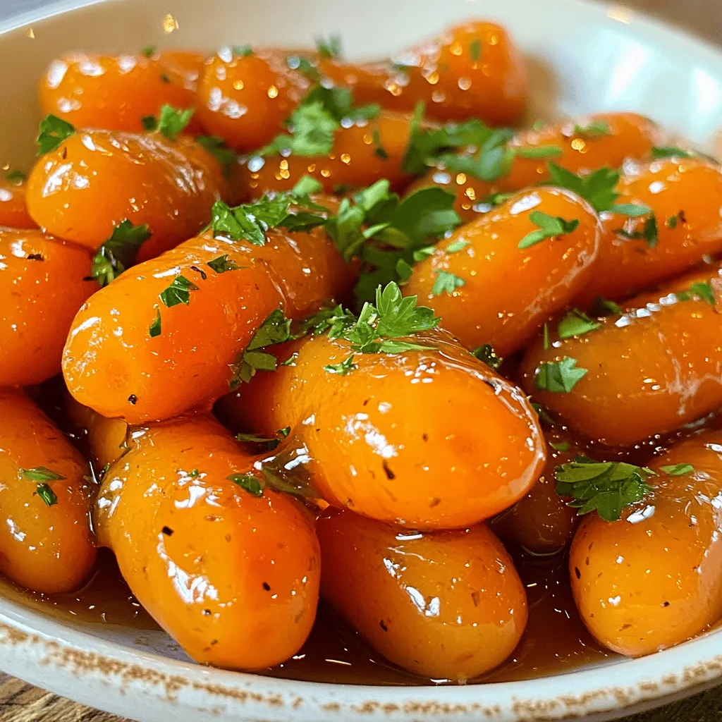 To make orange glazed carrots, you'll need a few simple and fresh ingredients. Here’s a list of what you need: - Baby Carrots - Fresh Orange (Zest and Juice) - Honey - Unsalted Butter - Fresh Ginger - Ground Cinnamon - Salt - Fresh Parsley These ingredients create a vibrant and flavorful dish. The baby carrots bring sweetness and color, while the fresh orange adds a bright citrus note. Honey enhances the sweetness, and ginger gives warmth. Ground cinnamon adds depth. Unsalted butter helps to create a smooth glaze, and salt balances the flavors. Lastly, fresh parsley adds a touch of brightness for garnish. This combination makes the carrots not only taste great but also look appealing on your plate. For the full recipe, follow along with my step-by-step guide to bring this dish to life! - Boiling Water for Steaming Start by filling a medium saucepan with about 1 inch of water. Bring the water to a vigorous boil. The steam will cook the carrots evenly. - Steaming Time for Tenderness Carefully add the peeled baby carrots to the boiling water. Steam them for about 5 to 7 minutes. You want them tender but still slightly crunchy. Drain the carrots and set them aside. - Melting Butter and Sautéing Ginger In a large skillet, melt 1 tablespoon of unsalted butter over medium heat. Once melted, add 1 teaspoon of finely grated fresh ginger. Sauté for about 30 seconds. This releases the ginger's fragrant aroma. - Combining Orange Juice and Other Ingredients Now, pour in the fresh orange juice and add the zest from the large orange. Include 2 tablespoons of honey and 1/4 teaspoon of ground cinnamon. Stir well to combine all the flavors. - Incorporating Steamed Carrots into the Glaze Carefully add the steamed baby carrots to the skillet. Toss them in the orange glaze, ensuring they get a nice coating. - Final Cooking Steps Allow the carrots to cook for an additional 2 to 3 minutes. This helps the glaze thicken and stick to the carrots. Season with salt to taste, and give them one final toss. Remove from heat and transfer to a serving dish. Garnish with fresh parsley for a pop of color. For the full recipe, check out the instructions again to ensure you get every detail right. Enjoy this vibrant side dish with any main course! To get the best orange glaze, you can tweak the sweetness. If you want it sweeter, add more honey. For a less sweet taste, cut back on honey. You can also balance flavors by adding a pinch of salt. This makes the glaze pop. Keep the carrots crunchy by not overcooking them. Steam them just enough to be tender but firm. You want them to have a nice bite. Aim for a bright orange color. This means they are not overdone. These orange glazed carrots pair well with many meats. They taste great with roast chicken or grilled pork. You can also serve them alongside fish. They add a bright color to any plate. For an attractive presentation, arrange the carrots in a nice dish. Use a large platter to show off the colors. Drizzle any extra glaze over the top. Finally, sprinkle fresh parsley on top. This adds a nice touch and makes the dish pop. {{image_4}} You can make orange glazed carrots even better. Here are some ideas. - Adding Spices or Nuts: Try adding a pinch of nutmeg for warmth. A handful of chopped walnuts can give a nice crunch. Almonds work well, too. Just toast them lightly in a pan first. It adds flavor and texture to the dish. - Incorporating Other Citrus Fruits: You don’t have to stick with just oranges. Lemons or limes can brighten the glaze. Their zest can give a fresh kick. Mix and match to find your favorite flavor! You can cook these carrots in different ways. Each method gives a unique taste. - Roasting Carrots: Roasting brings out a sweet, deep flavor. Toss the carrots with olive oil, salt, and pepper. Roast them in a hot oven until they are tender. Once roasted, drizzle with the orange glaze for a tasty finish. - Using a Slow Cooker: A slow cooker is perfect for busy days. Just add the carrots and glaze ingredients. Cook on low for about four hours. The carrots will absorb all the flavors and become very tender. - How to Store Leftovers: Allow the orange glazed carrots to cool at room temperature. Transfer them to an airtight container. Store in the fridge for up to 3 days. - Best Practices for Reheating Carrots: To reheat, place the carrots in a skillet. Add a splash of water or orange juice. Heat over medium-low until warm. - Can You Freeze Orange Glazed Carrots? Yes, you can freeze orange glazed carrots. They freeze well and maintain good flavor. - Steps to Properly Freeze: First, let the carrots cool completely. Place them in a freezer-safe bag. Remove as much air as possible. Label with the date and freeze for up to 3 months. To serve, thaw in the fridge overnight before reheating. Enjoy these delicious carrots while knowing they store well! For the full recipe, check out the Citrus Bliss: Orange Glazed Carrots. To make orange glazed carrots, start by steaming baby carrots until tender. This takes about 5 to 7 minutes. In a skillet, melt butter and sauté fresh ginger for about 30 seconds. Then, add orange juice, zest, honey, and cinnamon. Let this mix simmer for a few minutes. Toss in the steamed carrots, coating them well. Cook for another 2 to 3 minutes to thicken the glaze. Finally, season with salt and garnish with parsley. You can find the full recipe for detailed steps. If you need an alternative for honey, you can use maple syrup or agave nectar. Both will give a sweet taste but change the flavor a bit. Maple syrup adds a rich, earthy flavor. Agave nectar is milder and less intense. Adjust the amount since these sweeteners can vary in sweetness. You might need less maple syrup since it is sweeter than honey. Cooking carrots until tender takes about 5 to 7 minutes when steaming. You want them soft but still with a little crunch. If boiling, keep an eye on them. They can become mushy if overcooked. For the best results, check them at the 5-minute mark and taste one. You want them to be bright in color and flavorful. Yes, you can use frozen carrots for this recipe. Just thaw them before cooking. Frozen carrots may not have the same crunch as fresh ones. They can be a quick option if you are short on time. Cook them until they are heated through and well-coated in the glaze. Just adjust the cooking time to ensure they are warm and flavorful. This blog post showed you how to make orange glazed carrots. We covered the ingredients, steps, and tips. You learned about making a flavorful glaze and how to cook carrots until tender. Remember, you can adjust the sweetness and try different flavors. Whether you want to roast them or use fresh carrots, there are many ways to enjoy this dish. Store leftovers properly for later. Have fun experimenting with variations and serving suggestions!