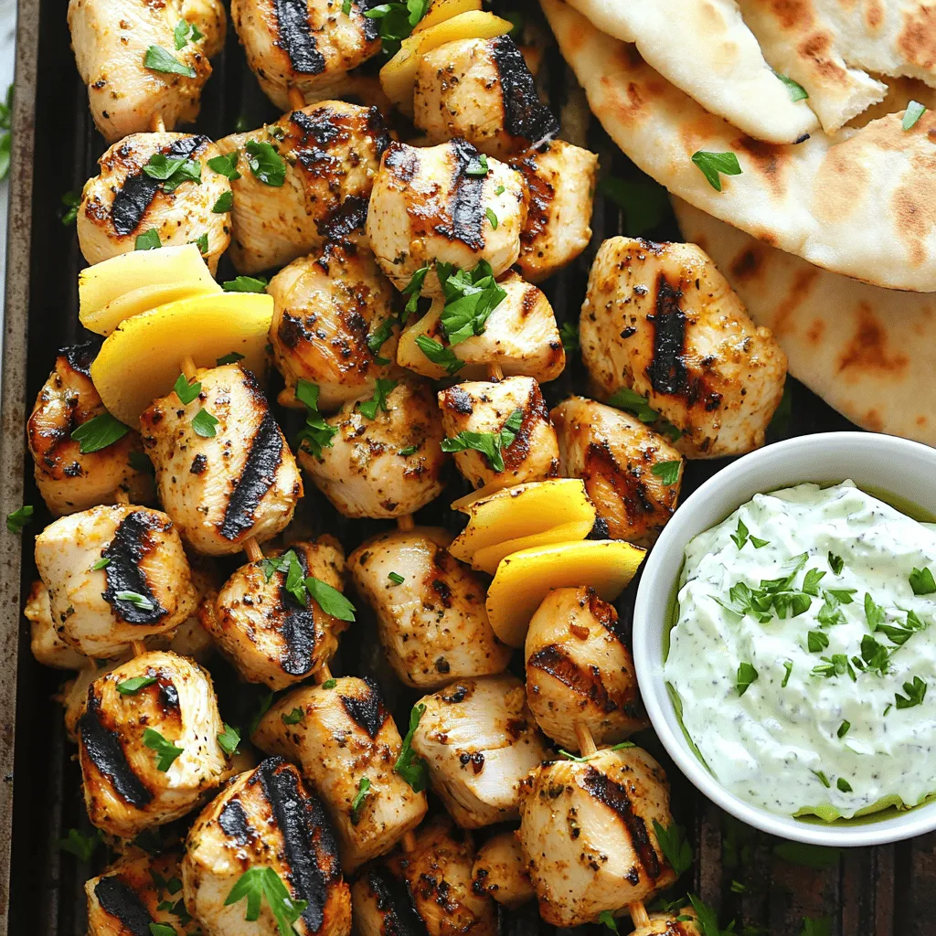 - 1 lb chicken breast, cut into cubes - 3 tablespoons extra virgin olive oil - 2 tablespoons fresh lemon juice - 3 cloves garlic, finely minced - 1 teaspoon dried oregano - 1 teaspoon smoked paprika - 1 teaspoon sea salt - ½ teaspoon freshly ground black pepper - Wooden or metal skewers - Fresh parsley, for garnish To make chicken souvlaki, you need fresh ingredients that pack a punch. Start with one pound of chicken breast, cut into bite-sized cubes. This helps the chicken cook evenly. Next, grab three tablespoons of extra virgin olive oil. This adds richness and helps the flavors meld. Add two tablespoons of fresh lemon juice for zest. It brightens the dish and balances the flavors. Then, finely mince three cloves of garlic. Garlic adds depth and aroma. Include one teaspoon of dried oregano and one teaspoon of smoked paprika. These spices give your chicken a classic Mediterranean taste. Don't forget one teaspoon of sea salt and half a teaspoon of black pepper. These enhance all the flavors in your dish. If you use wooden skewers, soak them for 30 minutes in water. This prevents burning on the grill. If you have metal skewers, you can skip this step. Finally, have some fresh parsley on hand for garnish. - Pita bread, warmed - Creamy tzatziki sauce, for serving For a complete meal, consider adding warmed pita bread. It’s perfect for wrapping the chicken. Serve with creamy tzatziki sauce for a cool contrast. This sauce adds a fresh taste and balances the warmth of the grilled chicken. If you want to try this full recipe, check the link for all the steps! To start, I make the marinade. In a big bowl, I mix eight simple ingredients. I combine: - 3 tablespoons extra virgin olive oil - 2 tablespoons fresh lemon juice - 3 cloves garlic, finely minced - 1 teaspoon dried oregano - 1 teaspoon smoked paprika - 1 teaspoon sea salt - ½ teaspoon freshly ground black pepper I whisk everything together until blended well. This mix gives the chicken its zesty kick! Next, I take 1 pound of chicken breast. I cut it into 1-inch cubes for even cooking. I add the chicken cubes to the marinade. I stir it well so each piece gets coated. After that, I cover the bowl with plastic wrap. I place it in the fridge for at least 30 minutes. For a richer taste, I let it sit for up to 2 hours. Now, it’s grilling time! First, I preheat my grill or grill pan over medium-high heat. While it heats up, I soak wooden skewers in water for 30 minutes. This keeps them from burning. If I use metal skewers, I skip this step. Once the grill is ready, I thread the marinated chicken onto the skewers. I make sure to leave a small gap between each piece. This helps them cook evenly. I place the skewers on the grill and cook for 12-15 minutes. I turn them often to get nice grill marks. The chicken is done when it reaches 165°F (75°C) and is no longer pink. After grilling, I let the skewers rest for a couple of minutes. This step keeps the chicken juicy. Lastly, I sprinkle the grilled chicken souvlaki with fresh parsley for a pop of color. Serve it with warm pita bread and creamy tzatziki sauce for a delicious meal. If you want to see the complete process, check out the Full Recipe. Enjoy your cooking! To get the best flavor from your chicken souvlaki, marinate the chicken for at least 30 minutes. For even better taste, let it soak up the marinade for up to 2 hours. This extra time allows the herbs and spices to deeply infuse into the chicken. If you are using wooden skewers, soak them in water for about 30 minutes before grilling. This step helps prevent them from burning on the grill. Metal skewers do not need soaking but work great, too. Grilling chicken souvlaki requires careful heat management. Preheat your grill to medium-high heat. This ensures even cooking and nice grill marks. When placing the skewers on the grill, avoid crowding them. Leave space between each skewer for proper air circulation. To check if your chicken is done, use a meat thermometer. The internal temperature should reach 165°F (75°C). If you don’t have a thermometer, cut a piece open. The meat should be white, and the juices should run clear. For a beautiful presentation, arrange the skewers on a large platter. Add lemon wedges and a bowl of tzatziki sauce for dipping. This not only looks appealing but also enhances the meal’s flavor. Pair your chicken souvlaki with warm pita bread. Fresh salads or roasted vegetables make great sides, too. Enjoying these flavors together creates a delightful meal experience. For the complete recipe, check the Full Recipe section. {{image_4}} To make chicken souvlaki even more exciting, try different marinades. You can make a spicy version by adding chili flakes or cayenne pepper. For a herby twist, mix in fresh herbs like basil, thyme, or rosemary. These changes can boost the flavor and make each meal unique. You can also switch up your protein. Instead of chicken, use beef for a heartier taste. Shrimp is another great option, offering a quick cooking time and a light flavor. Tofu works well too, especially for a vegetarian option. Just ensure you marinate it well to soak up the flavors. You don’t always need an outdoor grill to enjoy souvlaki. An oven can work just as well. Preheat your oven to 400°F (200°C) and place the skewers on a baking sheet. Bake for 15-20 minutes, flipping them halfway through for even cooking. If you prefer a grill pan, heat it over medium-high heat. Cook the skewers for about 10-12 minutes, turning frequently. For an even faster option, try an air fryer. Cook at 375°F (190°C) for about 10 minutes. This method gives you crispy edges while keeping the chicken juicy. Skewering extra vegetables can enhance your dish. Bell peppers, onions, or zucchini can add color and flavor. Alternating chicken and veggies on skewers makes for a beautiful presentation. For serving, try a family-style platter. Lay out the skewers with warm pita bread and a bowl of creamy tzatziki sauce. This way, everyone can grab what they like. It makes the meal feel more communal and fun. For a fresh touch, garnish with parsley and lemon wedges, bringing a pop of color to your table. Store any leftover grilled chicken souvlaki in an airtight container. This helps keep it fresh. Place it in the fridge within two hours of cooking. It will last for about three to four days. For freezing, do not freeze cooked chicken souvlaki. Instead, freeze the marinated chicken raw. This works best if you use a freezer bag. Remove as much air as possible before sealing. It can stay frozen for up to three months. Reheat chicken souvlaki safely in the oven or on the stove. Preheat your oven to 350°F (175°C). Place the chicken on a baking sheet and cover it with foil. Heat for about 15-20 minutes until warmed through. If using the stove, place the chicken in a skillet over medium heat. Stir it gently to avoid burning. This method helps keep the chicken juicy and flavorful. Avoid the microwave, as it can make the chicken dry. Chicken souvlaki is a Greek dish made with marinated chicken grilled on skewers. It has roots in ancient Greece, where people cooked meat over open flames. Today, souvlaki is popular in many places, known for its fresh flavors and quick prep time. It often reflects the Mediterranean way of cooking, which emphasizes fresh ingredients and simple techniques. To check chicken doneness, use a meat thermometer. The chicken is done when it reaches 165°F (75°C). You can also cut into a piece; it should be white all the way through, not pink. Always let the chicken rest for a few minutes after cooking. This helps the juices stay inside, making each bite juicy and tender. Yes, you can use other meats for souvlaki. Common options include pork, lamb, or beef. You can also try shrimp or tofu for a vegetarian choice. Each protein brings a unique flavor to the dish, so feel free to mix it up. Just adjust cooking times as needed to ensure everything is cooked through. Chicken souvlaki pairs well with several sides. Try serving it with warm pita bread and creamy tzatziki sauce. You can also add a fresh Greek salad or roasted vegetables for color and crunch. For drinks, consider serving lemonade or a light white wine. These options enhance the flavors of the souvlaki and create a lovely meal. You can find the Full Recipe for easy reference [here](#). This recipe guides you through each step, ensuring you make the best chicken souvlaki possible. This blog post covered how to prepare tasty chicken souvlaki. We explored key ingredients, simple steps, and tips for great flavor. You learned about variations, cooking methods, and how to store leftovers. It’s easy to make and share this dish with loved ones. I hope you feel ready to grill your chicken souvlaki. Enjoy the process and savor the delicious results!