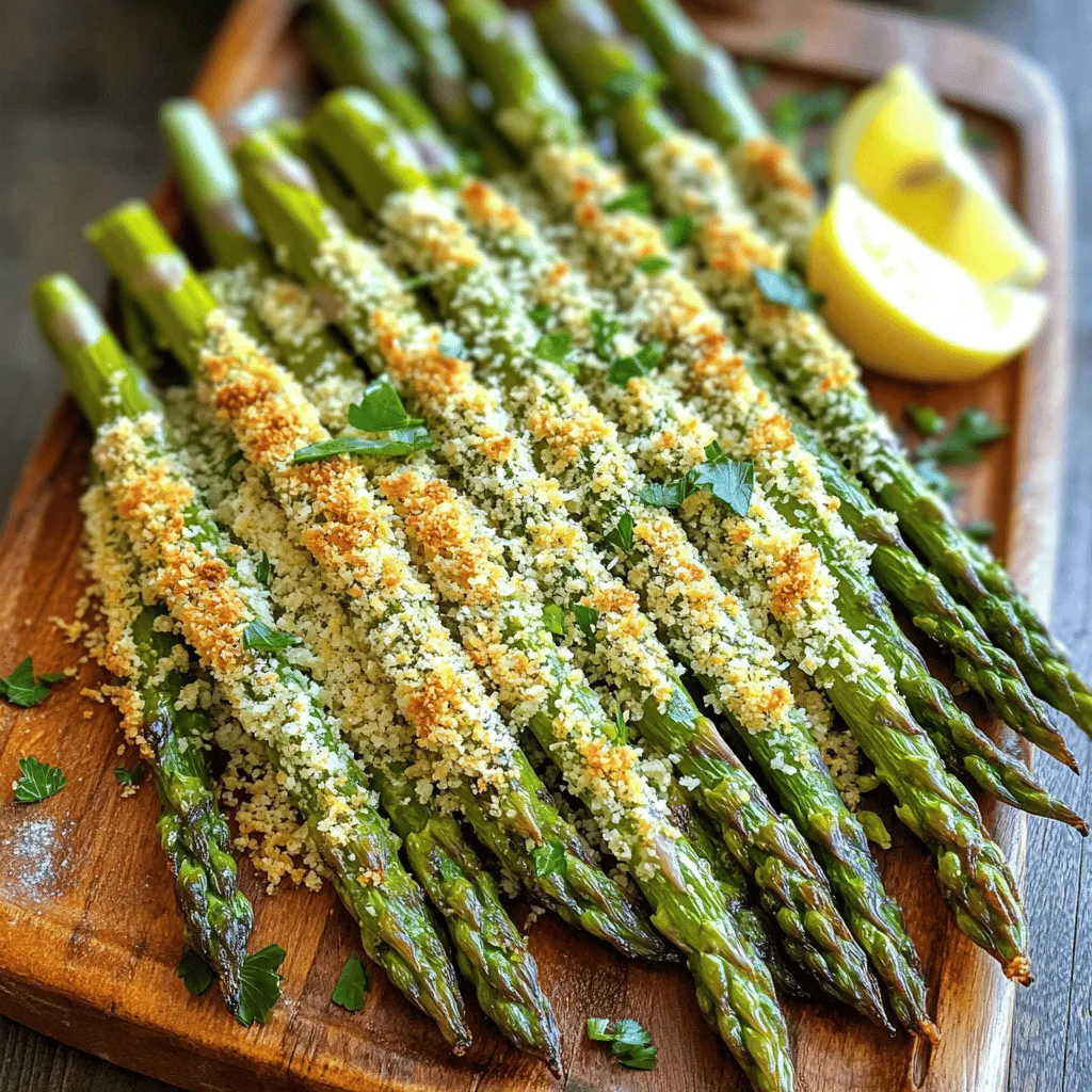 Start with 1 pound of fresh asparagus. Look for bright green spears that are firm. Trim the woody ends for best results. This helps make each bite tender and tasty. Use ½ cup of freshly grated Parmesan cheese. Fresh cheese gives a stronger flavor than pre-grated. This cheese adds a rich, salty taste that pairs well with the asparagus. Add ¼ cup of panko breadcrumbs. These breadcrumbs create a crunchy texture. They keep the asparagus crispy during baking. You will need 2 tablespoons of extra virgin olive oil. This oil helps the coating stick. Add 1 teaspoon of garlic powder for flavor. Include ½ teaspoon of smoked paprika for depth. Finally, sprinkle in sea salt and freshly cracked black pepper to taste. For a pop of freshness, use the zest of 1 lemon. For the full recipe, refer to the earlier section. First, set your oven to 425°F (220°C). This high heat helps the asparagus get crispy. Next, line a baking sheet with parchment paper. This step makes it easy to clean up later. Plus, it keeps the asparagus from sticking. In a large bowl, add ½ cup of freshly grated Parmesan cheese. Then, mix in ¼ cup of panko breadcrumbs. These breadcrumbs give a nice crunch. Add 1 teaspoon of garlic powder and ½ teaspoon of smoked paprika for extra flavor. Don't forget to add a pinch of sea salt and pepper. Lastly, toss in the zest of 1 lemon. This adds brightness to the dish. Mix everything well until all ingredients blend nicely. Take your trimmed asparagus and place it in a separate bowl. Drizzle 2 tablespoons of extra virgin olive oil over the asparagus. Toss gently, making sure each spear gets coated. Now, take each asparagus spear and roll it in the cheese and breadcrumb mix. Press gently so the coating sticks well. Arrange the coated asparagus in a single layer on the baking sheet. Make sure they have space to crisp up. Bake them in the oven for 12 to 15 minutes. They should be tender and golden when done. Carefully take them out and let them cool for a minute. Serve them on a nice platter, and don’t forget to drizzle some extra olive oil or a squeeze of lemon for a fresh touch. Enjoy your crispy baked Parmesan asparagus! For the complete recipe, check out the Full Recipe. To get that perfect crisp, use panko breadcrumbs. They add a great crunch. Make sure to coat each asparagus spear well. Press the coating on firmly. Space them out on the baking sheet. This allows hot air to flow around them. Bake at 425°F (220°C) for 12-15 minutes. Keep an eye on them. You want a golden color and a tender bite. Add depth with smoked paprika and garlic powder. These spices elevate the flavor. You can also try lemon zest for brightness. If you like heat, sprinkle in some red pepper flakes. For a cheesy twist, use a mix of cheeses. Parmesan is great, but try sharp cheddar or Gruyère too. Make your Baked Parmesan Asparagus look amazing! Serve them on a nice platter. Drizzle with extra virgin olive oil for shine. A squeeze of fresh lemon juice brightens the dish. Garnish with lemon wedges and chopped parsley. This not only adds color but also fresh flavor. Want to impress? Use a clean white plate to highlight the green asparagus. For the full recipe, check the section above. {{image_4}} You can swap Parmesan for other cheeses if you want. Asiago or Pecorino Romano work great. These cheeses add different flavors. Experiment with a mix for a unique taste. Just remember, the cheese should be finely grated so it sticks well to the asparagus. While panko gives a nice crunch, you can use regular breadcrumbs too. Whole wheat breadcrumbs add a healthy twist. If you’re feeling adventurous, try crushed crackers or even cornflakes. Each option will change the texture slightly, making your dish fun and new. Adding flavors can make your asparagus even better. Try adding lemon zest or fresh herbs like thyme or basil. A sprinkle of red pepper flakes adds heat if you like spice. You can also try balsamic vinegar for a tangy punch. These small changes can make your dish special and tailored to your taste. For the full recipe, check out the details above. After you enjoy your baked Parmesan asparagus, store leftovers in an airtight container. Place them in the fridge. They will stay fresh for about 3-4 days. Make sure they cool down first. This keeps them crispy for later. To reheat your baked asparagus, use an oven or an air fryer. Preheat your oven to 350°F (175°C). Spread the asparagus on a baking sheet. Heat for about 10 minutes. This method helps keep them crunchy. You can also use an air fryer at the same temperature for about 5 minutes. You can freeze baked Parmesan asparagus, but it may lose its crispiness. Allow the asparagus to cool completely. Place them in a single layer on a baking sheet and freeze for an hour. After that, transfer them to a freezer bag. They can stay in the freezer for up to 2 months. When ready to eat, bake directly from frozen. Just add a few extra minutes to the cooking time. For the full recipe, check the section above. You can tell when the asparagus is done by checking its color and texture. The asparagus should turn bright green and become tender when pierced with a fork. If the coating is golden and crispy, you know it’s ready to eat. Usually, this takes about 12-15 minutes in a hot oven. Yes, you can use frozen asparagus, but there are a few steps to follow. First, thaw the asparagus completely and pat it dry. This will help remove excess moisture. Then, you can coat and bake it just like fresh asparagus. Keep an eye on the cooking time, as frozen asparagus may need a few extra minutes. Baked Parmesan Asparagus pairs well with many dishes. Try serving it with grilled chicken or fish for a light meal. It also complements pasta dishes or a simple quinoa salad. You can even serve it as a side with steak for a hearty dinner. The recipe is not gluten-free because of the panko breadcrumbs. However, you can make it gluten-free by using gluten-free breadcrumbs instead. This switch keeps the flavors intact while making it suitable for gluten-sensitive diets. Just make sure to check the label on your breadcrumbs for any hidden gluten sources. Baking Parmesan asparagus is a simple and tasty way to enjoy this nutritious veggie. We discussed the ingredients, from fresh asparagus to seasonings. I shared easy steps for baking, plus tips for a perfect crisp. You can also try variations with different cheeses or breadcrumbs. Remember to store leftovers properly and reheating them is a breeze. Now you can impress your family and friends with this delightful dish any time!