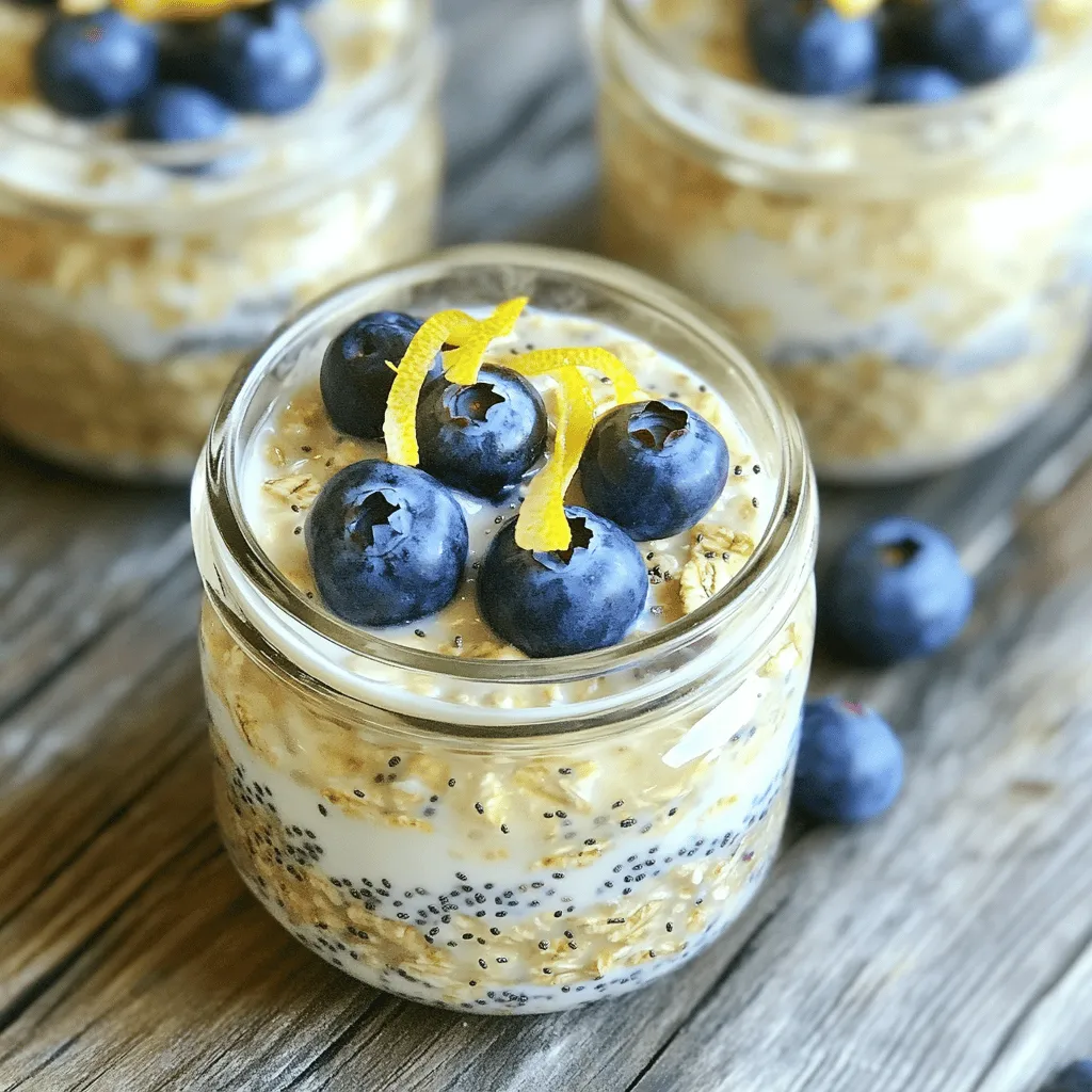 When making Lemon Blueberry Overnight Oats, you need fresh and simple ingredients to get the best flavor. Here’s what you will need: - 1 cup rolled oats - 1 cup unsweetened almond milk (or your preferred milk) - 1/2 cup Greek yogurt (optional for added creaminess) - 1 tablespoon chia seeds - 2 tablespoons maple syrup (or honey, to taste) - Zest of 1 lemon - 2 tablespoons fresh lemon juice - 1 cup fresh blueberries, divided - A pinch of salt - 1 teaspoon vanilla extract These ingredients work together to create a tasty and nutritious meal. Rolled oats are the base, providing fiber and energy. Almond milk adds creaminess without dairy. If you choose to add Greek yogurt, it gives a rich texture and protein boost. Chia seeds help the oats thicken and add healthy omega-3 fats. Maple syrup or honey sweetens the mix, while lemon zest and juice give it a fresh, bright flavor. Blueberries add natural sweetness and antioxidants. Finally, salt and vanilla enhance all these flavors, making each bite delightful. You can find the full recipe for Lemon Blueberry Overnight Oats to guide you through the steps. Enjoy creating this easy breakfast! To make Lemon Blueberry Overnight Oats, gather all your ingredients first. This makes the process smooth and fun. You will need rolled oats, almond milk, Greek yogurt, chia seeds, maple syrup, lemon zest, lemon juice, blueberries, salt, and vanilla extract. In a medium bowl, mix the rolled oats and almond milk. If you want it creamier, add Greek yogurt. Then, add chia seeds, maple syrup, lemon zest, lemon juice, and vanilla extract. Stir well with a whisk or spoon. Make sure everything is mixed evenly. This helps the oats soak up the flavors. Now, gently fold in 3/4 cup of blueberries. Save the rest for later! Next, divide the mixture into two jars or containers. Seal them tightly. Place the jars in the fridge overnight. This soaking time lets the oats soften and absorb the flavors. In the morning, stir the oats again. Taste them and add more maple syrup if you like it sweeter. Finally, top each jar with the remaining blueberries and a sprinkle of lemon zest. Enjoy your easy and delicious Lemon Blueberry Overnight Oats! To get your oats creamy, use Greek yogurt. It adds a thick texture. If you want a lighter version, skip the yogurt. Instead, use more almond milk. Let the oats soak overnight. This makes them soft and smooth. Stir the mixture well before serving. This helps blend all the flavors together. Taste your oats in the morning. If they need more sweetness, add maple syrup. Start with a small amount. You can always add more if needed. Honey is another great option. It also adds a floral touch. Keep in mind that the blueberries add natural sweetness too. For a beautiful presentation, serve the oats in jars. This gives a rustic look. Top each jar with fresh blueberries. Add a sprinkle of lemon zest on top. A sprig of mint can also brighten your dish. You can enjoy these oats cold or at room temp. They look great and taste even better! For the full recipe, check the link above. {{image_4}} If you want to make this recipe dairy-free, it’s easy! You can use unsweetened almond milk or any plant-based milk you like. Coconut milk adds a nice creamy texture. You can also skip the Greek yogurt. The oats will still taste great without it. Feel free to switch up the fruit! You can add strawberries, raspberries, or bananas. Each fruit brings its own flavor. If you want a tropical twist, try adding diced mango or pineapple. Mix and match to find your favorite. Want to boost the flavor? Try adding a pinch of cinnamon or nutmeg. These spices pair well with lemon and blueberry. You can also add a scoop of nut butter for creaminess. A little vanilla or almond extract can make it extra special. Experiment to find your perfect blend! You can find the full recipe for Lemon Blueberry Overnight Oats to start your journey. Storing your Lemon Blueberry Overnight Oats is easy. Use airtight jars or containers. This keeps the oats fresh and tasty. Always seal the jars tightly. Avoid letting air in, as it can dry out the oats. If you plan to make more than one batch, label each jar with the date. This helps you keep track of freshness. Your overnight oats can last up to five days in the fridge. After that, they may lose flavor and texture. If you see any signs of spoilage, like an off smell or mold, discard them right away. Always check before eating. The oats will soften as they sit, making them even creamier over time. You can enjoy your overnight oats cold or warm. If you prefer warm oats, simply microwave them for about 30 seconds. Stir the oats well to ensure even heating. Then, add your reserved blueberries on top for a fresh touch. You can also sprinkle some extra lemon zest for added flavor. Enjoy your delicious breakfast! Yes, you can make Lemon Blueberry Overnight Oats ahead of time. They are perfect for meal prep. Just mix the ingredients, divide them into jars, and refrigerate. You can prepare them the night before or even a few days in advance. This way, you have quick breakfasts ready to go. The oats will soak up the flavors and become soft and delicious. If you want to skip Greek yogurt, there are great options. You can use regular yogurt, like plain or flavored. If you prefer a dairy-free option, try coconut yogurt or almond yogurt. Silken tofu blended smooth also works well. Each option changes the taste a little, so choose what you like best! Absolutely! Toppings make overnight oats exciting. Some popular choices include fresh fruits like bananas or strawberries. You can add nuts, seeds, or granola for crunch. A drizzle of honey or extra maple syrup adds sweetness. Even a sprinkle of cinnamon can enhance flavor. Get creative and mix your favorites for a fun twist! This blog post covered everything you need to make delicious Lemon Blueberry Overnight Oats. We discussed the ingredients, simple steps for preparation, and useful tips to get the perfect texture. You learned about variations to match your taste and how to store your oats correctly. Remember, these oats can be a quick, healthy breakfast option you can customize. Enjoy experimenting with flavors, and make this dish your own!