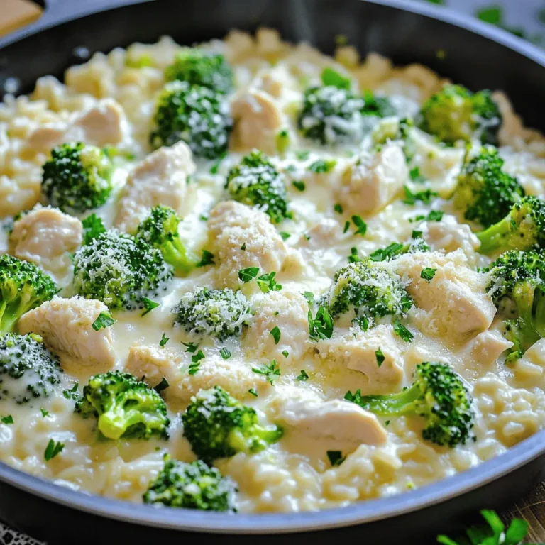 - Chicken: 2 boneless, skinless chicken breasts, diced - Rice: 1 cup Arborio rice for creaminess - Broth and Cream: 2 cups low-sodium chicken broth, 1 cup heavy cream - Flavor Enhancers: Salt, pepper, Italian seasoning - Cheese: 1/2 cup freshly grated Parmesan cheese, for creaminess and flavor - Vegetables: 1 cup broccoli florets (fresh or frozen) In this recipe, I use simple ingredients to create a rich dish. The chicken provides protein, while Arborio rice gives a creamy texture. The broth and cream work together to create a luscious sauce. For flavor, I add salt, pepper, and a touch of Italian seasoning. This blend makes the dish taste fresh and aromatic. Freshly grated Parmesan cheese adds depth and creaminess. I also include broccoli florets for color and nutrition. You can use fresh or frozen, depending on what you have available. Each ingredient plays a part in making this Chicken and Rice Skillet Alfredo a delightful meal. For the complete recipe, check out the [Full Recipe]. - Step 1: Heat 1 tablespoon of olive oil in a large skillet over medium heat. Add 2 diced chicken breasts. Sprinkle with salt, pepper, and 1 teaspoon of Italian seasoning. Cook for 5-7 minutes until the chicken is brown and cooked through. - Step 2: Once done, remove the chicken from the skillet and place it on a plate. Keep it warm while you prepare the rice. - Step 3: In the same skillet, lower the heat slightly. Add 2 minced garlic cloves and sauté for about 1 minute. You want the garlic fragrant but not brown. Next, add 1 cup of Arborio rice. Stir well to coat each grain, toasting for 2-3 minutes until it smells nutty. - Step 4: Gradually pour in 2 cups of chicken broth while stirring. Raise the heat to a gentle simmer, cover the skillet, and lower the heat. Let it cook for about 15 minutes until the rice is tender and absorbs most of the liquid. Stir occasionally to keep it from sticking. - Step 5: Once the rice is ready, stir in 1 cup of heavy cream and 1/2 cup of grated Parmesan cheese. Mix until creamy and smooth. - Step 6: Fold in the cooked chicken and 1 cup of broccoli florets. Cover the skillet and cook for another 5 minutes until the broccoli is bright green and tender. Taste and adjust the seasoning if needed. This process creates a creamy, savory dish that is perfect for anyone looking for a hearty meal. For the full recipe, you can refer to the earlier sections. - Stir the rice often to help it cook evenly. - Taste the dish and adjust the salt and pepper before serving. - Add sautéed mushrooms or spinach for extra nutrition. They also boost flavor. - Try different cheese types, like mozzarella or cheddar, for unique twists. These simple tips will help you make the best Chicken and Rice Skillet Alfredo. For the full recipe, be sure to check the details provided. Enjoy your cooking! {{image_4}} You can easily change the protein in this dish. Swap chicken for shrimp or turkey for a tasty twist. Shrimp cooks fast and adds a nice flavor. Turkey gives a hearty feel and is great for a filling meal. Want a vegetarian-friendly option? Use tofu instead of chicken. Just make sure to press the tofu to remove excess water. This helps it absorb flavors better. You don't have to stick with Arborio rice. You can use long-grain rice instead. This will give you a lighter texture. It still works well with the sauce. Want to jazz it up? Try adding different vegetables! Peas or bell peppers make great additions. They add color and nutrition. Think outside the box and use what you have on hand. This dish is flexible and fun! You can find the full recipe [here](Full Recipe). To keep your Chicken and Rice Skillet Alfredo fresh, follow these steps: - Refrigeration: Store in an airtight container in the fridge for up to 3 days. - Freezing: You can freeze it for up to a month for later enjoyment. This way, you can enjoy this creamy dish even when you're busy. When it's time to enjoy your leftovers, here are some easy ways to reheat: - Microwave: Reheat individual servings in the microwave until heated through. Stir halfway for even warmth. - Stovetop: Reheat on low heat with a splash of broth to keep it creamy. This prevents it from getting dry. These methods will ensure your meal tastes just as good as the first time! You can use Jasmine or Basmati rice for this dish. Both types will change the texture. Arborio rice gives a creamy feel, while Jasmine is lighter and Basmati is fluffier. Each will still taste great when mixed with the chicken and sauce. Yes, you can prepare parts of the dish in advance. Cook the chicken and rice separately. When you are ready to serve, combine them with the sauce. This method keeps the texture perfect and the flavors fresh. To make this dish gluten-free, check that your chicken broth and Parmesan cheese are gluten-free. Use brands that specify this on the label. Be careful to avoid any cross-contamination with gluten products while cooking. This way, you can enjoy the dish without worry. This blog post shared a simple chicken and rice skillet Alfredo recipe. You learned about the key ingredients like chicken, Arborio rice, broth, and cream. I provided step-by-step instructions to help you cook it perfectly. You also got tips for cooking and flavor variations. Remember, this dish is versatile and can suit many tastes. Enjoy experimenting with different ingredients and flavors. Happy cooking!