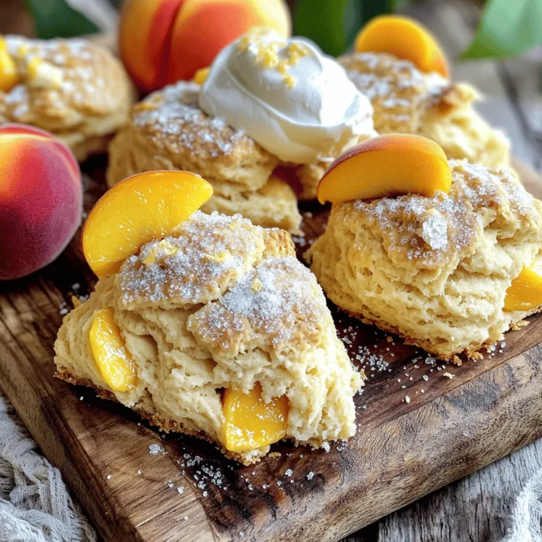 - 2 cups all-purpose flour - 1/4 cup granulated sugar - 1 tablespoon baking powder - 1/2 teaspoon baking soda - 1/4 teaspoon salt - 1/2 cup unsalted butter, cold and cubed - 1/2 cup buttermilk (or substitute with milk and vinegar) - 1 cup ripe peaches, diced - Zest of 1 lemon - 1 tablespoon fresh lemon juice - 1/2 teaspoon almond extract (optional) - 1 egg (beaten for egg wash) - Turbinado sugar (for topping) To make peach lemon scones, gather these ingredients. The flour is the base. Sugar adds sweetness, while baking powder and baking soda help them rise. Salt enhances the flavor. Cold butter creates a flaky texture. Buttermilk gives a nice tang, or you can mix milk with vinegar as a substitute. Ripe peaches are key for sweetness. The lemon zest adds a fresh note. Fresh lemon juice brightens the flavors. Almond extract is optional but adds depth. The beaten egg wash gives the scones a golden color. Finally, turbinado sugar on top adds a sweet crunch. - Additional spices (e.g., cinnamon, nutmeg) - Chopped nuts (e.g., almonds or pecans) Optional add-ins can take these scones to the next level. Spices like cinnamon or nutmeg can add warmth. Chopped nuts give a nice crunch and extra flavor. Feel free to get creative with these choices! For the full recipe, you can check out the detailed instructions. - Preheat oven to 400°F (200°C). - Prepare baking sheet with parchment paper. Start by heating the oven. This step is crucial. A hot oven helps the scones rise nicely. Next, line your baking sheet. Parchment paper will stop the scones from sticking. This makes clean-up easy too. - Combine flour, sugar, baking powder, baking soda, and salt. In a large bowl, mix the dry ingredients. Whisk together the flour, sugar, baking powder, baking soda, and salt. This step helps distribute the leavening agents evenly. An even mix gives your scones a good rise and texture. - Mix buttermilk, lemon zest, lemon juice, and almond extract. In a separate bowl, combine the wet ingredients. Stir together the buttermilk, lemon zest, lemon juice, and almond extract. Almond extract adds a special touch. It pairs well with the peach flavor. - Fold wet ingredients into dry, incorporate peaches, shape into a disc. Now, gently fold the wet mix into the dry mix. Use a spatula to combine them. Be careful not to overmix; this keeps the scones tender. Next, fold in the diced peaches. They will add sweetness and flavor. Finally, shape the dough into a disc about 1 inch thick. - Cut scones and arrange on baking sheet, brush with egg wash, sprinkle sugar. Use a sharp knife to cut the disc into wedges. You can also use a round cutter for round scones. Place them on the baking sheet. Brush each scone with beaten egg for a nice glaze. Sprinkle turbinado sugar on top for a sweet crunch. Bake for 15-20 minutes. Look for a golden color and a lovely smell to know they’re done. To make the best peach lemon scones, start with cold butter. Cold butter helps the scones rise and become flaky. Cut your butter into small cubes and keep it in the fridge until you're ready to use it. Next, don’t overmix the dough. When you combine the wet and dry ingredients, mix just until they come together. Overmixing makes the scones tough. These scones taste great on their own, but you can make them even better. Serve them with clotted cream or sweetened crème fraîche. This adds a rich, creamy texture. For a pretty touch, garnish your plate with fresh peach slices and mint. The colors will make your dish pop and impress your guests. If your scones don’t rise, it might be the baking powder. Check the freshness of your baking powder to make sure it’s active. If your scones are too dry, it’s time to adjust the buttermilk. Adding a bit more buttermilk can help create a moist scone. For the full recipe, you can refer to the earlier sections in this article. {{image_4}} You can easily change the fruit in this scone recipe. Try using blueberries or raspberries instead of peaches. Both fruits add a sweet and tangy taste that pairs well with lemon. You can also make these scones sweeter by adding a lemon glaze or icing on top. This will give each bite a burst of zesty flavor. Just mix powdered sugar with lemon juice to create a smooth glaze. Drizzle it over the warm scones for a lovely finish. If you're gluten-free, you can still enjoy these scones. Use almond flour or coconut flour as a substitute for all-purpose flour. The scones will still be soft and tasty. For a vegan option, switch to plant-based butter and non-dairy milk. This way, everyone can enjoy the peach lemon scones. They will be just as flaky and delicious as the original recipe. Don't forget to check the Full Recipe for more detailed steps and tips! To store your peach lemon scones in the fridge, place them in an airtight container. They can stay fresh for up to three days. Make sure they are completely cool before sealing them. This helps keep them from getting soggy. If you want to enjoy them later, just take them out and let them sit at room temperature for a bit. You can freeze scones for longer shelf life. Freeze them before baking for best results. Just place the raw scone dough on a baking sheet and freeze until hard, then transfer to a zip-top bag. You can also freeze baked scones. Place them in an airtight container or bag. They last well for up to three months. When you're ready to eat, just bake them straight from the freezer. To reheat scones, the best way is to use the oven. Preheat it to 350°F (175°C) and place scones on a baking sheet. Heat them for about 10 minutes. This helps keep them flaky. You can also use the microwave, but they might get soft. If you do use the microwave, heat for just 15-20 seconds. Enjoy your peach lemon scones warm for the best flavor! To make peach lemon scones at home, follow these simple steps. First, gather your ingredients. You will need flour, sugar, baking powder, baking soda, salt, cold butter, buttermilk, ripe peaches, lemon zest, lemon juice, almond extract, an egg, and turbinado sugar. 1. Preheat your oven to 400°F (200°C) and line a baking sheet with parchment paper. 2. In a bowl, mix the flour, sugar, baking powder, baking soda, and salt. 3. Cut in the cold butter until it looks like coarse crumbs. 4. In another bowl, whisk together the buttermilk, lemon zest, lemon juice, and almond extract. 5. Stir the wet mix into the dry mix. Be gentle to keep the dough soft. 6. Fold in the diced peaches. 7. Shape the dough into a disc and cut it into wedges. 8. Place the scones on the lined baking sheet, brush with egg, and sprinkle with sugar. 9. Bake for 15-20 minutes until golden brown. This method gives you soft, flaky scones that burst with peach and lemon flavor. You can find the full recipe above. Yes, you can use frozen peaches, but there are some tips. Frozen peaches often hold more water. This can make the dough too wet. To avoid this, you should thaw and drain the peaches first. Then, pat them dry with a paper towel. This keeps your scones from getting soggy. Fresh peaches are always best, but frozen can work just fine in a pinch. To know when scones are done, look for a few signs. First, check for a golden-brown color on the top. This shows they are cooked well. Also, the scones should feel firm when you gently press them. If they spring back, they are ready. Lastly, you can also check with a toothpick. Insert it into the center; if it comes out clean, your scones are done. Peach lemon scones pair well with many tasty options. You can serve them warm with clotted cream or sweetened crème fraîche. They also taste great with a drizzle of honey or a spread of fruit jam. For a lovely touch, add fresh peach slices or a sprig of mint to each plate. This makes your breakfast or tea time feel extra special. In this post, we explored how to make delicious peach lemon scones. We covered key ingredients, step-by-step instructions, and helpful tips. You learned about variations and storage options to keep your scones fresh. Baking can bring joy and tasty rewards. Enjoy making these scones with friends or family. Don't be afraid to experiment with flavors or ingredients. Scones are fun and easy to make. Enjoy every bite!