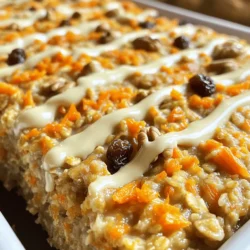 To make Baked Carrot Cake Oatmeal, you need some simple and healthy ingredients: - 2 cups rolled oats - 2 cups almond milk (or any milk you like) - 2 medium carrots, finely grated - 1/2 cup unsweetened applesauce - 1/4 cup pure maple syrup (adjust for sweetness) - 1 teaspoon pure vanilla extract - 1 teaspoon ground cinnamon - 1/2 teaspoon ground nutmeg - 1/2 teaspoon baking powder - 1/4 teaspoon salt - 1/2 cup raisins - 1/2 cup chopped walnuts or pecans (optional) - Cream cheese frosting (for a tasty topping) Each ingredient adds a special flair to the dish. Nutritional Benefits: - Carrots: They are rich in vitamins and fiber. This helps keep your eyes and skin healthy. - Rolled oats: They provide energy and help keep you full. Oats are great for heart health and can lower cholesterol. - Almond milk: This is low in calories and dairy-free. It’s a good choice for lactose-intolerant folks. - Applesauce: This adds moisture and natural sweetness. It can replace oil or sugar for a lighter dish. - Maple syrup: This natural sweetener is packed with minerals. It gives a nice flavor without too much sugar. Suggested Alternatives: - Use coconut milk if you want a creamier option. - Replace raisins with dried cranberries or chopped dates for a different taste. - If you don’t like nuts, skip them or use seeds instead. These changes can make your Baked Carrot Cake Oatmeal just right for you! For the full recipe, check out the details above. 1. Preheat the oven to 350°F (175°C). Grease an 8x8-inch baking dish lightly. 2. Mix the base: In a large bowl, combine rolled oats, grated carrots, applesauce, and almond milk. Stir well to mix. 3. Prepare the wet mix: In another bowl, whisk maple syrup, vanilla, cinnamon, nutmeg, baking powder, and salt. Make sure it is smooth. 4. Combine the mixes: Pour the wet mix into the oat mixture. Stir gently to avoid over-mixing. 5. Add extras: Fold in raisins and nuts if using. This gives a nice texture. 6. Transfer the mix: Spread the mixture evenly in the greased baking dish. 7. Bake: Place the dish in the oven and bake for 30-35 minutes. Look for a golden crust. 8. Cool and serve: Take it out of the oven and let it cool a bit before slicing. - Grating carrots: Use a box grater or food processor for quick grating. - Mixing techniques: Stir gently to keep the mixture light and fluffy. Over-mixing can make it dense. This section provides clear steps to make your baked carrot cake oatmeal. You can find the Full Recipe above to help you create this delightful morning treat! To make your baked carrot cake oatmeal just right, focus on texture and flavor. Here are some tips: - Use fresh carrots: Freshly grated carrots give a nice sweetness and moisture. - Precision in measurements: Use a kitchen scale for the oats and liquids. This ensures a perfect bake. - Mix well but gently: Over-mixing can make the oatmeal dense. Stir until combined, then stop. If you want to adjust the sweetness or spice levels, here are some ideas: - Sweetness: Use more or less maple syrup based on your taste. Applesauce also adds natural sweetness. - Spices: Add more cinnamon or nutmeg for extra warmth. A pinch of ginger can add depth too. For the best baking experience, consider these tools: - Mixing bowls: A large bowl for mixing and a smaller one for wet ingredients. - Baking dish: An 8x8 inch dish works well. Ensure it's greased for easy serving. - Spatula: A sturdy spatula helps mix without breaking the oats. These tips will guide you to create a delicious baked carrot cake oatmeal that everyone will enjoy. For the full recipe, see the previous section. {{image_4}} You can easily change up your baked carrot cake oatmeal. Here are some fun ideas to make it your own: - Adding Fruits and Nuts: You can mix in different fruits like diced apples, crushed pineapple, or even blueberries. Each fruit adds a new layer of taste. If you like nuts, try adding almonds, hazelnuts, or even sunflower seeds. They add crunch and flavor. - Incorporating Spices: Spice it up! You can add ginger, allspice, or cardamom to the mix. These spices can give your oatmeal a warm, cozy feel. Start with a little and taste as you go. - Dairy-Free or Gluten-Free Adjustments: To make this recipe dairy-free, use almond milk or coconut milk. For gluten-free options, choose certified gluten-free oats. This way, everyone can enjoy your delicious treat without worry. These variations let you explore new flavors while keeping the base recipe intact. Feel free to mix and match ingredients to find your perfect combination! For the full recipe, refer to the previous sections. To keep your baked carrot cake oatmeal fresh, use proper storage techniques. First, let it cool completely before storing. This helps prevent moisture buildup. - Best ways to store leftovers: Use airtight containers. Make sure to seal them well. This keeps the oatmeal moist and flavorful. You can store it in the fridge for up to five days. - Reheating instructions for optimal taste: To reheat, place a serving in a bowl. Add a splash of almond milk or water. Heat in the microwave for about 30-60 seconds. Stir and check the temperature. This keeps it creamy and delicious. - Tips on freezing for longer shelf life: If you want to freeze it, cut the oatmeal into portions. Wrap each piece tightly in plastic wrap. Then, place them in a freezer-safe bag. It can stay frozen for up to three months. When ready to eat, thaw it overnight in the fridge and reheat as mentioned above. These tips ensure your baked carrot cake oatmeal stays tasty and satisfying. You can enjoy it again and again! For the full recipe, check out the details above. What can I substitute for almond milk? You can use any milk you like. Cow's milk, soy milk, or oat milk works well too. Each type will change the flavor slightly, but all will make a tasty dish. How do I know when the oatmeal is fully baked? The oatmeal is done when it feels set and has a golden top. A toothpick inserted in the center should come out clean. If it comes out wet, bake it a bit longer. Can I make this recipe vegan-friendly? Yes, this recipe is easy to make vegan. Just use plant-based milk and skip the cream cheese frosting, or use a vegan version instead. What are the best toppings for this oatmeal? Great toppings include extra nuts, fresh fruit, or a drizzle of maple syrup. You can also add a dollop of yogurt for creaminess. How long will leftovers last in the fridge? Store leftovers in an airtight container. They will stay fresh for about 3 to 5 days. You can reheat slices in the microwave or oven for a warm treat. For the complete recipe, check out the Full Recipe for all the details! In this article, I covered how to make baked carrot cake oatmeal. We explored each ingredient and its health benefits. I provided simple steps for preparation, along with tips to enhance texture and flavor. Additionally, I shared ways to customize the recipe and storage methods for leftovers. Baked carrot cake oatmeal is not just tasty; it’s also a healthy choice. With some creativity, you can make it your own. Enjoy experimenting and happy baking!