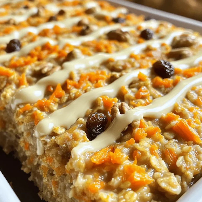 To make Baked Carrot Cake Oatmeal, you need some simple and healthy ingredients: - 2 cups rolled oats - 2 cups almond milk (or any milk you like) - 2 medium carrots, finely grated - 1/2 cup unsweetened applesauce - 1/4 cup pure maple syrup (adjust for sweetness) - 1 teaspoon pure vanilla extract - 1 teaspoon ground cinnamon - 1/2 teaspoon ground nutmeg - 1/2 teaspoon baking powder - 1/4 teaspoon salt - 1/2 cup raisins - 1/2 cup chopped walnuts or pecans (optional) - Cream cheese frosting (for a tasty topping) Each ingredient adds a special flair to the dish. Nutritional Benefits: - Carrots: They are rich in vitamins and fiber. This helps keep your eyes and skin healthy. - Rolled oats: They provide energy and help keep you full. Oats are great for heart health and can lower cholesterol. - Almond milk: This is low in calories and dairy-free. It’s a good choice for lactose-intolerant folks. - Applesauce: This adds moisture and natural sweetness. It can replace oil or sugar for a lighter dish. - Maple syrup: This natural sweetener is packed with minerals. It gives a nice flavor without too much sugar. Suggested Alternatives: - Use coconut milk if you want a creamier option. - Replace raisins with dried cranberries or chopped dates for a different taste. - If you don’t like nuts, skip them or use seeds instead. These changes can make your Baked Carrot Cake Oatmeal just right for you! For the full recipe, check out the details above. 1. Preheat the oven to 350°F (175°C). Grease an 8x8-inch baking dish lightly. 2. Mix the base: In a large bowl, combine rolled oats, grated carrots, applesauce, and almond milk. Stir well to mix. 3. Prepare the wet mix: In another bowl, whisk maple syrup, vanilla, cinnamon, nutmeg, baking powder, and salt. Make sure it is smooth. 4. Combine the mixes: Pour the wet mix into the oat mixture. Stir gently to avoid over-mixing. 5. Add extras: Fold in raisins and nuts if using. This gives a nice texture. 6. Transfer the mix: Spread the mixture evenly in the greased baking dish. 7. Bake: Place the dish in the oven and bake for 30-35 minutes. Look for a golden crust. 8. Cool and serve: Take it out of the oven and let it cool a bit before slicing. - Grating carrots: Use a box grater or food processor for quick grating. - Mixing techniques: Stir gently to keep the mixture light and fluffy. Over-mixing can make it dense. This section provides clear steps to make your baked carrot cake oatmeal. You can find the Full Recipe above to help you create this delightful morning treat! To make your baked carrot cake oatmeal just right, focus on texture and flavor. Here are some tips: - Use fresh carrots: Freshly grated carrots give a nice sweetness and moisture. - Precision in measurements: Use a kitchen scale for the oats and liquids. This ensures a perfect bake. - Mix well but gently: Over-mixing can make the oatmeal dense. Stir until combined, then stop. If you want to adjust the sweetness or spice levels, here are some ideas: - Sweetness: Use more or less maple syrup based on your taste. Applesauce also adds natural sweetness. - Spices: Add more cinnamon or nutmeg for extra warmth. A pinch of ginger can add depth too. For the best baking experience, consider these tools: - Mixing bowls: A large bowl for mixing and a smaller one for wet ingredients. - Baking dish: An 8x8 inch dish works well. Ensure it's greased for easy serving. - Spatula: A sturdy spatula helps mix without breaking the oats. These tips will guide you to create a delicious baked carrot cake oatmeal that everyone will enjoy. For the full recipe, see the previous section. {{image_4}} You can easily change up your baked carrot cake oatmeal. Here are some fun ideas to make it your own: - Adding Fruits and Nuts: You can mix in different fruits like diced apples, crushed pineapple, or even blueberries. Each fruit adds a new layer of taste. If you like nuts, try adding almonds, hazelnuts, or even sunflower seeds. They add crunch and flavor. - Incorporating Spices: Spice it up! You can add ginger, allspice, or cardamom to the mix. These spices can give your oatmeal a warm, cozy feel. Start with a little and taste as you go. - Dairy-Free or Gluten-Free Adjustments: To make this recipe dairy-free, use almond milk or coconut milk. For gluten-free options, choose certified gluten-free oats. This way, everyone can enjoy your delicious treat without worry. These variations let you explore new flavors while keeping the base recipe intact. Feel free to mix and match ingredients to find your perfect combination! For the full recipe, refer to the previous sections. To keep your baked carrot cake oatmeal fresh, use proper storage techniques. First, let it cool completely before storing. This helps prevent moisture buildup. - Best ways to store leftovers: Use airtight containers. Make sure to seal them well. This keeps the oatmeal moist and flavorful. You can store it in the fridge for up to five days. - Reheating instructions for optimal taste: To reheat, place a serving in a bowl. Add a splash of almond milk or water. Heat in the microwave for about 30-60 seconds. Stir and check the temperature. This keeps it creamy and delicious. - Tips on freezing for longer shelf life: If you want to freeze it, cut the oatmeal into portions. Wrap each piece tightly in plastic wrap. Then, place them in a freezer-safe bag. It can stay frozen for up to three months. When ready to eat, thaw it overnight in the fridge and reheat as mentioned above. These tips ensure your baked carrot cake oatmeal stays tasty and satisfying. You can enjoy it again and again! For the full recipe, check out the details above. What can I substitute for almond milk? You can use any milk you like. Cow's milk, soy milk, or oat milk works well too. Each type will change the flavor slightly, but all will make a tasty dish. How do I know when the oatmeal is fully baked? The oatmeal is done when it feels set and has a golden top. A toothpick inserted in the center should come out clean. If it comes out wet, bake it a bit longer. Can I make this recipe vegan-friendly? Yes, this recipe is easy to make vegan. Just use plant-based milk and skip the cream cheese frosting, or use a vegan version instead. What are the best toppings for this oatmeal? Great toppings include extra nuts, fresh fruit, or a drizzle of maple syrup. You can also add a dollop of yogurt for creaminess. How long will leftovers last in the fridge? Store leftovers in an airtight container. They will stay fresh for about 3 to 5 days. You can reheat slices in the microwave or oven for a warm treat. For the complete recipe, check out the Full Recipe for all the details! In this article, I covered how to make baked carrot cake oatmeal. We explored each ingredient and its health benefits. I provided simple steps for preparation, along with tips to enhance texture and flavor. Additionally, I shared ways to customize the recipe and storage methods for leftovers. Baked carrot cake oatmeal is not just tasty; it’s also a healthy choice. With some creativity, you can make it your own. Enjoy experimenting and happy baking!