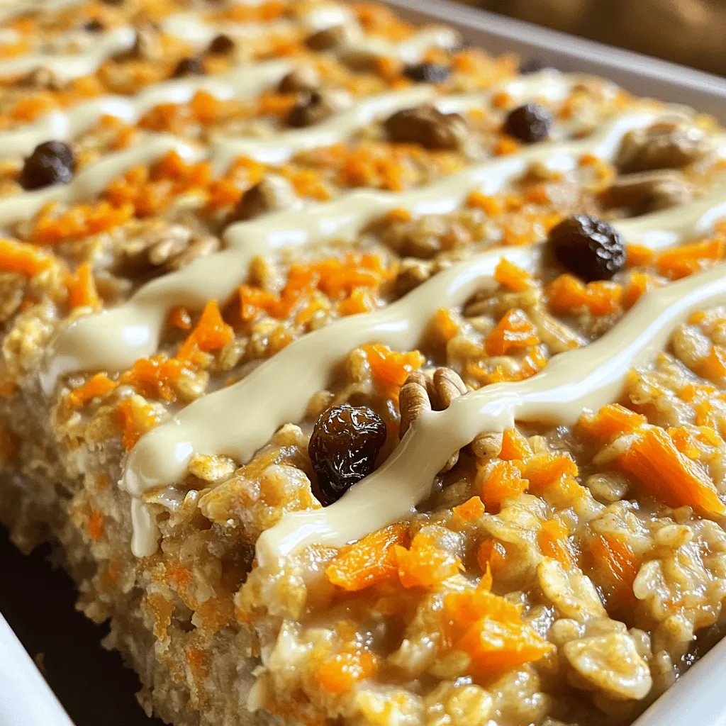 To make Baked Carrot Cake Oatmeal, you need some simple and healthy ingredients: - 2 cups rolled oats - 2 cups almond milk (or any milk you like) - 2 medium carrots, finely grated - 1/2 cup unsweetened applesauce - 1/4 cup pure maple syrup (adjust for sweetness) - 1 teaspoon pure vanilla extract - 1 teaspoon ground cinnamon - 1/2 teaspoon ground nutmeg - 1/2 teaspoon baking powder - 1/4 teaspoon salt - 1/2 cup raisins - 1/2 cup chopped walnuts or pecans (optional) - Cream cheese frosting (for a tasty topping) Each ingredient adds a special flair to the dish. Nutritional Benefits: - Carrots: They are rich in vitamins and fiber. This helps keep your eyes and skin healthy. - Rolled oats: They provide energy and help keep you full. Oats are great for heart health and can lower cholesterol. - Almond milk: This is low in calories and dairy-free. It’s a good choice for lactose-intolerant folks. - Applesauce: This adds moisture and natural sweetness. It can replace oil or sugar for a lighter dish. - Maple syrup: This natural sweetener is packed with minerals. It gives a nice flavor without too much sugar. Suggested Alternatives: - Use coconut milk if you want a creamier option. - Replace raisins with dried cranberries or chopped dates for a different taste. - If you don’t like nuts, skip them or use seeds instead. These changes can make your Baked Carrot Cake Oatmeal just right for you! For the full recipe, check out the details above. 1. Preheat the oven to 350°F (175°C). Grease an 8x8-inch baking dish lightly. 2. Mix the base: In a large bowl, combine rolled oats, grated carrots, applesauce, and almond milk. Stir well to mix. 3. Prepare the wet mix: In another bowl, whisk maple syrup, vanilla, cinnamon, nutmeg, baking powder, and salt. Make sure it is smooth. 4. Combine the mixes: Pour the wet mix into the oat mixture. Stir gently to avoid over-mixing. 5. Add extras: Fold in raisins and nuts if using. This gives a nice texture. 6. Transfer the mix: Spread the mixture evenly in the greased baking dish. 7. Bake: Place the dish in the oven and bake for 30-35 minutes. Look for a golden crust. 8. Cool and serve: Take it out of the oven and let it cool a bit before slicing. - Grating carrots: Use a box grater or food processor for quick grating. - Mixing techniques: Stir gently to keep the mixture light and fluffy. Over-mixing can make it dense. This section provides clear steps to make your baked carrot cake oatmeal. You can find the Full Recipe above to help you create this delightful morning treat! To make your baked carrot cake oatmeal just right, focus on texture and flavor. Here are some tips: - Use fresh carrots: Freshly grated carrots give a nice sweetness and moisture. - Precision in measurements: Use a kitchen scale for the oats and liquids. This ensures a perfect bake. - Mix well but gently: Over-mixing can make the oatmeal dense. Stir until combined, then stop. If you want to adjust the sweetness or spice levels, here are some ideas: - Sweetness: Use more or less maple syrup based on your taste. Applesauce also adds natural sweetness. - Spices: Add more cinnamon or nutmeg for extra warmth. A pinch of ginger can add depth too. For the best baking experience, consider these tools: - Mixing bowls: A large bowl for mixing and a smaller one for wet ingredients. - Baking dish: An 8x8 inch dish works well. Ensure it's greased for easy serving. - Spatula: A sturdy spatula helps mix without breaking the oats. These tips will guide you to create a delicious baked carrot cake oatmeal that everyone will enjoy. For the full recipe, see the previous section. {{image_4}} You can easily change up your baked carrot cake oatmeal. Here are some fun ideas to make it your own: - Adding Fruits and Nuts: You can mix in different fruits like diced apples, crushed pineapple, or even blueberries. Each fruit adds a new layer of taste. If you like nuts, try adding almonds, hazelnuts, or even sunflower seeds. They add crunch and flavor. - Incorporating Spices: Spice it up! You can add ginger, allspice, or cardamom to the mix. These spices can give your oatmeal a warm, cozy feel. Start with a little and taste as you go. - Dairy-Free or Gluten-Free Adjustments: To make this recipe dairy-free, use almond milk or coconut milk. For gluten-free options, choose certified gluten-free oats. This way, everyone can enjoy your delicious treat without worry. These variations let you explore new flavors while keeping the base recipe intact. Feel free to mix and match ingredients to find your perfect combination! For the full recipe, refer to the previous sections. To keep your baked carrot cake oatmeal fresh, use proper storage techniques. First, let it cool completely before storing. This helps prevent moisture buildup. - Best ways to store leftovers: Use airtight containers. Make sure to seal them well. This keeps the oatmeal moist and flavorful. You can store it in the fridge for up to five days. - Reheating instructions for optimal taste: To reheat, place a serving in a bowl. Add a splash of almond milk or water. Heat in the microwave for about 30-60 seconds. Stir and check the temperature. This keeps it creamy and delicious. - Tips on freezing for longer shelf life: If you want to freeze it, cut the oatmeal into portions. Wrap each piece tightly in plastic wrap. Then, place them in a freezer-safe bag. It can stay frozen for up to three months. When ready to eat, thaw it overnight in the fridge and reheat as mentioned above. These tips ensure your baked carrot cake oatmeal stays tasty and satisfying. You can enjoy it again and again! For the full recipe, check out the details above. What can I substitute for almond milk? You can use any milk you like. Cow's milk, soy milk, or oat milk works well too. Each type will change the flavor slightly, but all will make a tasty dish. How do I know when the oatmeal is fully baked? The oatmeal is done when it feels set and has a golden top. A toothpick inserted in the center should come out clean. If it comes out wet, bake it a bit longer. Can I make this recipe vegan-friendly? Yes, this recipe is easy to make vegan. Just use plant-based milk and skip the cream cheese frosting, or use a vegan version instead. What are the best toppings for this oatmeal? Great toppings include extra nuts, fresh fruit, or a drizzle of maple syrup. You can also add a dollop of yogurt for creaminess. How long will leftovers last in the fridge? Store leftovers in an airtight container. They will stay fresh for about 3 to 5 days. You can reheat slices in the microwave or oven for a warm treat. For the complete recipe, check out the Full Recipe for all the details! In this article, I covered how to make baked carrot cake oatmeal. We explored each ingredient and its health benefits. I provided simple steps for preparation, along with tips to enhance texture and flavor. Additionally, I shared ways to customize the recipe and storage methods for leftovers. Baked carrot cake oatmeal is not just tasty; it’s also a healthy choice. With some creativity, you can make it your own. Enjoy experimenting and happy baking!