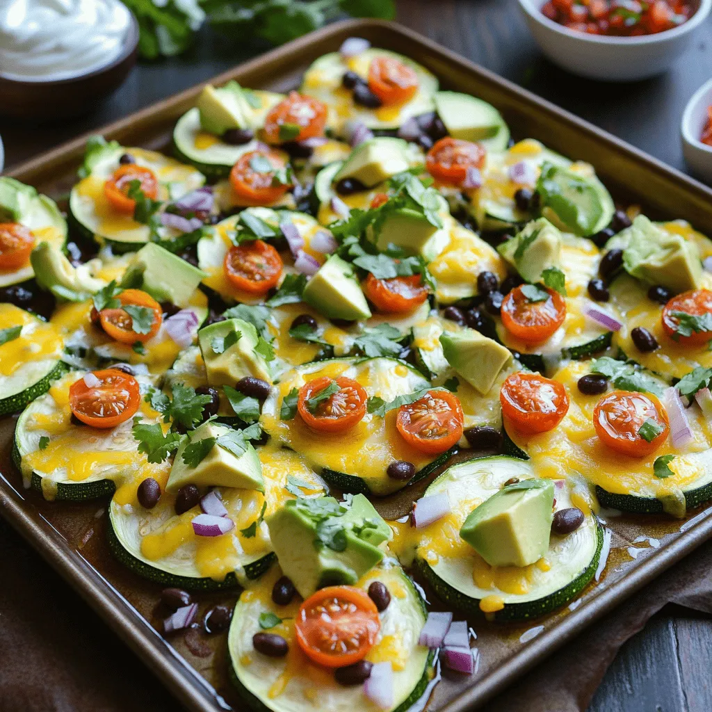 To make tasty zucchini nachos, you need key ingredients. Here’s what you will need: - 2 medium zucchinis, thinly sliced into rounds - 1 cup black beans, drained and rinsed - 1 cup cherry tomatoes, halved - 1 cup shredded cheese (cheddar or Mexican blend works best) - 1 jalapeño, sliced (optional for spice) - 1/2 cup corn (fresh or frozen) - 1 ripe avocado, diced - 1/4 cup red onion, finely chopped - 2 tablespoons extra virgin olive oil - 1 teaspoon ground cumin - 1 teaspoon smoked paprika - Salt and black pepper, to taste - Fresh cilantro, chopped, for garnish - Salsa and sour cream, for dipping These ingredients create a great base for your nachos. The zucchini acts as a healthy chip, while the toppings add rich flavors. You can boost the taste with extra ingredients. Here are some tasty options: - Sliced olives for a briny touch - Diced bell peppers for more crunch - Sriracha for extra heat - Greek yogurt as a lighter alternative to sour cream Feel free to mix and match these options. Customizing your nachos makes them unique and fun. Zucchini nachos are not only tasty but also nutritious. Here’s a quick look at their benefits: - Low in calories - High in fiber - Packed with vitamins A and C - A good source of protein from black beans Each serving offers a healthy twist on a classic snack. Enjoy your delicious and guilt-free treat! For the full recipe, check out the Zesty Zucchini Nachos. To start, gather your ingredients. You need fresh zucchini, black beans, tomatoes, cheese, and more. Slice the zucchini into thin rounds. This helps them cook evenly. In a bowl, mix the zucchini with olive oil, cumin, smoked paprika, salt, and pepper. Toss the zucchini well. This step adds flavor. Preheat your oven to 400°F (200°C). Line a baking sheet with parchment paper. This makes cleanup easy. Lay the zucchini slices in a single layer on the baking sheet. They can touch but should not pile up. Bake for about 15 minutes. The zucchini should soften but not brown. Once baked, take the sheet out. Spread black beans, corn, tomatoes, and jalapeños over the zucchini. Make sure to distribute them evenly. Now, sprinkle cheese all over the top. This is key for melty goodness. Return the baking sheet to the oven. Bake for another 10-12 minutes. Watch for the cheese to bubble and melt nicely. After baking, let the nachos cool for a minute. This helps set the toppings. Now, add diced avocado, red onion, and cilantro. These add freshness and color. Serve your zesty nachos warm. Don’t forget salsa and sour cream on the side for dipping. Enjoy this tasty and healthy snack! For the full recipe, check the complete instructions above. To make your zucchini nachos crispy, slice the zucchini thinly. Aim for about 1/4 inch thick. A sharp knife or a mandoline works best. After cutting, sprinkle salt on the slices to draw out moisture. Let them sit for 10-15 minutes, then pat them dry with paper towels. This helps remove excess water. Bake them in a single layer on a lined baking sheet. Avoid overcrowding the pan. If they overlap too much, they won’t crisp up well. For cheese, cheddar is a classic choice, but feel free to mix it up! Try a Mexican blend for a spicier kick. If you want a creamier option, use Monterey Jack. For a healthier choice, consider low-fat cheese or dairy-free alternatives. Nutritional yeast can also add a cheesy flavor without actual cheese. Sprinkle it on top before baking for a fun twist. Spicing up your nachos can elevate the flavor. Besides cumin and smoked paprika, consider adding chili powder or garlic powder. A squeeze of lime juice before serving can add brightness. If you love heat, add cayenne pepper or more jalapeños. Fresh herbs like cilantro or green onions can also add a nice touch. Don’t hesitate to customize the flavors to fit your taste! For more ideas, check out the Full Recipe. {{image_4}} You can easily make zucchini nachos vegetarian or vegan. For a vegetarian option, keep the cheese. Use a Mexican blend or cheddar for a rich taste. For a vegan version, swap the cheese for a plant-based substitute. Nutritional yeast adds a cheesy flavor without dairy. Want to add some heat? Slice a jalapeño and mix it with the zucchini. You can also sprinkle on red pepper flakes for more spice. If you like it fiery, try adding a few slices of serrano peppers. This adds a vibrant kick to every bite. Toppings can change the game for your zucchini nachos. Try adding cooked ground turkey or beef for a heartier meal. Black olives and green onions also work well for extra flavor. You can even top with a dollop of guacamole or a drizzle of hot sauce. Get creative with your favorites! For the full recipe, click [here](#). You can keep leftover zucchini nachos in an airtight container. Place them in the fridge for up to three days. To prevent sogginess, store the toppings separately. It helps keep the nachos crisp. To reheat, preheat your oven to 350°F (175°C). Place the nachos on a baking sheet. Heat for about 10 minutes or until warm. You can also use a microwave for a quicker option. Just heat them in short bursts to avoid rubbery cheese. Freezing zucchini nachos is easy for meal prep. First, let them cool completely. Then, place them in a freezer-safe container. They can last up to two months. To enjoy them later, thaw overnight in the fridge and reheat as mentioned above. For the best flavor, consider freezing toppings separately. Check out the Full Recipe for more details on preparation! Zucchini nachos are a tasty twist on traditional nachos. Instead of tortilla chips, you use thin slices of zucchini. You bake them until they are soft, then top them with cheese and other yummy ingredients. This dish is perfect for a healthy snack or party appetizer. You can enjoy all the flavors of nachos while keeping it light. Yes, you can prepare some parts in advance. You can slice the zucchini and store it in the fridge for a day. You can also mix the toppings together and keep them in a separate container. When you're ready to eat, just bake the zucchini and add the toppings. This way, you can save time. To keep zucchini from getting soggy, make sure to slice it thinly. Thin slices bake better and stay crisp. Also, season the zucchini and bake it first before adding the toppings. This helps remove extra moisture. Finally, make sure not to overcrowd the baking sheet. Give each slice room to cook evenly. Yes, zucchini nachos are naturally gluten-free! Since they use zucchini instead of chips, they are safe for those avoiding gluten. Just make sure that any toppings, like cheese or salsa, are also gluten-free. This way, everyone can enjoy this fun snack without worry. You can find a full recipe [here](#). Zucchini nachos are a fun and healthy twist on a classic snack. We covered key ingredients, step-by-step prep, and tips for crispiness. You can explore variations like spicy or vegetarian options to suit your taste. Remember to store leftovers correctly and reheat them for a tasty treat later. With these simple steps, you’ll enjoy crunchy, flavorful zucchini nachos. Try out the recipes and impress your friends and family with this great dish!