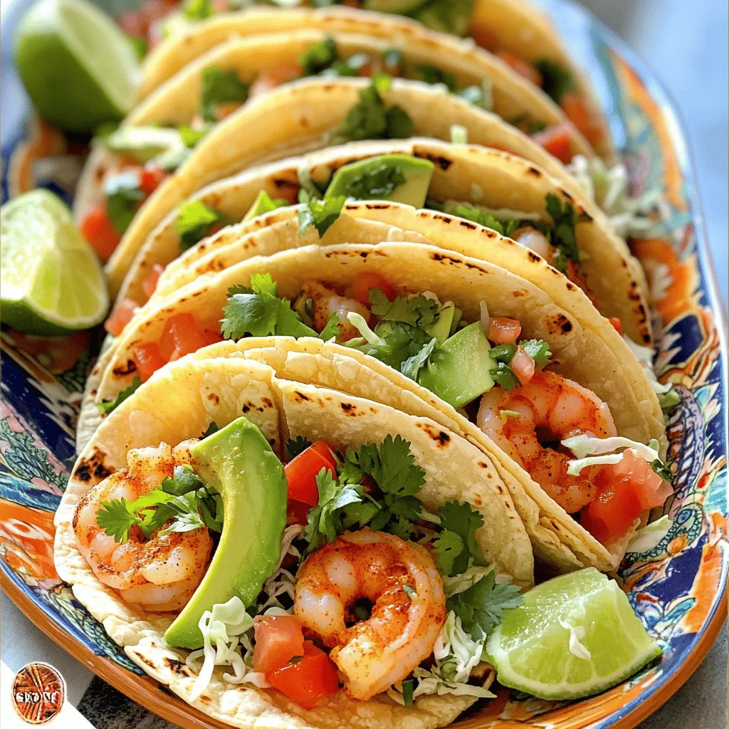 - 1 lb shrimp, peeled and deveined - 8 small corn tortillas - 1 cup green cabbage, shredded - 1 tablespoon olive oil - 1 teaspoon chili powder - 1 teaspoon ground cumin - 1/2 teaspoon garlic powder - Salt and freshly cracked black pepper, to taste - 1 ripe avocado, sliced - 1/2 cup tomatoes, diced - 1/4 cup fresh cilantro, chopped - 1 lime, cut into wedges - 1/4 cup sour cream or Greek yogurt (optional) When you make these shrimp tacos, fresh ingredients bring the dish to life. Start with 1 pound of shrimp. They should be peeled and deveined for the best flavor. Next, you’ll need 8 small corn tortillas. These are perfect for wrapping around all the tasty fillings. Lastly, grab 1 cup of shredded green cabbage. It adds a nice crunch and freshness. For seasonings, you'll use 1 tablespoon of olive oil to coat the shrimp. 1 teaspoon of chili powder adds a kick, while 1 teaspoon of ground cumin gives depth. Add 1/2 teaspoon of garlic powder for extra flavor. Don't forget salt and freshly cracked black pepper to taste. For toppings, prepare 1 ripe avocado, sliced for creaminess. Add 1/2 cup of diced tomatoes for color and taste. Use 1/4 cup of chopped fresh cilantro to brighten up the dish. Serve with 1 lime cut into wedges for a zesty finish. If you like, add 1/4 cup of sour cream or Greek yogurt for a creamy touch. This Full Recipe is perfect for a quick meal that bursts with flavor! To start, you need to marinate the shrimp. In a mixing bowl, combine: - 1 lb shrimp, peeled and deveined - 1 tablespoon olive oil - 1 teaspoon chili powder - 1 teaspoon ground cumin - 1/2 teaspoon garlic powder - Salt and freshly cracked black pepper, to taste Mix well so the shrimp are fully coated. Let it marinate for about 15 minutes. This step helps the flavors soak into the shrimp. Next, heat a non-stick skillet over medium-high heat. Once it is hot, add the marinated shrimp in a single layer. Cook the shrimp for about 2-3 minutes on each side. You want them to turn pink and opaque. Once they are fully cooked, remove them from the skillet and set aside. Now, it’s time to warm the corn tortillas. In the same skillet you used for the shrimp, heat the tortillas for about 30 seconds on each side. Make sure they stay pliable and do not become crispy. This step makes it easier to fold and enhances their flavor. Now, let’s assemble the tacos. Take each warm tortilla and place a generous amount of shredded green cabbage in the center. Add a few pieces of the cooked shrimp on top of the cabbage. Then, layer on diced tomatoes and slices of creamy avocado. To finish, sprinkle some fresh chopped cilantro over each taco. If you want, add a dollop of sour cream or Greek yogurt for creaminess. Serve the tacos with lime wedges on the side for a burst of freshness. Enjoy this quick and flavorful meal! For the full recipe, check out the details above. To get tender shrimp, cook them for just 2-3 minutes per side. You want them pink and opaque. Overcooking shrimp makes them tough and rubbery. Keep a close eye on them while they cook. If you see them start to curl up, they are almost done. You can add more spices to boost the shrimp's taste. Try adding smoked paprika or cayenne pepper for a kick. For creamy sauces, sour cream or Greek yogurt works well. You can mix them with lime juice and cilantro for a refreshing dip. For a great look, stack the tacos neatly on a colorful plate. Add lime wedges around them for brightness. A small bowl of chopped cilantro on the side lets guests add their own touch. This makes the meal feel special and inviting. {{image_4}} You can switch shrimp for other proteins. Chicken works great in tacos. Use grilled chicken or shredded rotisserie chicken for ease. Fish is another tasty choice. Try flaky white fish like cod or tilapia. For a vegetarian option, black beans are perfect. They add protein and flavor. You can mash them or keep them whole. Spice things up with variations. Add more chili powder for spicy shrimp tacos. You can also try smoked paprika for a smoky touch. For a sweet twist, add tropical fruits. Pineapple or mango chunks brighten the flavors. They contrast nicely with the savory shrimp. If you need gluten-free options, use lettuce wraps instead of tortillas. Romaine or iceberg lettuce works well. They add a nice crunch too. For vegans, swap shrimp for roasted veggies or tofu. Season them well for the best taste. Explore these ideas for a fresh take on tacos. For the full recipe, check the details above. Store leftover shrimp tacos in an airtight container. Place them in the fridge right away. This keeps them fresh and safe. Aim to eat them within 2 days. Shrimp can stay good for up to 3 days if stored properly. To reheat, warm the shrimp in a skillet over medium heat. This will keep them moist. For the tortillas, heat them in a dry pan. This step prevents sogginess. Warm them for about 30 seconds on each side. Yes, you can freeze shrimp tacos. However, it's best to freeze the shrimp and tortillas separately. Wrap the shrimp tightly in plastic wrap. Place them in a freezer-safe bag. For tortillas, stack them and wrap in foil. To thaw, place them in the fridge overnight. Reheat in a skillet when ready to eat. When choosing shrimp for tacos, both wild-caught and farmed shrimp work well. Wild-caught shrimp often have a stronger flavor. Farmed shrimp can be more affordable and easier to find. Fresh shrimp is the best choice when you can get it. It has great taste and texture. If fresh shrimp isn’t an option, frozen shrimp is a good alternative. Just make sure to thaw it properly before cooking. Yes, you can prep these tacos ahead of time. Marinate the shrimp and store it in the fridge. This lets the flavors mix well. You can cook the shrimp just before serving. If you want to assemble the tacos ahead of time, keep the shrimp and toppings separate. This way, the tortillas won’t get soggy. You can store the shrimp in the fridge for up to two days. Shrimp tacos pair nicely with several side dishes. Some great options are: - Black beans - Cilantro rice - Grilled corn - Fresh salsa For drinks, try pairing shrimp tacos with: - A light beer - A crisp white wine - Fresh limeade These options enhance the meal and create a fun dining experience. For the full recipe, check out the Quick & Zesty Shrimp Tacos section above. You can create a delicious shrimp taco meal with just a few simple steps. We covered the main ingredients, seasonings, and cooking methods. You also learned ways to enhance flavors and make each taco unique. Remember, you can swap shrimp for other proteins or even go vegetarian. Use the tips to store and reheat leftovers safely. Enjoy impressing friends and family with these tasty tacos anytime. Happy cooking!