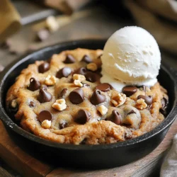 To make a delicious Chocolate Chip Cookie Skillet, gather these simple ingredients: - 1 cup all-purpose flour - 1/2 teaspoon baking powder - 1/4 teaspoon baking soda - 1/4 teaspoon fine sea salt - 1/2 cup unsalted butter, softened - 1/2 cup packed light brown sugar - 1/4 cup granulated sugar - 1 large egg - 1 teaspoon pure vanilla extract - 3/4 cup semi-sweet or dark chocolate chips - 1/4 cup chopped walnuts or pecans (optional) - Vanilla ice cream or whipped cream for serving (optional) To serve 42 people, you will need to adjust the measurements. Here’s the breakdown: - 7 cups all-purpose flour - 3 1/2 teaspoons baking powder - 1 3/4 teaspoons baking soda - 1 3/4 teaspoons fine sea salt - 3 1/2 cups unsalted butter, softened - 3 1/2 cups packed light brown sugar - 1 3/4 cups granulated sugar - 7 large eggs - 7 teaspoons pure vanilla extract - 5 1/4 cups semi-sweet or dark chocolate chips - 1 3/4 cups chopped walnuts or pecans (optional) - Vanilla ice cream or whipped cream for serving (optional) You can make this cookie skillet even better! Here are some fun add-ins to try: - Peanut butter chips for a nutty twist - Shredded coconut for tropical flavor - Dried fruit like cranberries or cherries for sweetness - A sprinkle of sea salt on top for contrast - White chocolate chips for a creamy touch These options let you customize the dish to fit your taste! Remember, these add-ins can change the flavor and texture, so have fun experimenting. For the full recipe, check the earlier section. Start by preheating your oven to 350°F (175°C). Grab a 10-inch cast-iron skillet or any oven-safe skillet. Grease it with a little butter to keep the cookie from sticking. This step is key for a smooth removal later. In a large bowl, cream together the softened butter, light brown sugar, and granulated sugar. Use a hand mixer or a strong whisk. Mix until the blend is smooth and creamy. Next, crack in one large egg and add the pure vanilla extract. Mix well until everything is combined. In another bowl, whisk together the all-purpose flour, baking powder, baking soda, and fine sea salt. Make sure there are no lumps. Gradually add this dry mix into the wet ingredients. Fold gently with a spatula until just combined. Overmixing can make the cookie tough. Now, fold in the chocolate chips and nuts if you want them. Transfer the dough into the greased skillet and spread it evenly. Bake for 25-30 minutes. Look for golden brown edges and a firm center. Once done, take it out and let it cool for about 10 minutes. Serve straight from the skillet or slice it up. Enjoy with vanilla ice cream for a treat! For the full recipe, check out the section above. Baking time is key for your chocolate chip cookie skillet. I bake it at 350°F (175°C). Check it after 25 minutes. You want golden edges and a soft center. If it looks too gooey, give it a few more minutes. Every oven is different, so watch closely to avoid burning. To get the best texture, don’t overmix your dough. Mix until just combined. The butter should be soft but not melted. This helps keep the cookie chewy. Also, let the dough rest for a bit before baking. This makes it easier to scoop and helps the flavors blend. For serving, scoop right from the skillet for a fun vibe. You can also slice it like a pie. Add a scoop of vanilla ice cream on top. A drizzle of chocolate syrup makes it extra special. If you want a crunch, sprinkle some nuts on top. For the full recipe, check the detailed instructions above. {{image_4}} You can mix up the flavor of your Chocolate Chip Cookie Skillet. Try adding peanut butter for a nutty twist. Just replace some of the butter with peanut butter. This change gives a rich taste that pairs well with chocolate. Another great option is coconut. Add shredded coconut for a tropical flavor. Both options bring new life to this classic dish. If you need a gluten-free version, use gluten-free flour. Look for a brand that works well in baking. Replace the all-purpose flour with this blend in the same amount. The results can be just as tasty. You may want to check that your chocolate chips are also gluten-free. This way, you won't miss out on any flavor. Toppings can change how the cookie skillet tastes. Try adding crushed nuts or a sprinkle of sea salt. A drizzle of caramel or chocolate sauce is also delicious. Serve it with vanilla ice cream or whipped cream. You can even top it with fresh fruit for a fun twist. These simple changes elevate your dessert and make it more exciting. For the full recipe, check out the details above. To store leftover cookie skillet, let it cool first. Cover it tightly with plastic wrap or transfer it to an airtight container. This helps keep it fresh. You can store it at room temperature for up to two days. If you want to keep it longer, refrigerate it for up to one week. When reheating your cookie skillet, you have options. For quick reheating, use the microwave. Heat a slice for about 10-15 seconds. For a crispy edge, use the oven. Preheat it to 350°F (175°C) and warm the skillet for about 10 minutes. This keeps that gooey center you love! Freezing the cookie skillet is easy. Cut it into squares before freezing. Wrap each piece in plastic wrap, then place them in a freezer bag. Label the bag with the date. It will stay fresh for up to three months. To enjoy, thaw it in the fridge overnight. Reheat as needed. You won’t lose that delicious flavor! Baking the Chocolate Chip Cookie Skillet takes about 25 to 30 minutes. Keep an eye on it. Look for golden brown edges and a set center. This shows it is ready. If you bake it too long, the cookie may dry out. So, check it a few minutes early. Yes, you can use different types of chocolate! Feel free to mix semi-sweet, dark, or even milk chocolate chips. You can also use white chocolate for a fun twist. Each type adds a unique taste. Try mixing them for extra flavor. The best way to serve a cookie skillet is right from the pan. You can scoop it with a spoon for a rustic look. Alternatively, slice it into wedges for a neater presentation. Top with vanilla ice cream or whipped cream for a tasty treat. Enjoy every gooey bite! For the full recipe, check the detailed steps above. In this blog post, we explored the key ingredients for the perfect Chocolate Chip Cookie Skillet. You learned precise measurements for 42 servings, optional add-ins, and vital baking tips. We covered storage methods and tasty variations to keep things exciting. Make this dessert your own with flavors you love. Enjoy making it and sharing with friends and family! Your cookie skillet can be a fun treat for any occasion.